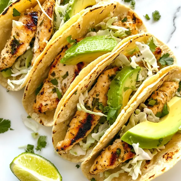 To make these tasty tacos, you need fresh and simple ingredients. Here’s what you will need: - 2 boneless, skinless chicken breasts - 1/4 cup fresh lime juice (about 2 limes) - 1/4 cup fresh cilantro, chopped - 2 cloves garlic, minced - 1 teaspoon cumin - 1 teaspoon chili powder - 1/2 teaspoon salt - 1/4 teaspoon black pepper - 8 small corn tortillas Each ingredient adds its own flavor. The lime juice gives a tangy kick. Cilantro adds freshness. Garlic brings warmth, while cumin and chili powder add depth. You can make your tacos even better with some toppings. Here are a few ideas: - 1 cup shredded cabbage - 1 avocado, sliced - Lime wedges for serving - Salsa for a spicy touch Feel free to mix and match toppings. They can add crunch and creaminess to your tacos. Having the right tools can make cooking easier. Here’s what I recommend: - Medium bowl for mixing the marinade - Zip-top bag for marinating the chicken - Grill or grill pan for cooking - Sharp knife for slicing chicken - Cutting board for prep Using these tools will help you prepare and serve your tacos efficiently. {{ingredient_image_1}} To start, grab a medium bowl. You will mix together the fresh lime juice, chopped cilantro, and minced garlic. Add the cumin, chili powder, salt, and black pepper. Stir this mix well. This marinade packs a lot of flavor. It will really make your chicken shine. Next, take your chicken breasts. Place them in a zip-top bag. Pour the marinade over the chicken. Seal the bag tightly, then shake it gently. You want to coat every inch of the chicken. Let it sit in the refrigerator. For best results, marinate for at least 30 minutes. If you have time, two hours is even better. This step builds deep flavor. Now, it's time to grill. Preheat your grill or grill pan to medium-high heat. Take the chicken out of the bag and throw away the marinade. Grill the chicken for about 6 to 7 minutes on each side. Make sure the inside reaches 165°F (75°C). Once cooked, let it rest for 5 minutes. While it rests, warm your corn tortillas on the grill for about 30 seconds on each side. Slice the grilled chicken into thin strips. Now, it’s time to assemble your tacos. Place a few chicken strips on each tortilla. Top them with shredded cabbage and a slice of avocado. Add any other toppings you like. Serve right away with lime wedges and salsa on the side. Enjoy every bite! To get juicy grilled chicken, start with a good marinade. I use fresh lime juice, cilantro, and garlic. This mix adds bright flavor. Let your chicken marinate for at least 30 minutes. For better taste, marinate for two hours. When grilling, preheat your grill to medium-high heat. This helps create nice grill marks. Grill each side for 6-7 minutes. Always check that the chicken reaches 165°F. Let it rest for five minutes before slicing. This keeps it tender. Warming tortillas makes them soft and easy to fold. I like to grill them for about 30 seconds on each side. If you don’t have a grill, a skillet works great too. Heat the skillet over medium heat. Place the tortilla in the skillet and warm it up. This method gives a nice toasty flavor. You can also wrap them in a damp paper towel and microwave for 20-30 seconds. Just be careful not to overheat them. To make your tacos even better, try adding toppings. Shredded cabbage gives a nice crunch. Sliced avocado adds creaminess. You can also include fresh salsa or lime wedges on the side. If you like spice, add jalapeños or hot sauce. Fresh herbs like more cilantro or green onions can enhance the taste too. Each topping adds its own unique flavor. Mix and match to find your favorite! Pro Tips Marinate Longer for More Flavor: For the best flavor, marinate the chicken for at least 2 hours, or overnight if possible. This allows the spices and lime juice to penetrate the meat thoroughly. Use Fresh Ingredients: Always opt for fresh cilantro and limes. Fresh herbs and citrus will enhance the zesty flavor of your tacos significantly. Perfectly Grilled Chicken: To ensure even cooking, let the chicken come to room temperature before grilling. This helps the chicken cook more evenly and prevents it from becoming tough. Taco Assembly Tips: Warm your tortillas just before serving to keep them pliable. You can also wrap them in a clean kitchen towel to retain heat while you finish assembling your tacos. {{image_2}} You can swap chicken for other proteins. Try beef, pork, or shrimp. Each option brings a new flavor. For beef, use flank steak for great taste. For pork, think about tenderloin or shoulder. Shrimp cooks fast and soaks up the marinade well. Just remember to adjust cooking times for each protein. If you want a meat-free taco, I suggest using grilled vegetables. Zucchini, bell peppers, and mushrooms work well. For a protein boost, try black beans or lentils. Marinate them like chicken and grill until tender. You can also use tofu for a hearty option. Just press it first to remove excess water. Switching up herbs and spices can create unique flavors. For a fresh taste, use parsley or basil instead of cilantro. Try adding oregano for a Mediterranean twist. If you like heat, add jalapeños or cayenne pepper. Experiment with smoked paprika for a deeper flavor. The key is to find what you enjoy most. After enjoying your tacos, store leftovers in an airtight container. Keep the chicken and tortillas separate. This helps maintain the taco's texture. Refrigerate them for up to three days. If you have leftover toppings, store them in small containers. To reheat the chicken, use a skillet over medium heat. Add a splash of water to keep it moist. Heat for about five minutes or until warm. For the tortillas, warm them on the stove for about 30 seconds per side. This keeps them soft and pliable. You can freeze the grilled chicken for later use. Wrap it tightly in plastic wrap, then place it in a freezer bag. It can last up to three months. When ready to use, thaw it in the fridge overnight. Reheat as mentioned above to enjoy your tacos again! You can serve many tasty sides with Cilantro Lime Chicken Tacos. Here are some ideas: - Mexican rice: This adds a nice flavor and texture. - Black beans: They are healthy and filling. - Corn salad: Fresh corn pairs well with the zesty tacos. - Guacamole: Creamy avocado adds richness. - Salsa: Choose your favorite type for extra zest. These sides will make your meal even more delicious and fun! Yes, you can use various tortillas for your tacos. Here are some options: - Flour tortillas: They are soft and easy to fold. - Whole wheat tortillas: A healthier choice with great flavor. - Lettuce wraps: For a low-carb option, try large lettuce leaves. - Taco shells: Crunchy shells add a fun texture. Feel free to mix and match based on your taste! The marinade will stay fresh in the refrigerator for up to two days. Make sure to store it in a sealed container. If you have leftover marinade, you can use it to flavor veggies or other proteins. Just remember, never reuse marinade that has touched raw chicken to keep things safe. You now have a full plan for making Cilantro Lime Chicken Tacos. We covered the key ingredients, how to prepare the chicken, and the best ways to grill it. I shared tips for excellent flavor and texture and offered various options for proteins and storage. Remember, you can customize these tacos to your taste. Enjoy experimenting with different sides and toppings. With practice, your tacos will impress everyone. Happy cooking!