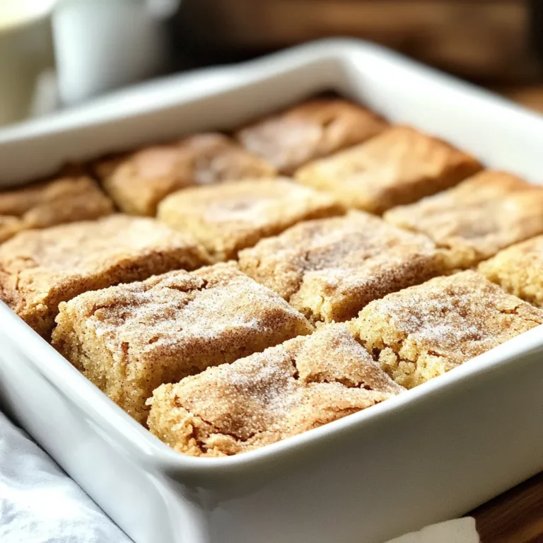 - 1 cup unsalted butter, melted - 1 ¾ cups brown sugar, packed - 2 large eggs - 2 teaspoons vanilla extract - 2 cups all-purpose flour - 1 teaspoon baking powder - ½ teaspoon baking soda - ½ teaspoon salt - 1 tablespoon ground cinnamon - ½ cup granulated sugar (for topping) For perfect blondies, use exact amounts. Measure 1 cup of melted butter. Pack 1 ¾ cups of brown sugar tightly in the cup. Use 2 large eggs for richness. Measure 2 teaspoons of vanilla for flavor. Use 2 cups of all-purpose flour for structure. Add 1 teaspoon of baking powder to help them rise. Use ½ teaspoon of baking soda for extra lift. Measure ½ teaspoon of salt for balance. Add 1 tablespoon of ground cinnamon for that warm spice. Finally, use ½ cup of granulated sugar for the sweet topping. Using high-quality butter makes your blondies rich and flavorful. Opt for fresh, organic eggs to enhance taste. Use pure vanilla extract instead of imitation for better flavor. Choose all-purpose flour that is fresh and finely milled. For the best results, use light brown sugar. It adds moisture and a deep flavor. Fresh ground cinnamon will give a stronger taste than older spices. These choices will make your blondies truly irresistible! {{ingredient_image_1}} Start by preheating your oven to 350°F (175°C). Grease a 9x13-inch baking pan or line it with parchment paper. In a large bowl, mix the melted butter and brown sugar. Use a whisk to combine them until smooth. Next, add the eggs one by one. Mix well after each egg. Then, stir in the vanilla extract. In another bowl, whisk together the flour, baking powder, baking soda, salt, and ground cinnamon. Gradually add this dry mix to the wet ingredients. Stir until just combined; stop mixing as soon as there are no flour streaks. Pour the batter into your prepared pan. Spread it evenly so it bakes well. Now, in a small bowl, combine the granulated sugar and an extra tablespoon of cinnamon. Sprinkle this mixture generously over the batter. Bake in the oven for 20-25 minutes. Check for doneness by inserting a toothpick into the center. If it comes out clean, your blondies are ready! Once baked, let the blondies cool in the pan for at least 10 minutes. This helps them set and makes them easier to slice. After cooling, use a sharp knife to cut them into squares. For serving, you can add a scoop of vanilla ice cream or drizzle some icing on top. Dust with extra cinnamon for a nice touch! To keep your blondies soft, mix the batter gently. When adding dry ingredients, stir until just combined. You want to see some flour bits. This helps the blondies stay chewy and not tough. Ovens can vary. Check your blondies at 20 minutes. If the edges look golden and a toothpick comes out clean, they are done. If not, bake for another 2-5 minutes. Keep a close eye to avoid overbaking. For the best texture, let your blondies cool in the pan for 10 minutes. This helps them set up properly. After cooling, slice them into squares for a soft and chewy treat. A warm blondie with ice cream is hard to resist! Pro Tips Use Room Temperature Eggs: Using eggs that are at room temperature helps them incorporate better into the batter, leading to a lighter texture in your blondies. Don't Overmix: Mix until just combined to avoid tough blondies. Overmixing can develop the gluten in the flour, making them dense. Experiment with Add-ins: Add chocolate chips, nuts, or dried fruit to customize your blondies and add extra flavor and texture. Cool Before Cutting: Let the blondies cool completely in the pan before slicing. This ensures cleaner cuts and prevents them from falling apart. {{image_2}} You can add nuts to your blondies for a crunch. Walnuts or pecans work well. Chop them coarsely and mix them in with the batter. This adds a nice texture and flavor. Nuts give your blondies a warm, nutty taste that pairs well with cinnamon. For a chocolatey twist, add chocolate chips. Use semi-sweet or dark chocolate. Fold in one cup of chips into the batter before pouring it into the pan. Then, sprinkle the cinnamon sugar on top. The blend of sweet chocolate and cinnamon is simply amazing! If you need gluten-free blondies, substitute the all-purpose flour. Use a gluten-free blend instead. Look for blends that include xanthan gum for the best texture. This way, you can enjoy blondies that are safe for gluten-sensitive diets, without losing flavor. Store your cinnamon sugar blondies in an airtight container. This keeps them fresh and moist. Place a piece of parchment paper between layers to stop sticking. Keep them at room temperature for up to three days. If you want them to last longer, consider refrigeration. Blondies can last for a week in the fridge. Just remember, they taste best at room temp. To freeze blondies, first let them cool completely. Cut them into squares for easy serving. Wrap each square in plastic wrap. Then, place them in a freezer-safe bag. They can be stored in the freezer for up to three months. When you want to enjoy them, just take out what you need. Let them thaw in the fridge or on the counter. To reheat your blondies, preheat your oven to 350°F (175°C). Place the blondies on a baking sheet. Cover them with foil to keep them moist. Heat for about 10 minutes. You can also use a microwave for a faster option. Heat them for about 15-20 seconds. Both methods will bring back their soft, chewy goodness. Enjoy them warm with a scoop of ice cream! Yes, you can swap white sugar for brown sugar. However, this change will alter the taste and texture. Brown sugar has more moisture and adds a rich flavor. If you use white sugar, your blondies may be less chewy and have a lighter taste. To mimic brown sugar, add a tablespoon of molasses to your white sugar. To cut blondies well, let them cool for at least 10 minutes. Use a sharp knife for clean edges. For neat cuts, run the knife under hot water and dry it before slicing. This method helps avoid crumbs and keeps the blondies looking nice. You can also line your pan with parchment paper. This makes lifting the blondies out easier. Check if the edges are golden brown. Insert a toothpick into the center. If it comes out clean or with a few moist crumbs, they are done. Keep in mind, blondies continue to cook after you take them out. So, it's better to slightly underbake than to overbake. This way, you get a soft and chewy texture. In this blog post, we explored how to create tasty blondies. We covered the right ingredients, from specific measurements to quality. The step-by-step instructions guide you through making the batter, baking, and cooling. I shared tips to get the best texture and baking time adjustments. You also learned fun variations and how to store your blondies properly. Remember, each step makes a difference for great blondies. Enjoy your baking journey!