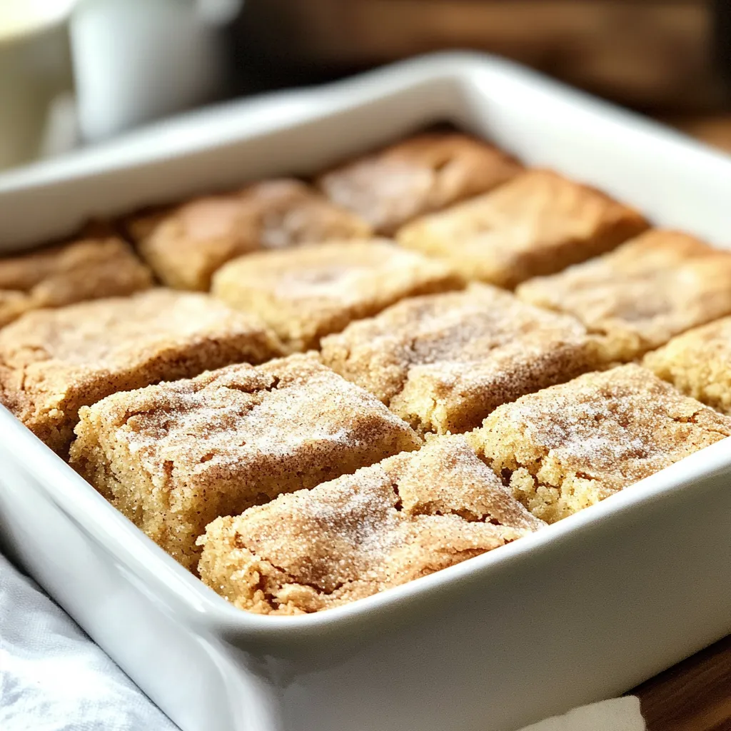 - 1 cup unsalted butter, melted - 1 ¾ cups brown sugar, packed - 2 large eggs - 2 teaspoons vanilla extract - 2 cups all-purpose flour - 1 teaspoon baking powder - ½ teaspoon baking soda - ½ teaspoon salt - 1 tablespoon ground cinnamon - ½ cup granulated sugar (for topping) For perfect blondies, use exact amounts. Measure 1 cup of melted butter. Pack 1 ¾ cups of brown sugar tightly in the cup. Use 2 large eggs for richness. Measure 2 teaspoons of vanilla for flavor. Use 2 cups of all-purpose flour for structure. Add 1 teaspoon of baking powder to help them rise. Use ½ teaspoon of baking soda for extra lift. Measure ½ teaspoon of salt for balance. Add 1 tablespoon of ground cinnamon for that warm spice. Finally, use ½ cup of granulated sugar for the sweet topping. Using high-quality butter makes your blondies rich and flavorful. Opt for fresh, organic eggs to enhance taste. Use pure vanilla extract instead of imitation for better flavor. Choose all-purpose flour that is fresh and finely milled. For the best results, use light brown sugar. It adds moisture and a deep flavor. Fresh ground cinnamon will give a stronger taste than older spices. These choices will make your blondies truly irresistible! {{ingredient_image_1}} Start by preheating your oven to 350°F (175°C). Grease a 9x13-inch baking pan or line it with parchment paper. In a large bowl, mix the melted butter and brown sugar. Use a whisk to combine them until smooth. Next, add the eggs one by one. Mix well after each egg. Then, stir in the vanilla extract. In another bowl, whisk together the flour, baking powder, baking soda, salt, and ground cinnamon. Gradually add this dry mix to the wet ingredients. Stir until just combined; stop mixing as soon as there are no flour streaks. Pour the batter into your prepared pan. Spread it evenly so it bakes well. Now, in a small bowl, combine the granulated sugar and an extra tablespoon of cinnamon. Sprinkle this mixture generously over the batter. Bake in the oven for 20-25 minutes. Check for doneness by inserting a toothpick into the center. If it comes out clean, your blondies are ready! Once baked, let the blondies cool in the pan for at least 10 minutes. This helps them set and makes them easier to slice. After cooling, use a sharp knife to cut them into squares. For serving, you can add a scoop of vanilla ice cream or drizzle some icing on top. Dust with extra cinnamon for a nice touch! To keep your blondies soft, mix the batter gently. When adding dry ingredients, stir until just combined. You want to see some flour bits. This helps the blondies stay chewy and not tough. Ovens can vary. Check your blondies at 20 minutes. If the edges look golden and a toothpick comes out clean, they are done. If not, bake for another 2-5 minutes. Keep a close eye to avoid overbaking. For the best texture, let your blondies cool in the pan for 10 minutes. This helps them set up properly. After cooling, slice them into squares for a soft and chewy treat. A warm blondie with ice cream is hard to resist! Pro Tips Use Room Temperature Eggs: Using eggs that are at room temperature helps them incorporate better into the batter, leading to a lighter texture in your blondies. Don't Overmix: Mix until just combined to avoid tough blondies. Overmixing can develop the gluten in the flour, making them dense. Experiment with Add-ins: Add chocolate chips, nuts, or dried fruit to customize your blondies and add extra flavor and texture. Cool Before Cutting: Let the blondies cool completely in the pan before slicing. This ensures cleaner cuts and prevents them from falling apart. {{image_2}} You can add nuts to your blondies for a crunch. Walnuts or pecans work well. Chop them coarsely and mix them in with the batter. This adds a nice texture and flavor. Nuts give your blondies a warm, nutty taste that pairs well with cinnamon. For a chocolatey twist, add chocolate chips. Use semi-sweet or dark chocolate. Fold in one cup of chips into the batter before pouring it into the pan. Then, sprinkle the cinnamon sugar on top. The blend of sweet chocolate and cinnamon is simply amazing! If you need gluten-free blondies, substitute the all-purpose flour. Use a gluten-free blend instead. Look for blends that include xanthan gum for the best texture. This way, you can enjoy blondies that are safe for gluten-sensitive diets, without losing flavor. Store your cinnamon sugar blondies in an airtight container. This keeps them fresh and moist. Place a piece of parchment paper between layers to stop sticking. Keep them at room temperature for up to three days. If you want them to last longer, consider refrigeration. Blondies can last for a week in the fridge. Just remember, they taste best at room temp. To freeze blondies, first let them cool completely. Cut them into squares for easy serving. Wrap each square in plastic wrap. Then, place them in a freezer-safe bag. They can be stored in the freezer for up to three months. When you want to enjoy them, just take out what you need. Let them thaw in the fridge or on the counter. To reheat your blondies, preheat your oven to 350°F (175°C). Place the blondies on a baking sheet. Cover them with foil to keep them moist. Heat for about 10 minutes. You can also use a microwave for a faster option. Heat them for about 15-20 seconds. Both methods will bring back their soft, chewy goodness. Enjoy them warm with a scoop of ice cream! Yes, you can swap white sugar for brown sugar. However, this change will alter the taste and texture. Brown sugar has more moisture and adds a rich flavor. If you use white sugar, your blondies may be less chewy and have a lighter taste. To mimic brown sugar, add a tablespoon of molasses to your white sugar. To cut blondies well, let them cool for at least 10 minutes. Use a sharp knife for clean edges. For neat cuts, run the knife under hot water and dry it before slicing. This method helps avoid crumbs and keeps the blondies looking nice. You can also line your pan with parchment paper. This makes lifting the blondies out easier. Check if the edges are golden brown. Insert a toothpick into the center. If it comes out clean or with a few moist crumbs, they are done. Keep in mind, blondies continue to cook after you take them out. So, it's better to slightly underbake than to overbake. This way, you get a soft and chewy texture. In this blog post, we explored how to create tasty blondies. We covered the right ingredients, from specific measurements to quality. The step-by-step instructions guide you through making the batter, baking, and cooling. I shared tips to get the best texture and baking time adjustments. You also learned fun variations and how to store your blondies properly. Remember, each step makes a difference for great blondies. Enjoy your baking journey!
