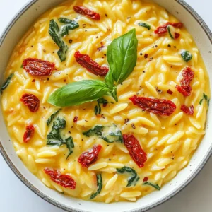 For this creamy sun-dried tomato orzo, gather these key ingredients: - 1 cup orzo pasta - 2 cups vegetable broth - 1/2 cup sun-dried tomatoes, chopped - 1 cup spinach, chopped - 1/2 cup heavy cream - 1/3 cup grated Parmesan cheese - 2 cloves garlic, minced - 1 tablespoon olive oil - Salt and pepper to taste - Fresh basil, for garnish You can swap ingredients to fit your tastes or needs: - Use chicken broth instead of vegetable broth for added flavor. - Try whole wheat orzo for a healthier option. - Replace heavy cream with coconut cream for a lighter dish. - If you don’t have sun-dried tomatoes, fresh tomatoes add a nice touch. - Consider nutritional yeast if you want a dairy-free cheese option. This dish is not only tasty but also packed with nutrients: - Each serving contains about 300-350 calories. - It provides a good source of protein from the cheese and orzo. - Spinach adds vitamins A and C, along with iron. - The olive oil gives healthy fats, which support heart health. These ingredients make creamy sun-dried tomato orzo a delicious meal that’s easy to prepare. Feel free to experiment with flavors and toppings to make this dish your own! {{ingredient_image_1}} To make creamy sun-dried tomato orzo, you need to gather your ingredients. Here’s what you will need: - 1 cup orzo pasta - 2 cups vegetable broth - 1/2 cup sun-dried tomatoes, chopped - 1 cup spinach, chopped - 1/2 cup heavy cream - 1/3 cup grated Parmesan cheese - 2 cloves garlic, minced - 1 tablespoon olive oil - Salt and pepper to taste - Fresh basil, for garnish Make sure you have a medium saucepan ready for cooking. 1. Sauté the Garlic: Heat the olive oil in your saucepan over medium heat. Add the minced garlic and cook for about 1 minute. The garlic should smell good but not brown. 2. Add Sun-Dried Tomatoes: Mix in the chopped sun-dried tomatoes. Cook for 2 to 3 minutes until they soften a bit. This step adds great flavor. 3. Toast the Orzo: Stir in the orzo pasta. Toast it for 1 minute while stirring. This helps the orzo absorb all the flavors. 4. Add Broth and Boil: Pour in the vegetable broth. Bring this mixture to a boil. Watch closely so it doesn’t boil over. 5. Simmer the Orzo: Once boiling, lower the heat. Cover the pan and let it simmer for 10 to 12 minutes. Stir occasionally until the orzo is al dente and most of the broth is gone. 6. Add Spinach: After cooking, mix in the chopped spinach. Cook for an extra 2 minutes until the spinach wilts. This gives the dish a nice green color. 7. Make it Creamy: Remove the pan from heat. Gently stir in the heavy cream and grated Parmesan cheese. Keep mixing until it’s creamy and well mixed. 8. Season: Add salt and pepper to taste. Make sure to taste it so you get the flavors just right. 9. Serve: Serve the orzo hot. Top with fresh basil leaves for a pop of color and flavor. - Watch the Time: Orzo cooks quickly, so keep an eye on it to avoid mushiness. - Stir Often: Stirring helps prevent sticking to the bottom of the pan. - Season Well: The broth adds flavor, but don't forget to season at the end. A little salt and pepper can make a big difference. To boost the taste of your creamy sun-dried tomato orzo, start with fresh garlic. Mince it finely for a strong flavor. Toast the orzo in olive oil for a minute. This brings out a nutty taste. Add more sun-dried tomatoes if you like it rich. A splash of lemon juice at the end gives a nice zing. You can also try adding a pinch of red pepper flakes for a bit of heat. One common mistake is overcooking the orzo. Keep an eye on the time and stir often. If you add the cream too soon, it can curdle. Wait until the orzo has absorbed most of the broth. Don’t skip seasoning with salt and pepper. It makes a big difference in taste. Lastly, avoid using low-quality sun-dried tomatoes. They can be tough and bland. Always choose high-quality ingredients for the best flavor. Use fresh garlic and bright sun-dried tomatoes packed in oil. Select a rich, creamy heavy cream for a luscious sauce. Look for a good Parmesan cheese; it should be sharp and flavorful. Fresh spinach adds a pop of color and nutrition. Don’t forget fresh basil for garnishing. It adds a lovely aroma and freshness to your dish. Pro Tips Use Quality Broth: For the best flavor, use a high-quality vegetable broth or homemade broth if possible. Adjust Creaminess: If you prefer a lighter dish, you can reduce the amount of heavy cream or substitute it with half-and-half. Extra Flavor Boost: Add a pinch of red pepper flakes when sautéing the garlic for a hint of heat. Herb Variations: Experiment with different herbs like thyme or oregano for added depth of flavor. {{image_2}} You can change up the veggies in your creamy sun-dried tomato orzo. Try adding bell peppers for a sweet crunch. Zucchini gives a nice texture, while mushrooms add umami. You can also mix in peas or broccoli for more color. Just sauté the veggies with the garlic. This keeps them fresh and tasty. Adding protein makes this dish heartier. You can use cooked chicken for a classic touch. Shrimp cooks quickly and adds a nice flavor. If you want a plant-based option, try tofu. Press the tofu to remove extra water, then cube it. Cook the protein in the pan before adding garlic. This way, it gets a nice sear. To make this dish vegan, swap the heavy cream for coconut cream. Use nutritional yeast instead of Parmesan for a cheesy flavor. You can also choose vegetable broth without animal products. This way, you keep all the flavor while following a vegan diet. Enjoy your creamy sun-dried tomato orzo guilt-free! After enjoying your creamy sun-dried tomato orzo, let it cool down. Use an airtight container for storage. Place the orzo in the container and seal it tight. This helps keep it fresh. Store it in the fridge for up to three days. Make sure to label the container with the date. This way, you know when it was made. When you’re ready to eat the leftovers, you can reheat them easily. Place the orzo in a saucepan over low heat. Add a splash of vegetable broth or cream to keep it moist. Stir often to heat it evenly. You can also use the microwave. Put the orzo in a microwave-safe bowl. Cover it with a damp paper towel. Heat in short bursts, stirring in between, until warm. If you want to save the orzo for later, freezing works well. Let the orzo cool completely. Transfer it to a freezer-safe container. Leave some space at the top for expansion. Seal it tightly and label with the date. You can freeze it for up to three months. To thaw, move it to the fridge overnight. Reheat it as described above for a quick meal. Yes, you can use other pasta shapes. Penne, fusilli, or even spaghetti work well. Just adjust the cooking time based on the pasta you choose. For example, penne may take a few extra minutes to cook fully. The key is to ensure the pasta is al dente, so keep an eye on it while it cooks. To spice up your orzo, add red pepper flakes or diced jalapeños. You can also mix in some hot sauce while cooking. Start with a small amount and taste as you go. This way, you can control the heat level to suit your taste. If you love bold flavors, feel free to be generous! Creamy Sun-Dried Tomato Orzo pairs well with many dishes. Try serving it beside grilled chicken or shrimp for added protein. A simple green salad with a tangy vinaigrette complements the dish nicely. You can also serve crusty bread to soak up the creamy sauce. Enjoy this dish in many ways! This blog post walks you through making creamy sun-dried tomato orzo. You learned about key ingredients and smart substitutions. You also discovered cooking tips for perfect results. I shared ways to customize the dish and enjoy various flavors. Proper storage and reheating tips help keep your leftovers tasty. With this guide, you can easily make orzo your way. I hope you’ll try out the recipes and variations. Enjoy your cooking journey!