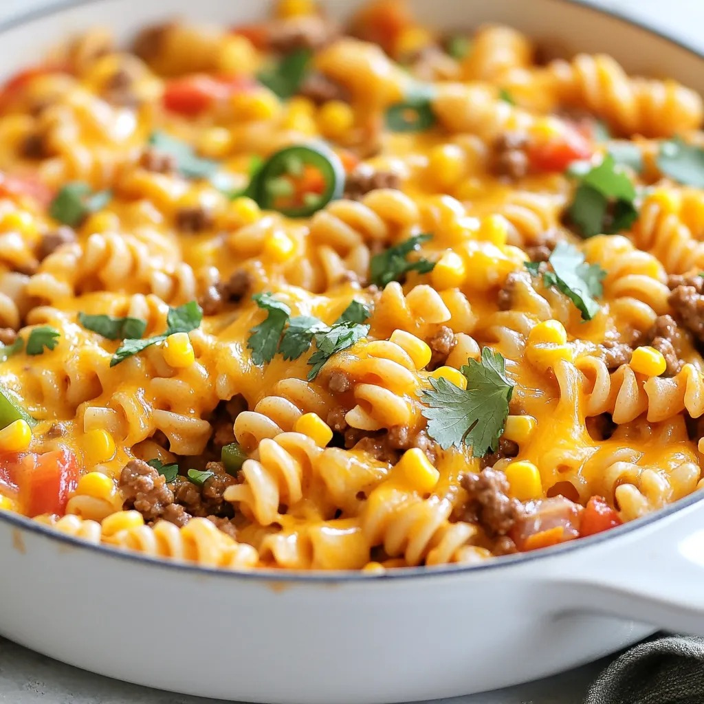 - 8 oz rotini or penne pasta - 1 lb ground beef or turkey - 1 medium onion, diced - 2 cloves garlic, minced - 1 bell pepper (any color), diced - 1 cup diced tomatoes (canned or fresh) - 2 cups chicken broth - 1 cup corn (frozen or canned) For this Cheesy Taco Pasta Skillet, I love using rotini or penne. They hold the sauce well and make each bite flavorful. You can choose between ground beef or turkey based on your preference. Both work great! Dice a medium onion and a bell pepper to add sweetness and color. Fresh garlic gives a nice kick. For the base, use one cup of diced tomatoes and two cups of chicken broth. Add one cup of corn for crunch and sweetness. - 1 packet taco seasoning (about 1 oz) - Salt and pepper to taste The star of the show is a taco seasoning packet. It brings all the yummy taco flavors to your pasta. Season with salt and pepper to make it just right. - 1 cup shredded cheddar cheese - 1/2 cup sour cream - Fresh cilantro, chopped (for garnish) - Jalapeño slices (optional, for garnish) Finally, for toppings, you can't go wrong with one cup of shredded cheddar cheese. It melts beautifully and adds creaminess. A half cup of sour cream makes it rich and smooth. Finish it off with fresh cilantro for a burst of flavor. If you like heat, add jalapeño slices for a spicy kick. {{ingredient_image_1}} First, cook the ground beef or turkey in a large skillet over medium heat. Break it apart with a spatula. Cook it until the meat is brown and no longer pink. This should take about 5-7 minutes. Once cooked, drain any excess fat from the skillet. This helps keep the dish from being greasy. Next, add the diced onion and bell pepper to the skillet. Stir them in and sauté for about 3-4 minutes until they soften. Then, add the minced garlic and sauté for another minute. This will help release a nice flavor into the dish. Now it's time to bring everything together. Stir in the taco seasoning, diced tomatoes, chicken broth, and corn. Mix well and bring the mixture to a simmer. Once it's bubbling, add the pasta to the skillet. Stir to combine everything. Cover the skillet and reduce heat to medium-low. Let it cook for about 10-12 minutes, stirring occasionally to prevent the pasta from sticking. After the pasta is cooked, remove the skillet from the heat. Stir in the shredded cheddar cheese and sour cream. Keep stirring until the cheese melts and the mixture is creamy. Season with salt and pepper to taste. If you like, add some jalapeño slices for extra heat. Finally, garnish with fresh cilantro before serving. Enjoy your cheesy taco pasta skillet! To cook pasta just right, follow these steps. First, bring a large pot of water to a boil. Use about four quarts of water for every pound of pasta. Add a pinch of salt to the water. It helps the pasta taste better. Stir in the pasta once the water is bubbling. Cook for about 8 to 10 minutes for rotini or penne. Check the pasta a minute or two early. You want it al dente, which means it should be firm, not mushy. - Tip: Stir the pasta every few minutes. This keeps it from sticking together. Want to boost the flavor? Here are some ideas. Use garlic powder or onion powder for an extra kick. You can also add smoked paprika or chili powder for more warmth. If you love heat, try crushed red pepper flakes. They add spiciness without overpowering the dish. Fresh herbs like cilantro or parsley can make it bright and fresh. - Tip: Taste as you cook. Adjust spices to your liking. For a creamier dish, there are easy ways to achieve this. When you add cheese, make sure to stir it in well. This helps it melt evenly. You can also add more sour cream for extra creaminess. If you want a rich texture, try cream cheese or cream instead. Just melt it in with the cheese for a smooth mix. - Tip: Add some pasta water to the mix. It helps bind the sauce and pasta together. Pro Tips Use Fresh Ingredients: Whenever possible, opt for fresh vegetables and herbs to enhance the flavor of your dish. Cook Pasta Al Dente: For the best texture, cook the pasta until it's al dente. It will continue to cook slightly in the skillet after you add the cheese and sour cream. Customize Your Spice Level: Adjust the amount of taco seasoning and fresh jalapeños to suit your personal heat preference. Leftover Storage: Store leftovers in an airtight container in the fridge for up to 3 days. Reheat on the stovetop with a splash of chicken broth to restore creaminess. {{image_2}} You can easily make this dish vegetarian. Just swap the ground beef or turkey for plant-based proteins. Options like lentils, chickpeas, or crumbled tofu work well. Use the same taco seasoning packet for great flavor. This swap keeps the dish hearty and filling without meat. If you love heat, add spicy ingredients. Consider using a spicier taco seasoning or fresh jalapeños. You can also add red pepper flakes for extra kick. Adjust the amount based on your heat preference. This twist brings bold flavors to your meal. Get creative with your ingredients. Try different pasta shapes like fusilli or farfalle. Instead of bell pepper, use zucchini or mushrooms for a unique taste. You could even mix in black beans for added protein. These swaps keep the dish fun and exciting! To store your Cheesy Taco Pasta Skillet, let it cool first. Place it in an airtight container. This helps keep it fresh. Store it in the fridge for up to three days. Make sure to label the container with the date. This way, you know when to eat it by. When you reheat, the goal is to keep it creamy. I suggest using a skillet. Heat it over medium-low heat. Add a splash of chicken broth or water to help with moisture. Stir often to heat evenly. You can also use the microwave. Place it in a microwave-safe bowl, cover it, and heat in 30-second bursts. Stir between each burst for even heating. You can freeze Cheesy Taco Pasta Skillet too. First, let it cool completely. Transfer it to a freezer-safe container. It can stay good for up to three months. To thaw, place it in the fridge overnight. Reheat it in a skillet or microwave as mentioned. If you want it creamier, add a bit of sour cream or cheese while reheating. Yes, you can use other types of pasta. I love rotini and penne, but you can try elbow macaroni, farfalle, or fusilli. Just make sure the pasta can cook well in the skillet. Follow the same cooking time as listed in the recipe. You want it al dente, so don’t overcook it. To make this dish dairy-free, swap out cheese and sour cream with alternatives. For cheese, try using vegan cheese shreds made from nuts or soy. You can also use cashew cream or coconut yogurt instead of sour cream. These options give you a creamy texture without dairy. Many sides go well with Cheesy Taco Pasta Skillet. You can serve simple green salad with a light vinaigrette. Tortilla chips with salsa or guacamole are also great. If you want something warm, a side of black beans works well too. These sides add flavor and balance to your meal. This Cheesy Taco Pasta Skillet is easy and fun to make. You learned about the best ingredients, like pasta, proteins, and fresh veggies. We discussed how to cook everything step-by-step, including tips for creamy and flavorful results. You can even try fun variations to suit your taste. Now, it’s your turn. Get cooking and enjoy a tasty meal that's simple and satisfying!