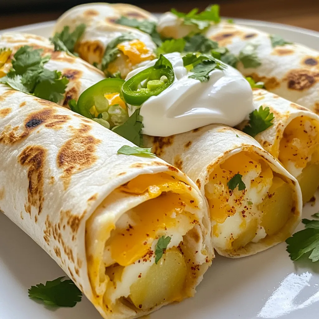 For my cheesy potato burritos, I use these main ingredients: - 4 large flour tortillas - 2 large potatoes, peeled and diced - 1 cup shredded cheddar cheese - 1 teaspoon cumin - 1 teaspoon smoked paprika - 1/2 teaspoon chili powder - 1/2 teaspoon garlic powder - Salt and pepper to taste - Olive oil for cooking These ingredients create a creamy, cheesy filling that you will love. The spices add depth and warmth to the dish. You can enhance the flavor with these optional ingredients: - 1/2 cup sour cream (or Greek yogurt) - 1/4 cup fresh cilantro, chopped - 1 jalapeño, sliced (optional for heat) Sour cream or Greek yogurt adds tanginess. Fresh cilantro brings brightness. If you enjoy heat, jalapeños add a kick. To make your meal even better, consider these garnishes and sides: - Extra sour cream for dipping - Sliced avocado or guacamole - Fresh pico de gallo or salsa These additions elevate the meal. They also offer a fresh contrast to the cheesy burritos. Enjoy your delicious creation! {{ingredient_image_1}} First, fill a large pot with water and add salt. Bring it to a boil. Once boiling, add the diced potatoes. Cook them until they are soft, about 10-12 minutes. You can check by poking a piece with a fork. When they are done, drain the water and let the potatoes cool for a bit. Next, take your cooked potatoes and place them in a mixing bowl. Mash them well with a fork or potato masher. Add the cumin, smoked paprika, chili powder, garlic powder, salt, and pepper. Mix everything together until it’s smooth and well combined. Now, fold in the shredded cheddar cheese. You want the cheese to mix in so it starts to melt in the warm potatoes. Now, heat a skillet over medium heat and add a little olive oil. Warm each flour tortilla in the skillet for about 30 seconds on each side. This makes them soft and easier to fold. After warming, take a tortilla and scoop a generous amount of the cheesy potato mixture into the center. Add a dollop of sour cream and some chopped cilantro. If you like spice, add jalapeño slices too. Fold the sides of the tortilla over the filling, then roll it tightly from the bottom to the top. Place the burritos seam-side down in the skillet. Cook them for about 2-3 minutes on each side until they are crispy and golden brown. Once done, remove them from the skillet. You can slice them in half if you want to share or just enjoy them hot! To make the best cheesy potato burritos, start with the right potatoes. I prefer using large russet potatoes. They are starchy and creamy when cooked. Cut them into small, even pieces. This helps them cook evenly. Boil them in salted water for about 10-12 minutes. You want them tender but not mushy. Drain the potatoes well before mashing. The filling can be fun to change! You can add black beans for extra protein. Try corn for sweetness and crunch. If you love heat, toss in diced green chilies. For a fresh twist, add chopped scallions or even spinach. Mix in different cheeses, like pepper jack or feta, for unique flavors. Rolling a burrito can be tricky. Lay the tortilla flat on a clean surface. Spoon the filling in the center, leaving space on the sides. Fold the sides in gently. Then, roll from the bottom up. Make sure to tuck the filling in as you roll. This helps keep everything inside. Once rolled, place the burrito seam-side down in the skillet to keep it closed. This method makes for a neat and tasty burrito! Pro Tips Choose the Right Potatoes: For the best texture, use starchy potatoes like Russets, which will become fluffy when cooked and create a perfect filling for your burritos. Customize the Spice Level: If you prefer a milder flavor, omit the jalapeños or use a milder pepper. For extra heat, add more chili powder or even a dash of cayenne. Keep Tortillas Warm: To prevent the tortillas from tearing, keep them warm in a clean kitchen towel as you cook them in the skillet. Make Ahead: Prepare the potato filling in advance and refrigerate it. This will save you time when you're ready to assemble and cook the burritos later. {{image_2}} You can make tasty vegetarian cheesy potato burritos. Simply use more veggies. Try adding bell peppers, corn, or black beans. These add flavor and color. You can even mix in spinach or kale for a health boost. Just sauté them lightly before adding to the potatoes. For those who want protein, there are many options. You can add cooked chicken, beef, or pulled pork. These meats pair well with the cheese and potatoes. Tofu or tempeh also works great for a plant-based choice. Just season your protein to match the burritos' flavors. If you love spice, add more heat! Use extra jalapeños in the filling. You can also mix in red pepper flakes or a dash of hot sauce. Another idea is to use spicy cheese, like pepper jack. These changes will make your burritos exciting and flavorful. To keep your cheesy potato burritos fresh, place them in an airtight container. Let them cool first. Store them in the fridge for up to three days. Make sure to label the container with the date. This helps you track how long they have been stored. When you’re ready to enjoy leftovers, reheat them in a skillet. Heat it on medium-low. Place the burrito seam-side down. Cook for about 2-3 minutes on each side. This keeps the outside crispy and warms the filling nicely. You can also microwave them. Wrap the burrito in a damp paper towel. Heat for 1-2 minutes, checking often. You can freeze burritos for later meals. Wrap each burrito tightly in plastic wrap. Then, place them in a freezer bag. Label the bag with the date. Frozen burritos can last for up to three months. When you're ready to eat one, thaw it in the fridge overnight. Then reheat it in a skillet or microwave. Enjoy a tasty meal anytime! Yes, you can make Cheesy Potato Burritos before you need them. I often prepare them ahead of time for busy days. Once you assemble the burritos, wrap them in foil or plastic wrap. Store them in the fridge for up to two days. When you’re ready to eat, just heat them in a skillet until warm. If you don’t have cheddar cheese, you can use other cheeses. Monterey Jack, pepper jack, or even mozzarella work well. Each cheese adds a different flavor and texture. I recommend using a cheese that melts nicely for the best results. Absolutely! These burritos are great for meal prep. You can prepare a big batch and store them in the fridge or freezer. They are easy to heat and eat on busy days. Just be sure to wrap them tightly to keep them fresh. To find the best cheesy potato burritos, look for local Mexican restaurants or food trucks. Many offer unique spins on this classic dish. You can also try searching online for recipes from popular food blogs. I often find great ideas when exploring different cuisines! You learned about making tasty cheesy potato burritos. We covered key ingredients, cooking steps, and storage tips. You now have ideas for variations, like vegetarian or spicy options. Remember to customize your filling and use fresh garnishes for big flavor. Don’t forget that these burritos can be stored or frozen for later meals. Enjoy creating your perfect cheesy potato burrito!