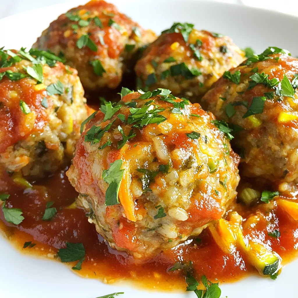 To make rice meatballs with veggies, gather these ingredients: - 1 cup cooked rice (white or brown) - 1 lb ground beef or turkey - 1/2 cup grated zucchini (excess moisture squeezed out) - 1/4 cup grated carrot - 1/4 cup finely chopped onion - 2 cloves garlic, minced - 1 egg - 1/2 cup breadcrumbs - 1 teaspoon Italian seasoning - Salt and pepper to taste - 2 tablespoons olive oil (for frying) - 1 cup marinara sauce (for serving) - Fresh parsley, chopped (for garnish) Using high-quality ingredients makes a big difference. Fresh veggies add great taste and nutrition. Choose lean ground meat for a healthier option. Fresh garlic packs a punch and enhances flavor. Opt for good quality marinara sauce; it elevates the dish. When you use fresh and quality ingredients, your rice meatballs taste amazing. They become a meal your family will love and ask for again. You can swap some ingredients if needed. If you want a vegetarian option, use lentils or chickpeas instead of meat. Cauliflower rice can replace regular rice for a low-carb meal. Any ground meat can work, like chicken or pork. If you don’t have zucchini, try spinach or bell peppers. These swaps keep your meal fun and interesting while maintaining great flavor. {{ingredient_image_1}} 1. Start by gathering all your ingredients. This makes the process easy and fun. 2. In a large mixing bowl, combine cooked rice, ground meat, and veggies. 3. Add grated zucchini, grated carrot, chopped onion, and minced garlic. 4. Crack the egg into the bowl and add breadcrumbs, Italian seasoning, salt, and pepper. 5. Mix everything well with your hands. Make sure all ingredients combine nicely. 1. Preheat a large skillet over medium heat. This is key for good browning. 2. Once hot, add olive oil to the skillet. Let it heat up for a minute. 3. Form the meat mixture into balls, about the size of a golf ball. 4. Place the meatballs in the skillet, but don’t crowd them. Cook each side for 4-5 minutes. 5. The meatballs should be golden brown and cooked through. You can do this in batches if needed. 6. While cooking, warm marinara sauce in a separate saucepan over low heat. 1. Once cooked, place the meatballs on a serving platter. 2. Pour the warm marinara sauce over the meatballs. This adds great flavor! 3. Garnish with chopped fresh parsley for a pop of color. 4. For a hearty meal, serve on a bed of spaghetti or cooked quinoa. 5. Top with extra parsley and Parmesan cheese for an elegant touch. When making rice meatballs, avoid overmixing the ingredients. This can make them tough. Also, do not skip squeezing out the moisture from the zucchini. Too much water can make the meatballs soggy. Lastly, make sure your skillet is hot before adding the meatballs. If the pan is cold, they will stick and not brown well. To get a great texture, use a mix of cooked rice and ground meat. The rice adds moisture and keeps the meatballs tender. Adding breadcrumbs also helps bind everything together. Don’t forget the egg; it acts as a binder too. If the mixture feels too wet, add more breadcrumbs. If it's too dry, a splash of water can help. To boost the flavor, use fresh herbs like parsley or basil. They add a nice brightness. Garlic and onion are must-haves for depth. You can also mix in some cheese, like Parmesan, for extra richness. Adjust the Italian seasoning to your taste. If you like heat, add a pinch of red pepper flakes for a kick. Pro Tips Use Fresh Ingredients: Opt for fresh vegetables and herbs to enhance the flavor of your meatballs. Fresh ingredients make a significant difference in taste. Don't Overmix: When combining the ingredients, mix just until everything is incorporated. Overmixing can lead to tough meatballs. Ensure Even Cooking: If cooking in batches, make sure to leave enough space in the pan for even browning. Overcrowding can result in steaming instead of frying. Customize Your Veggies: Feel free to mix and match vegetables based on your preference. Spinach, bell peppers, or mushrooms can add unique flavors and textures. {{image_2}} You can easily make rice meatballs without meat. Use cooked lentils or chickpeas instead of ground meat. They add protein and fiber. Combine them with the same veggies and spices. For a binding agent, use flaxseed meal mixed with water. This mix works well as an egg replacement. You can switch up the meat in this recipe. Ground turkey is a lean choice. It keeps the meatballs moist while reducing fat. Ground chicken is another option. It has a milder flavor and cooks quickly. If you enjoy beef, ground beef brings a rich taste. Spices can transform your meatballs. Adding chili powder gives a nice heat. For a fresh twist, include fresh herbs like basil or cilantro. You can mix in smoked paprika for a smoky flavor. Don’t be shy to experiment with different spices. Each will create a unique taste profile. Store leftover rice meatballs in an airtight container. This helps keep them fresh. They last about 3 to 4 days in the fridge. Before storing, let them cool completely. This prevents excess moisture inside the container. To freeze rice meatballs, wrap them tightly in plastic wrap or aluminum foil. Place them in a freezer-safe bag afterward. This keeps them safe from freezer burn. They stay fresh for about 2 to 3 months. When you’re ready to eat, thaw them in the fridge overnight. You can reheat rice meatballs in several ways. The microwave is quick and easy. Heat them on medium power for about 1 to 2 minutes. You can also use the oven. Preheat it to 350°F (175°C) and bake for about 10 minutes. This keeps them crispy. Another option is to warm them in a skillet. Add a splash of marinara sauce and heat on low. Enjoy them hot! Yes, you can use leftover rice. It adds great flavor and texture. Just make sure the rice is cold and not sticky. This helps the meatballs hold their shape while cooking. If your rice is fresh, let it cool first. Using leftover rice saves time and reduces waste. It's a win-win! These meatballs last about 3 to 4 days in the fridge. Store them in an airtight container. For best taste, eat them within this time. If you want to keep them longer, consider freezing them. Proper storage keeps your meatballs tasty and safe to eat. Rice meatballs pair well with many sides. You can serve them on a bed of spaghetti or quinoa. A fresh salad or steamed veggies also makes a great side. For extra flavor, add some marinara sauce on top. Don't forget to sprinkle some cheese or herbs for a nice touch! This blog post covered essential ingredients for tasty meatballs. You learned that quality matters and substitutions can work well. I provided step-by-step cooking tips, common mistakes to avoid, and ways to enhance flavors. We also explored variations for different diets and storage tips to keep your meatballs fresh. Remember, cooking is fun and helps you grow. Keep experimenting and enjoy your meals!