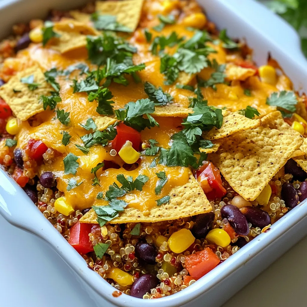 Here are the ingredients you need for the vegetarian taco casserole: - 1 can (15 oz) black beans, rinsed and drained - 1 can (15 oz) kidney beans, rinsed and drained - 1 cup corn kernels (fresh or frozen) - 1 bell pepper, diced (any color) - 1 small red onion, diced - 2 cups diced tomatoes (fresh or canned) - 1 cup cooked quinoa - 1 tablespoon taco seasoning (adjust to taste) - 1 teaspoon cumin - 1 tablespoon olive oil - 1 cup shredded cheddar cheese (or dairy-free cheese) - 1 cup tortilla chips, crushed - Fresh cilantro, for garnish - Optional toppings (sour cream or Greek yogurt) Each ingredient adds a unique taste and texture. Black and kidney beans give protein and fiber. Corn kernels add sweetness and crunch. Bell pepper and red onion bring color and flavor. Diced tomatoes provide moisture and zest. Cooked quinoa adds heartiness. Taco seasoning and cumin deliver that classic taco flavor. Cheddar cheese melts beautifully, while crushed tortilla chips provide a nice crunch. Fresh cilantro adds a burst of freshness, and optional toppings like sour cream or Greek yogurt can enhance the dish. This blend creates a flavorful, filling, and satisfying meal perfect for any occasion. {{ingredient_image_1}} 1. Preheating the oven First, set your oven to 375°F (190°C). This helps cook the dish evenly. 2. Sautéing vegetables Heat 1 tablespoon of olive oil in a large skillet over medium heat. Add 1 small diced red onion and 1 diced bell pepper. Cook them for about 5-7 minutes until they soften. 3. Mixing ingredients Stir in 2 cups of diced tomatoes, 1 can of rinsed black beans, 1 can of rinsed kidney beans, 1 cup of corn, and 1 cup of cooked quinoa. Add 1 tablespoon of taco seasoning and 1 teaspoon of cumin. Mix well and cook for another 5 minutes. This lets the flavors blend nicely. 1. First layer of bean mixture Grease a 9x13 inch casserole dish. Add half of the bean mixture as the first layer. 2. Adding tortilla chips and cheese Sprinkle half of 1 cup of crushed tortilla chips over the first layer. Then, add half of 1 cup of shredded cheddar cheese on top. 3. Final layers Repeat with the rest of the bean mixture, crushed tortilla chips, and finish with the remaining cheese. 1. Covering with foil Cover the casserole dish with aluminum foil. This keeps it from burning while baking. 2. Removing foil for browning Bake in the oven for 25 minutes. Then, take off the foil and bake for an additional 10-15 minutes until the cheese is bubbly and golden. 3. Cooling and garnishing Once out of the oven, let it cool for a few minutes. Garnish with fresh cilantro. You can serve it with a dollop of sour cream or Greek yogurt if you like. To avoid soggy layers in your casserole, make sure to drain the beans well. Rinse them under cold water to remove extra moisture. You can also let the diced tomatoes sit in a strainer for a few minutes. This way, they won’t make the layers too wet. Choosing the right cheese is key. I recommend using sharp cheddar for a strong flavor. You can also try a dairy-free option if you want. Just make sure it melts well. Adjusting spice levels can make a big difference. If you like it spicy, add more taco seasoning or diced jalapeños. For a milder dish, use less seasoning or add sour cream on top to cool it down. You can add extra toppings to jazz it up. Chopped avocado, sliced olives, or diced tomatoes work great. Fresh cilantro also adds a burst of flavor and color. For serving suggestions, cut the casserole into squares. Place them on colorful plates for a fun look. You can also serve it with a side of tortilla chips for crunch. Garnishing tips include adding fresh cilantro or a squeeze of lime juice on top. This adds brightness to each bite. If you like, serve it with a dollop of sour cream or Greek yogurt for creaminess. Pro Tips Adjust the Spice Level: If you prefer a spicier casserole, consider adding diced jalapeños or a pinch of cayenne pepper to the mixture. Layer for Flavor: To enhance the flavor, you can add a layer of guacamole between the layers of casserole for a creamy texture. Make it Ahead: This casserole can be prepared in advance and stored in the refrigerator. Just bake it before serving for a quick meal. Customize Your Toppings: Feel free to top your casserole with sliced olives, diced avocado, or green onions for added freshness and flavor. {{image_2}} You can change the beans in this dish. Try pinto beans for a creamier texture. Black-eyed peas add a nice twist too. Lentils are another great choice. They cook fast and soak up flavors well. Use them instead of or with beans for added protein. If you want to keep it dairy-free, look for vegan cheese. Many brands offer tasty options that melt well. Nutritional yeast can add cheesy flavor too. For a creamy topping, try cashew cream or coconut yogurt. Both make great vegan sour cream alternatives. For a gluten-free version, use gluten-free tortilla chips. They give the same crunch without the gluten. You can also swap the quinoa for rice or millet. Both grains work nicely and keep the dish filling. To keep your vegetarian taco casserole fresh, store it properly. First, let it cool to room temperature. Then, transfer it to an airtight container. Place the container in the refrigerator. The casserole stays good for about 3 to 4 days. If you want to save it longer, consider freezing it. Cut the casserole into portions. Wrap each piece in plastic wrap. Then, place the wrapped pieces in a freezer-safe bag. This way, it can last up to 3 months in the freezer. When it's time to eat the leftovers, reheating is key. The best way to reheat is in the oven. Preheat your oven to 350°F (175°C). Place the casserole in an oven-safe dish. Cover it with foil to keep moisture in. Heat for about 20-25 minutes. You can also use the microwave. Place a portion on a microwave-safe plate. Cover it with a damp paper towel. Heat in short bursts, checking every minute. This helps to avoid changes in texture. The goal is to keep the cheese melty and the beans warm. Yes, you can prepare this casserole a day in advance. Just follow the recipe and store it in the fridge. When you're ready to bake, simply cover it with foil and heat it in the oven. This helps the flavors blend well. To add some heat, use more taco seasoning. You can also mix in chopped jalapeños or a dash of hot sauce. Adjust the spice to fit your taste. Taste as you go to find your perfect level of heat. You can serve this casserole with a fresh green salad or guacamole. Cornbread or rice also pairs well. For a fun twist, add some tortilla chips on the side for extra crunch. Absolutely! Feel free to swap in your favorite veggies. Zucchini, spinach, or mushrooms all work great. Get creative and use what you love. The casserole will still taste delicious with different flavors. Leftovers can last up to four days in the fridge. Make sure to store them in an airtight container. You can also freeze leftovers for a quick meal later. Just reheat in the oven or microwave. This blog post shared a fun and easy taco casserole recipe. You learned about the ingredients, preparation steps, and the layering process. We also covered tips for perfect texture, flavor boosts, and presentation ideas. Different variations, storage options, and FAQs help you adapt the recipe. Remember, cooking should be enjoyable and creative. Feel free to add your own spin. With this casserole, you can impress friends and family with minimal fuss. Dive into your kitchen and make a tasty meal!