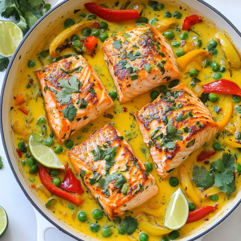 For a delicious Coconut Curry Salmon, you need these key ingredients: - 4 salmon fillets - 1 can (13.5 oz) coconut milk - 2 tablespoons red curry paste - 1 tablespoon fresh ginger, grated - 2 garlic cloves, minced - 1 bell pepper, sliced (red or yellow) - 1 cup snap peas - 1 small zucchini, sliced - 1 tablespoon soy sauce (or tamari for gluten-free) - 1 tablespoon olive oil - Fresh cilantro, for garnish - Lime wedges, for serving - Salt and pepper to taste These ingredients make a rich, creamy, and flavorful dish. The salmon fillets provide protein. The coconut milk gives a smooth base. The red curry paste adds a spicy kick. Fresh ginger and garlic create a warm aroma. You can add some optional ingredients to boost flavor: - Chopped green onions - Sliced mushrooms - Baby spinach - Chopped red chili for heat Each option adds a unique twist. For example, mushrooms give a nice texture. Spinach brings in extra nutrients. You can mix and match based on your taste. Using fresh ingredients makes a big difference. Fresh salmon tastes better and has a firmer texture. Fresh vegetables add crunch and color to your dish. When you choose high-quality coconut milk, it enhances the sauce's creaminess. Always pick ingredients with bright colors and good smells. This choice ensures your Coconut Curry Salmon shines on the plate. {{ingredient_image_1}} First, gather all your ingredients. You will need: - 4 salmon fillets - 1 can (13.5 oz) coconut milk - 2 tablespoons red curry paste - 1 tablespoon fresh ginger, grated - 2 garlic cloves, minced - 1 bell pepper, sliced (red or yellow) - 1 cup snap peas - 1 small zucchini, sliced - 1 tablespoon soy sauce (or tamari for gluten-free) - 1 tablespoon olive oil - Fresh cilantro, for garnish - Lime wedges, for serving - Salt and pepper to taste Next, wash and slice the vegetables. This helps them cook evenly. Make sure to grate the ginger and mince the garlic well. This step adds great flavor. Start by preheating your oven to 400°F (200°C). Use a large oven-safe skillet for cooking. Heat the olive oil over medium heat. Add the minced garlic and grated ginger. Sauté for about 1 minute until fragrant. Now, stir in the red curry paste. Let it cook for another 1-2 minutes. This helps the flavors mix well. Pour in the coconut milk and soy sauce. Whisk until smooth. Bring this mixture to a gentle simmer. Add the bell peppers, snap peas, and zucchini to the skillet. Stir to coat the veggies in the sauce. Cook for 3-4 minutes until the vegetables are slightly tender. Next, gently place the salmon fillets into the pan. Spoon some of the curry sauce over each piece, ensuring the skin side is down. Transfer the skillet to your preheated oven. Roast for 12-15 minutes. The salmon is done when it flakes easily with a fork. Remove it from the oven and let it rest for a couple of minutes. Garnish with fresh cilantro and serve with lime wedges. Enjoy your Coconut Curry Salmon One Pan meal! To make the coconut curry taste great, use fresh ginger and garlic. They bring a punch of flavor. Red curry paste adds warmth and spice. Mix it well with the coconut milk for balance. Taste the sauce before adding salt. Adjust it to your liking. For extra depth, add a splash of lime juice. It brightens the dish. Fresh cilantro at the end gives it a nice finish. Cook the salmon for a tender and flaky texture. Start with skin-side down in the pan. This keeps the fish moist. Use a fork to check if it flakes easily. If it does, it's done! Avoid overcooking. Salmon can dry out quickly. Roasting it at 400°F (200°C) for 12-15 minutes works perfectly. Serve the coconut curry salmon with rice or quinoa. They soak up the flavorful sauce well. Add a simple salad for crunch. Fresh vegetables like cucumber or lettuce work great. You can also serve it with lime wedges for a zesty kick. This meal is colorful and full of flavor. Pro Tips Use Fresh Ingredients: Fresh ginger and garlic will enhance the flavor of your curry, making it aromatic and vibrant. Adjust Spice Level: Feel free to add more red curry paste if you like it spicier, or reduce it if you prefer a milder flavor. Check Salmon Doneness: Salmon is perfectly cooked when it flakes easily with a fork. Keep an eye on it to avoid overcooking. Serve with Rice: This coconut curry salmon pairs wonderfully with jasmine or basmati rice, which helps soak up the delicious sauce. {{image_2}} You can swap salmon for other proteins easily. Try chicken, shrimp, or even firm white fish. Each option brings a unique flavor to the dish. For chicken, cut it into small pieces. Cook it until it's no longer pink. For shrimp, add them directly into the curry sauce. They cook faster, about 5-7 minutes. Use a light white fish like tilapia for a mild taste. Just make sure you adjust cooking times. A vegetarian option works well too! Use firm tofu or chickpeas in place of salmon. For tofu, press it to remove extra water, then cut it into cubes. Sauté the tofu until it's golden. Add it to the curry sauce and simmer until heated through. If you choose chickpeas, add a can of drained chickpeas to the pan. They will soak up the flavors of the curry. This makes for a protein-rich and hearty dish. If you love heat, boost the spice level! Add more red curry paste to the sauce. For extra kick, toss in fresh chili peppers or red pepper flakes. You can also use spicy curry powder for added depth. Taste as you go, and adjust to your liking. If the spice gets too intense, balance it with a little extra coconut milk. This will cool the dish down while keeping it creamy. Enjoy exploring these variations! To keep your Coconut Curry Salmon fresh, store leftovers in an airtight container. Place the salmon and veggies together in the container. Cool the dish to room temperature before sealing it. This helps prevent moisture loss. Your leftovers will stay fresh for up to three days in the fridge. When you are ready to enjoy your leftovers, preheat your oven to 350°F (175°C). Place the salmon and veggies in an oven-safe dish. Cover it with foil to keep the moisture in. Heat for about 15 minutes or until warmed through. Avoid the microwave, as it can make the salmon tough. You can freeze Coconut Curry Salmon if you want to save it for later. First, let it cool completely. Then, place it in a freezer-safe container or bag. Be sure to remove as much air as possible. This helps prevent freezer burn. It can last up to three months in the freezer. When you’re ready to eat, thaw it in the fridge overnight before reheating. Yes, you can make Coconut Curry Salmon gluten-free. Simply use tamari instead of soy sauce. Tamari is a great option that tastes similar to soy sauce but has no gluten. This small swap keeps the dish delicious and safe for those with gluten sensitivities. You can serve Coconut Curry Salmon with many sides. Here are a few ideas: - Steamed rice or quinoa to soak up the curry. - A fresh green salad for a crunchy contrast. - Naan bread to mop up the sauce. - Roasted vegetables for extra flavor and nutrition. Cooking salmon in the oven usually takes about 12-15 minutes at 400°F (200°C). The salmon is ready when it flakes easily with a fork. Keep an eye on it to avoid overcooking. It’s best to let it rest for a couple of minutes after removing it from the oven. This helps keep the salmon juicy. You learned how to make Coconut Curry Salmon with fresh, tasty ingredients. We explored key steps, from prepping to baking, to get that flaky salmon just right. I shared tips for perfect flavor and texture, plus ways to customize the dish. Whether you stick with salmon or explore veggie options, this meal can fit anyone. Remember to store your leftovers properly for the best taste. Enjoy cooking this easy dish that packs flavor in every bite!