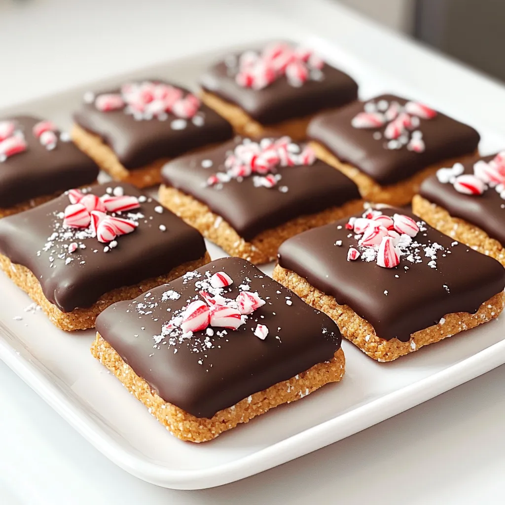 - 1 cup graham cracker crumbs - 1/4 cup powdered sugar - 1/2 cup unsweetened cocoa powder - 1/2 teaspoon peppermint extract - 1/2 cup unsalted butter, melted - 1/4 cup dark chocolate chips - 1/4 cup crushed peppermint candies - A pinch of salt - Optional: Sprinkles or additional crushed peppermint for garnish Gathering the right ingredients is key for a great treat. You will need graham cracker crumbs as the base. They add crunch and sweetness. Next, powdered sugar gives the crackers a smooth texture. Cocoa powder brings a rich chocolate taste. The peppermint extract gives that fresh, minty flavor. Unsalted butter is important here. It adds moisture and richness to the dough. Dark chocolate chips will be melted later for dipping. The crushed peppermint candies add a fun crunch and color. Don't forget a pinch of salt! It balances the sweetness. You can also add sprinkles or extra crushed peppermint for garnish. They make your treats look even more festive. These simple ingredients come together to create a delightful snack that everyone will love. - Preheat your oven to 350°F (175°C). This helps the crackers bake evenly. - Line a baking sheet with parchment paper. This keeps your crackers from sticking. - In a large bowl, combine 1 cup of graham cracker crumbs, 1/4 cup of powdered sugar, 1/2 cup of unsweetened cocoa powder, and a pinch of salt. Mix until everything is well blended. - Next, pour in 1/2 cup of melted unsalted butter and 1/2 teaspoon of peppermint extract. Stir until a smooth dough forms. - Turn the dough onto a lightly floured surface. Use a rolling pin to roll it out to about 1/4-inch thick. - Cut the dough into shapes, like squares or rectangles. Place them on the prepared baking sheet. - Bake in the preheated oven for 10-12 minutes. The edges should be firm. Let them cool completely on the sheet. - While the crackers cool, melt 1/4 cup of dark chocolate chips. You can do this in a microwave or on the stove with a double boiler. Stir until smooth. - Once cooled, dip half of each cracker into the melted chocolate. Let the excess chocolate drip off before placing them down. - Immediately add crushed peppermint candies on top of the chocolate. This gives a nice crunch and adds flavor. - Set the chocolate-dipped crackers on a wire rack. Let the chocolate harden for about 30 minutes. - Overbaking tips: Keep a close eye on your crackers. They should bake for 10-12 minutes. If they turn dark, you've overbaked them. Remove them as soon as the edges set. - Dough consistency: Your dough should feel soft but not sticky. If it feels too wet, add a bit more graham cracker crumbs. If too dry, a splash of melted butter can help. - Achieving the perfect chocolate coat: Dip each cracker halfway into the melted chocolate. Let the excess drip off to avoid puddles. This keeps them neat and tasty. - Alternative melting methods: You can melt chocolate in a bowl in the microwave. Heat it in short bursts. Stir between each burst to avoid burning. A double boiler also works well if you prefer. - Creative serving suggestions: Arrange your crackers on a festive platter. You can stack them or lay them flat for a casual look. - Garnishing options: Add sprinkles for a pop of color or extra crushed peppermint for a festive touch. Place a few whole peppermint candies beside the crackers for a fun display. {{image_2}} You can change the taste of your Chocolate Peppermint Graham Crackers. Adding vanilla extract gives a warm touch. Just a half teaspoon will do. You can also mix in nuts, like chopped almonds or walnuts, for a crunchy bite. Dried fruits, such as cranberries or cherries, add sweetness and chewiness. If you need gluten-free options, use gluten-free graham cracker crumbs. Many brands offer this. For those who want vegan substitutions, replace the butter with coconut oil or vegan butter. Use dairy-free chocolate chips to keep it vegan-friendly. Make these crackers fit any season! You can use cookie cutters for fun shapes like stars or hearts. Add colored sprinkles for a festive look, especially during holidays. Consider adding seasonal spices, like cinnamon or nutmeg, for a warm flavor twist. To keep your chocolate peppermint graham crackers fresh, use air-tight containers. This prevents moisture from getting in. You can stack the crackers in layers. Just place parchment paper between them. This keeps them from sticking together. Always store them in a cool, dry place. Avoid direct sunlight, as heat can soften the chocolate. You can freeze these crackers before coating them in chocolate. First, bake and cool the crackers completely. Then, place them in a single layer on a baking sheet. Freeze them for about one hour. Once firm, transfer them to a freezer-safe bag. When you want to enjoy them, just take out what you need. Thaw them in the fridge for a few hours before coating. These delightful treats last for about one week at room temperature. If you freeze them, they can last up to three months. Check for signs of spoilage, like a stale smell or changes in texture. If the chocolate looks dull or white, it may have bloomed but is still safe to eat. - Use store-bought graham cracker crumbs for speed. - Melt the butter in the microwave for quick prep. - Roll the dough to 1/4-inch thick for even baking. - Cut shapes with a knife or cookie cutter. - Bake until edges are firm, about 10-12 minutes. Yes, you can! Try using crushed vanilla wafers instead. - Replace cocoa with extra graham cracker crumbs. - Add vanilla extract for a warm flavor. - Consider using white chocolate for a different taste. You can find them at major grocery stores. - Check the cookie aisle for popular brands. - Look online at retailers like Amazon for more options. - Local bakeries may offer unique variations as well. Peppermint helps with digestion and can soothe upset stomachs. - It may relieve headaches when inhaled. - Contains antioxidants that support overall health. - Can boost energy and improve focus with its scent. You learned how to make chocolate peppermint graham crackers step by step. We covered ingredients, mixing, baking, and garnishing. I shared tips to avoid common mistakes and offer creative variations. Now, you can customize for any holiday or dietary need. Store them well to keep them fresh. Enjoy these tasty treats with friends and family. Get creative and have fun! Remember, the joy is in making and sharing delicious treats together. Happy baking!