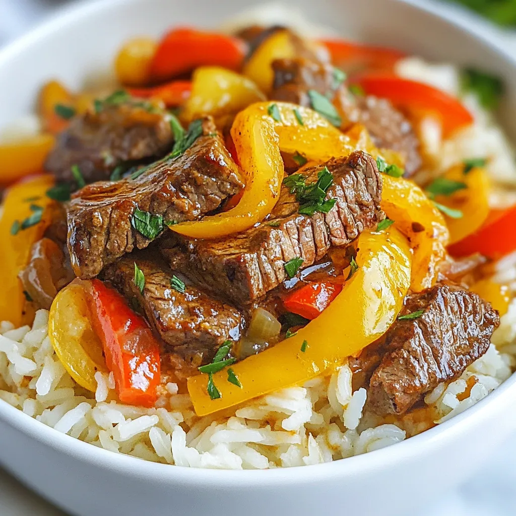 - 1 pound sirloin steak, cut into bite-sized cubes - 1 cup jasmine rice, rinsed - 2 cups beef broth - 1 bell pepper (red or yellow), diced - 1 small onion, finely chopped - 2 cloves garlic, minced - 1 teaspoon smoked paprika - 1 teaspoon cumin - 1 tablespoon soy sauce - 1 tablespoon olive oil - Salt and pepper, to taste - Fresh parsley, chopped (for garnish) You can add more flavor with these garnishes: - Sliced green onions - Crushed red pepper flakes - Lemon wedges When picking your steak, look for bright red color and good marbling. This means it has fat which adds flavor. Choose jasmine rice for its nice aroma and fluffy texture. Fresh bell peppers should feel firm and bright. For the best broth, use low-sodium beef broth to control salt. Fresh herbs like parsley add a pop of color and taste. Always check for freshness to make your meal the best it can be! {{ingredient_image_1}} Start by gathering all your ingredients. You need: - 1 pound sirloin steak, cut into bite-sized cubes - 1 cup jasmine rice, rinsed - 2 cups beef broth - 1 bell pepper (red or yellow), diced - 1 small onion, finely chopped - 2 cloves garlic, minced - 1 teaspoon smoked paprika - 1 teaspoon cumin - 1 tablespoon soy sauce - 1 tablespoon olive oil - Salt and pepper, to taste - Fresh parsley, chopped (for garnish) First, season the cubed steak with salt, pepper, smoked paprika, and cumin. This step adds flavor. Next, heat olive oil in a large skillet over medium-high heat. Once the oil is hot, add the seasoned steak. Sear it for 3-4 minutes. You want it browned all over. This makes the steak taste great. After searing, remove the steak from the skillet and set it aside. In the same skillet, add chopped onion and minced garlic. Sauté for about 2 minutes until it smells good. Then, add the diced bell pepper. Cook for another 2-3 minutes. You want it to soften. Now, stir in the rinsed jasmine rice. Toast it slightly for about 1 minute. This step adds a nice nutty flavor. Next, pour in the beef broth and soy sauce. Stir everything together and bring it to a gentle boil. Once boiling, reduce the heat to low. Cover the skillet and let it simmer for about 15 minutes. This allows the rice to cook and soak up the broth. After 15 minutes, check if the rice is cooked. Fluff it with a fork. Gently fold the seared steak back into the skillet. Mix everything well and heat for 2-3 more minutes. Now it's time to serve! Garnish with fresh parsley. Enjoy your savory steak and rice skillet hot. This dish is perfect for a quick dinner. To make your steak tender and juicy, start with good meat. I recommend sirloin steak for its flavor and texture. Cut it into bite-sized cubes. This size cooks evenly and adds to the dish's appeal. Always season your steak well. Use salt, pepper, smoked paprika, and cumin. These spices boost the flavor. Sear the steak on medium-high heat for just a few minutes. This creates a nice crust. Avoid overcrowding the pan. This ensures a good sear. Jasmine rice works best in this dish. It has a lovely aroma and fluffy texture. Rinse your rice before cooking. This removes excess starch and prevents it from being sticky. Toast the rice in the skillet for a minute before adding broth. This enhances its flavor and gives it a nutty taste. When cooking, use beef broth for depth. Keep the heat low after it boils. Cover the skillet tightly to trap steam. This helps the rice cook evenly. To elevate the taste of your dish, try adding fresh herbs. Chopped parsley adds a fresh note. You might also consider fresh basil or cilantro for a twist. For a touch of heat, add red pepper flakes or a splash of hot sauce. You can also experiment with different spices. Try adding garlic powder or onion powder for more depth. A squeeze of lime at the end brightens the dish. This adds a fresh, zesty kick. Pro Tips Rest the Steak: After cooking, let the steak rest for a few minutes before adding it back to the skillet. This helps retain its juices, resulting in a more flavorful dish. Rinse the Rice: Always rinse jasmine rice before cooking to remove excess starch. This helps achieve a fluffier texture and prevents the rice from becoming too sticky. Customize the Veggies: Feel free to add other vegetables like zucchini or mushrooms to the skillet for added flavor and nutrition. Just adjust the cooking time accordingly. Garnish with Flair: For an extra burst of flavor, consider adding a squeeze of lime juice or a sprinkle of red pepper flakes before serving. It elevates the dish beautifully. {{image_2}} You can swap out sirloin steak for chicken or shrimp. Chicken thighs work well and stay juicy. Simply cut them into bite-sized pieces and follow the same steps. For shrimp, add them during the last few minutes of cooking. They cook fast, so watch them closely. To make this dish vegetarian, use firm tofu or tempeh. Cut them into cubes and sauté until golden. Replace beef broth with vegetable broth for the right flavor. You can also add more veggies, like zucchini or spinach, to make it hearty. Adjust the spices to fit your taste. If you like heat, add chili powder or crushed red pepper flakes. For a sweeter twist, mix in some corn or peas. Fresh herbs like cilantro or basil can also enhance the dish. They add a fresh taste that brightens up each bite. Store leftover steak and rice in an airtight container. Make sure it cools down first. This helps keep it fresh. It will last for 3 to 4 days in the fridge. Always label the container with the date. This way, you know how long it’s been stored. For longer storage, freeze your steak and rice. Place it in a freezer-safe bag or container. Remove as much air as possible before sealing. It can stay in the freezer for up to 3 months. When you’re ready to eat, thaw it in the fridge overnight. This keeps the texture nice. To reheat, use the microwave or a skillet. If using a microwave, add a splash of water. This keeps the rice from drying out. Heat it in short bursts, stirring in between. If using a skillet, warm it over low heat. Stir it often to heat evenly. Enjoy your dish just like it was fresh! Yes, you can use different types of rice. Jasmine rice gives a nice flavor and texture. You can also try basmati or long-grain rice. Just adjust the broth amount based on the rice you choose. For brown rice, you’ll need more cooking time and liquid. Follow the package instructions for best results. If you don't have sirloin steak, you can use flank steak or ribeye. These cuts work well and add great taste. For a leaner option, try chicken breast or turkey. If you want to go meatless, use tofu or tempeh. Just make sure to adjust cooking times for each protein. To add some heat, try adding crushed red pepper flakes. You can also mix in diced jalapeños or serrano peppers. For a different flavor, use hot sauce in the soy sauce. Adjust the spice level to suit your taste. Start small and add more as needed. This post covered key ingredients and steps to create a delicious dish. It included tips for selecting quality items, cooking methods, and serving ideas. I shared great practices for cooking steak and rice, plus ways to boost flavors. You learned about variations for proteins, seafood, or vegan options. Finally, I explained proper storage and reheating. Cooking should be fun and rewarding. With these insights, you can impress anyone with your meal. Enjoy experimenting and making this dish your own!