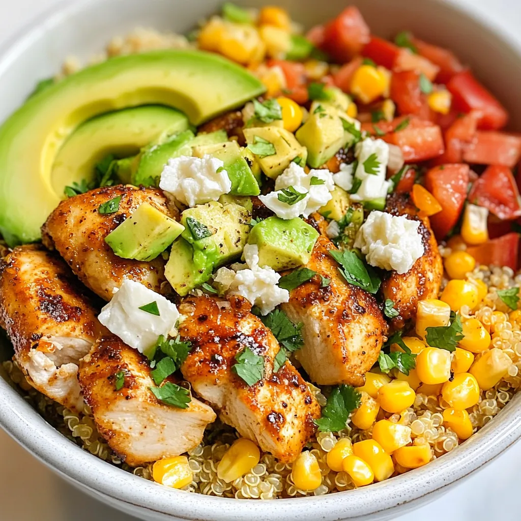 - 2 cups cooked quinoa - 1 pound boneless, skinless chicken thighs, diced - 2 cups corn kernels (fresh, frozen, or canned) - 1 red bell pepper, diced - 1/4 cup red onion, finely chopped - 1 avocado, diced - 1/4 cup fresh cilantro, chopped - 1/2 cup crumbled queso fresco (or feta cheese) - 1 lime, juiced - 1 tablespoon olive oil - 1 teaspoon chili powder - 1/2 teaspoon cumin - Salt and pepper to taste These main ingredients form a base of flavors and textures in your bowl. Quinoa serves as a filling base. Chicken thighs add protein and richness. The corn brings sweetness, while the bell pepper and onion add crunch and zest. Avocado provides creaminess, and cilantro adds freshness. Queso fresco gives a savory kick, and lime brightens the dish. - Tangy yogurt sauce (1/2 cup plain yogurt mixed with lime juice, garlic powder, and a pinch of salt) Adding a tangy yogurt sauce can take this dish to the next level. It adds creaminess and a zesty flavor that complements the other ingredients. Drizzling it on top gives a nice finish, enhancing every bite. Each serving offers a balanced mix of protein, healthy fats, and carbs. You get about: - Calories: 450 - Protein: 30g - Carbs: 45g - Fat: 15g - Fiber: 8g This dish is not only tasty but also healthy. The protein from chicken and quinoa fuels your body. The veggies add vitamins and minerals, making it a great meal option for any day. {{ingredient_image_1}} To start, gather your chicken thighs. Dice them into small pieces. Heat a large skillet over medium-high heat and add olive oil. Once the oil is hot, add the diced chicken. Sprinkle chili powder, cumin, salt, and pepper on top. Cook the chicken for 6 to 8 minutes. Stir it often until it turns golden brown and is cooked through. When done, take it off the heat. Let it rest for a few minutes. This keeps it juicy. In the same skillet, add corn kernels. You can use fresh, frozen, or canned corn. Sauté the corn over medium heat for 3 to 5 minutes. Look for a slight char on the corn. Next, add diced red bell pepper and chopped red onion. Stir and cook for another 1 to 2 minutes. The bell pepper should become just tender. This mix adds color and flavor to your dish. Grab a large serving bowl. Layer cooked quinoa at the bottom. This is the base of your bowl. Next, add the sautéed chicken, corn, bell pepper, and onion mixture on top. Now, sprinkle diced avocado and crumbled queso fresco over everything. Drizzle fresh lime juice across the bowl. Finish by adding chopped cilantro for a fresh touch. If you want extra flavor, drizzle tangy yogurt sauce on top. This bowl not only looks great, but it tastes amazing too! To get tender chicken, start with boneless, skinless thighs. They stay juicy and cook well. Heat olive oil in a skillet before adding the chicken. This helps it brown nicely. Use medium-high heat and cook for 6-8 minutes. Make sure the chicken is golden brown. Season it with chili powder, cumin, salt, and pepper as it cooks. Let it rest after cooking to keep it moist. Street corn needs bold flavors. Use fresh corn for the best taste, but frozen works too. Sauté corn until it is slightly charred. This gives it a great smoky flavor. Adding diced red bell pepper and red onion boosts the taste. They add crunch and sweetness. Finish with a squeeze of lime juice. This brightens the whole dish and ties the flavors together. How you serve the bowl matters. Use shallow dishes to show off all the layers. Start with a base of quinoa. Then, add the chicken, corn, and veggies on top. Diced avocado and crumbled queso fresco add color and creaminess. For a finishing touch, sprinkle fresh cilantro over the bowl. Add lime wedges on the side to make it look fresh and inviting. Pro Tips Marinate the Chicken: For extra flavor, marinate the diced chicken thighs in lime juice, chili powder, and cumin for at least 30 minutes before cooking. Use Fresh Corn: If possible, use fresh corn on the cob and grill it for a few minutes before cutting the kernels off for a smoky flavor. Customize Your Toppings: Feel free to add other toppings like jalapeños, black beans, or a sprinkle of smoked paprika for an extra kick. Serve Warm: For the best experience, serve the bowls warm to enjoy the contrast of textures and flavors. {{image_2}} You can easily make this bowl vegetarian. Replace the chicken with black beans or grilled zucchini. Both add great flavor and protein. Use the same spices to keep things tasty. You can also add extra corn or bell peppers for more color and crunch. Feel free to swap any ingredients you like. If you want a different grain, try brown rice or farro. For cheese, use goat cheese or skip it for a dairy-free option. You can also change the veggies. Use diced tomatoes or jalapeños for a spicy kick. The key is to balance flavors while keeping it delicious. Sauces can change the whole dish. If you're not a fan of yogurt sauce, try a spicy chipotle sauce or a creamy avocado dressing. You could even drizzle a simple vinaigrette for a fresh taste. Experiment with different sauces to find your favorite combo. Each sauce brings out unique flavors in the bowl, making your meal even better. You can store leftovers in an airtight container. Make sure to cool the bowl first. Keep it in the fridge for up to three days. This helps keep the flavors fresh. To reheat, use the microwave or a skillet. In the microwave, heat for about 1-2 minutes. Stir halfway to heat evenly. In a skillet, warm over medium heat. Add a splash of water to keep it moist. Stir until hot, about 5 minutes. If you want to freeze it, separate the chicken and veggies from the quinoa. Use freezer-safe bags or containers. Keep the chicken and veggies for up to three months. When ready to eat, thaw in the fridge overnight. Then, reheat as mentioned above. Yes, you can use other meats like chicken breast, pork, or shrimp. Each will bring its own taste. Just make sure to adjust cooking times. For example, shrimp cooks faster than chicken. You can swap quinoa for rice, farro, or barley. Each grain adds a unique flavor. Rice is a simple choice and cooks quickly. Farro gives a nice chewiness, while barley is hearty and filling. Cooking chicken thighs takes about 6-8 minutes. Make sure to cook them until golden brown. If you use chicken breast, it may take a little longer. Always check that the chicken reaches 165°F for safety. Yes, you can prepare the chicken and veggies in advance. Store them in the fridge for up to three days. When ready to eat, just reheat and assemble the bowl. This makes for a quick meal on busy days. You can serve this bowl with a side salad or tortilla chips. A fresh salsa or guacamole also pairs well. If you want a drink, consider a refreshing limeade or iced tea. These options enhance the meal experience. This article covered how to make a Flavor-Packed Street Corn Chicken Bowl. You learned about essential ingredients, step-by-step cooking tips, and creative variations. I shared how to store leftovers and answered common questions. Remember, you can swap ingredients to suit your taste. Do not hesitate to try new combos for a unique bowl. Cooking can be fun and easy, so get started and enjoy your dish!