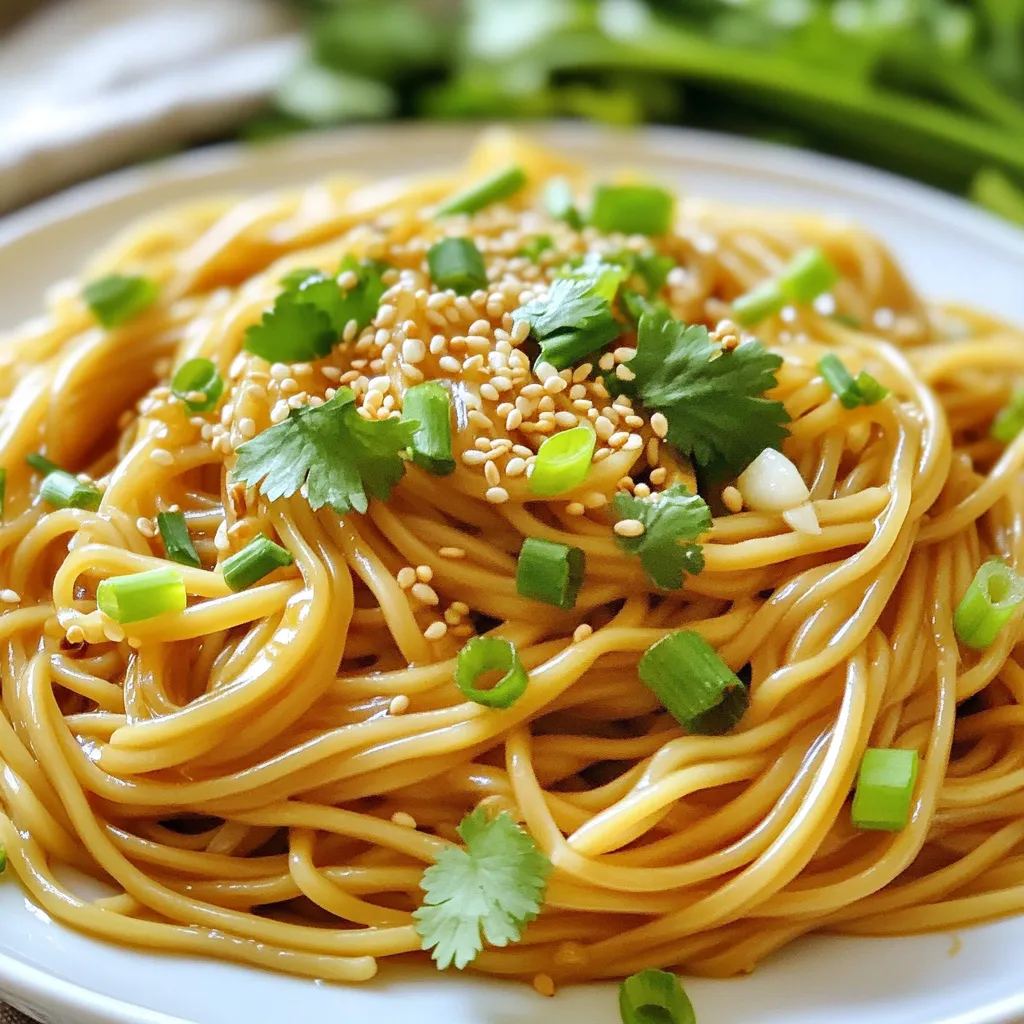 To make garlic sesame noodles, start with your noodles. You can use: - 8 oz (225g) noodles (like spaghetti or soba) - 6 cloves garlic, minced These noodles are your base. They soak up all the flavors. Next, gather your sauces and seasonings. You will need: - 4 tablespoons sesame oil - 2 tablespoons soy sauce (low sodium if you prefer) - 1 tablespoon rice vinegar - 1 tablespoon honey or maple syrup - 1 teaspoon chili flakes (adjust for spice level) These ingredients create the rich and savory sauce that gives the dish its signature flavor. Finally, don’t forget the garnishes. They add color and taste. Use: - 1/4 cup sesame seeds, toasted - 4 green onions, chopped - Fresh cilantro leaves (optional) Garnishes make your dish look and taste even better. Try to add a little extra for that wow factor! First, cook the noodles. You can use spaghetti or soba noodles. Bring water to a boil. Add 8 oz (225g) of noodles and cook them according to the package. Once done, drain the noodles. Rinse them under cold water to stop cooking. This keeps them firm. Set the noodles aside for later. Next, let's make the sauce. Take a large skillet and heat 4 tablespoons of sesame oil over medium heat. Add 6 minced garlic cloves. Stir and cook for about 1-2 minutes. You want the garlic to smell good, but not brown. In a small bowl, mix 2 tablespoons of soy sauce, 1 tablespoon of rice vinegar, 1 tablespoon of honey or maple syrup, and 1 teaspoon of chili flakes. Pour this mixture into the skillet with the garlic. Stir it well to combine. Now it’s time to mix everything together. Add the cooked noodles to the skillet. Toss them to coat with the garlic-sesame sauce. Cook for 2-3 more minutes until heated through. Remove the skillet from heat. Stir in 1/4 cup of toasted sesame seeds and 4 chopped green onions. Save some green onions for later. Season with salt and pepper to taste. Serve the garlic sesame noodles on a platter or in bowls. Top with extra green onions and cilantro if you want. Enjoy your flavorful meal! To cook the noodles just right, follow the package instructions. Start with plenty of water. Add a pinch of salt to the water for extra flavor. Once boiling, add the noodles and stir them to prevent sticking. Cook until they are al dente, meaning they should still have a slight bite. After draining, rinse them under cold water. This stops the cooking and keeps them from clumping. You can customize the flavor of your garlic sesame noodles easily. Want it spicier? Add more chili flakes to the sauce. Prefer a sweeter taste? Increase the honey or maple syrup. If you like a stronger garlic flavor, add more minced garlic. Taste as you go to find your perfect balance. Remember, the key is to mix and taste until it feels just right. These noodles shine on their own, but you can boost them with toppings. Sprinkle extra sesame seeds on top for crunch. Add more chopped green onions for freshness. A handful of fresh cilantro adds a bright flavor. Try serving the noodles with grilled chicken or sautéed veggies for a complete meal. They also pair well with a side of steamed broccoli or a fresh salad. Enjoy your delicious creation! {{image_2}} You can switch up the noodles for this dish. Spaghetti works great, but soba is a fun choice too. Rice noodles are another option. They will soak up the sauce well. You can also try whole wheat noodles for a healthier twist. Each noodle type brings its unique taste and texture. Experiment to find your favorite! Want to make your garlic sesame noodles heartier? Add proteins like chicken, shrimp, or tofu. Cook them separately and mix them in. For veggies, try bell peppers, carrots, or snap peas. Sauté them until tender and then toss them with the noodles. This adds color and nutrients to your meal. You can even add leafy greens like spinach or bok choy for extra health benefits. To make this dish gluten-free, use rice noodles or gluten-free pasta. Check sauce labels to ensure they are gluten-free. For a vegan option, swap honey for maple syrup. The dish stays tasty and satisfying without animal products. You can still enjoy all the flavors you love! These adaptations keep the spirit of the dish intact while catering to different diets. To keep your garlic sesame noodles fresh, place them in an airtight container. Make sure to cool them first to avoid steam buildup. Store in the fridge for up to three days. If you notice any moisture, use a paper towel to absorb it. This helps keep the noodles from becoming soggy. When you’re ready to eat, reheat the noodles on the stove. Add a splash of water or extra sesame oil to keep them moist. Stir them over medium heat for about five minutes. You can also use the microwave, but be careful not to overheat. Heat in 30-second intervals and stir in between. If you want to store garlic sesame noodles for longer, freezing is a great option. First, let them cool completely. Then, portion them into freezer bags. Remove as much air as possible before sealing. They can last up to three months in the freezer. When ready to eat, thaw in the fridge overnight and reheat as mentioned above. Yes, you can use many types of noodles. Spaghetti or soba work well. You can also try rice noodles, egg noodles, or even whole wheat noodles. Each type will give a different taste and texture. Just remember to cook them according to their package instructions. To add more heat, you can increase the chili flakes. Start with two teaspoons instead of one. You can also add fresh sliced chili peppers to the dish. Sriracha or chili oil can also work well. Mix in a little at a time and taste as you go. Garlic sesame noodles pair well with many sides. Try a simple cucumber salad for a fresh crunch. Steamed broccoli or bok choy also work great. For protein, serve it with grilled chicken or tofu. These sides enhance the meal and add more variety. This blog post covered the key ingredients and steps to make garlic sesame noodles. You learned about noodle options, sauces, and garnishes. I shared tips to cook perfect noodles and adjust flavors. We explored variations for proteins, vegetables, and special diets. Lastly, I discussed how to store and reheat leftovers effectively. Embrace this dish as your new go-to. Enjoy experimenting with your unique twists!