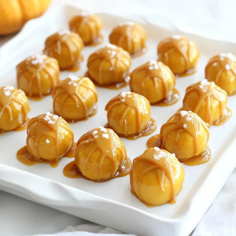 To make No Bake Caramel Pretzel Pumpkin Bites, gather these simple items: - 1 cup pumpkin puree - 1/2 cup cream cheese, softened - 1/4 cup powdered sugar - 1 teaspoon vanilla extract - 1/2 teaspoon pumpkin pie spice - 1 cup mini pretzels, crushed - 1/2 cup caramel sauce (store-bought or homemade) - Sea salt for sprinkling Each ingredient plays a key role in flavor and texture. Here’s why they matter: - Pumpkin puree: This gives the bites their base flavor. You can replace it with mashed sweet potato if needed. - Cream cheese: It adds creaminess. For a lighter option, use Greek yogurt. - Powdered sugar: This sweetens the mix. You can use granulated sugar, but it may change the texture. - Vanilla extract: Adds depth. You could use almond extract for a twist. - Pumpkin pie spice: This spice blend is crucial for fall flavor. You can mix cinnamon, nutmeg, and ginger as a substitute. - Mini pretzels: They provide crunch and saltiness. If you can't find them, use regular pretzels, crushed. - Caramel sauce: This sweet topping is essential. You might use chocolate sauce for a different flavor. - Sea salt: This enhances sweetness. Any coarse salt will work. When choosing ingredients, keep these tips in mind: - Pumpkin puree: Look for pure pumpkin, not pie filling. It should be thick and rich in color. - Cream cheese: Choose full-fat for the best texture. Make sure it's softened to mix well. - Powdered sugar: Check for freshness. Old sugar can clump and affect texture. - Mini pretzels: Opt for unsalted pretzels to control the saltiness in the bites. - Caramel sauce: If making homemade, use quality ingredients for the best taste. If buying, check the label for natural options. - Pumpkin pie spice: Fresh spices have a stronger flavor. Buy whole spices and grind them for the best taste. Start by gathering your ingredients. You need pumpkin puree, cream cheese, powdered sugar, vanilla extract, and pumpkin pie spice. In a large mixing bowl, add the pumpkin puree and softened cream cheese. Beat them together with an electric mixer. Mix until the blend is smooth and creamy. Next, add the powdered sugar, vanilla extract, and pumpkin pie spice. Continue to mix until everything is well combined. This mix is the heart of your bites. Once your mixture is smooth, it's time to form the bites. Take a tablespoon and scoop out some of the mixture. Roll it into a ball about one inch in size. You want these bites to be easy to pop in your mouth. Place each ball on a parchment-lined baking sheet. Make sure to leave space between each one. This helps them stay neat as they chill. Now for the fun part! Grab your caramel sauce. You can use store-bought or homemade. Drizzle the caramel over each pumpkin bite. You can use a spoon for a casual look or a squeeze bottle for a fancy touch. After drizzling, sprinkle a pinch of sea salt on top. This adds a nice contrast to the sweet caramel. For a beautiful display, arrange the bites on a platter. You can drizzle extra caramel around the bites and add whole pretzels or edible leaves to make it festive. When making No Bake Caramel Pretzel Pumpkin Bites, watch out for a few common mistakes. First, don’t skip softening the cream cheese. Cold cream cheese makes mixing hard. Second, avoid over-mixing the pumpkin mixture. You want it creamy, not runny. Finally, don’t forget to chill the bites. This step helps them firm up and taste better. To get the perfect texture, follow these tips. Use fresh pumpkin puree for a rich flavor. If you use canned, check the label for pure pumpkin, not pie filling. Mix until the cream cheese blends well but stop once you add the pretzels. You want a chunky texture. Lastly, let the bites chill long enough to hold their shape. To boost flavor, drizzle extra caramel sauce on top before serving. A sprinkle of sea salt gives a sweet and salty taste. For a fun look, arrange the bites on a colorful platter. Add whole pretzels or edible leaves for a festive touch. This makes your treats look great and taste even better! {{image_2}} You can change the flavor of your pumpkin bites with some easy swaps. Try adding maple syrup for a sweet twist. You can also mix in some chopped nuts for crunch. If you like spice, add a hint of cinnamon or nutmeg. For a tangy kick, some lemon zest works well too. These small changes can make your bites unique and fun. Toppings can make your bites even better. Instead of just caramel sauce, try chocolate drizzle for a rich taste. You could also use white chocolate for a sweet contrast. For a crunchy texture, sprinkle crushed pretzels or nuts on top. If you want a touch of color, use sprinkles or edible glitter. Each topping gives a new look and flavor. You can change your pumpkin bites for any holiday. For Halloween, add orange food coloring to the mix for a festive look. During Thanksgiving, try using gingerbread spice instead of pumpkin pie spice. For Christmas, mix in crushed candy canes or peppermint extract. These twists can make your treats feel special for any occasion. To keep your No Bake Caramel Pretzel Pumpkin Bites fresh, store them in the fridge. Use an airtight container to prevent them from drying out. If you have a lot left, separate layers with parchment paper. This stops them from sticking together. Keep them cool until you are ready to enjoy them again. These tasty bites last up to five days in the fridge. After that, they may lose their taste and texture. If you notice any changes in smell or appearance, it is best to toss them out. Always check before you take a bite! You can freeze these bites for up to two months. To freeze, place them on a baking sheet without touching. Freeze them until solid, then transfer them to a freezer-safe bag. Label the bag with the date, so you know when you made them. When ready to eat, thaw them in the fridge overnight. Enjoy the same great taste! Yes, you can make these bites ahead of time. They taste great after chilling. You can prepare them a day in advance and keep them in the fridge. Just cover them well with plastic wrap. This way, they stay fresh and ready for your guests. If you cannot find pumpkin puree, you can use mashed sweet potatoes. They have a similar texture and flavor. Another option is butternut squash puree. Both choices will give you a tasty bite. Just make sure they are smooth. You can make homemade caramel sauce with just a few ingredients. Here’s a simple way to do it: 1. In a saucepan, add 1 cup of sugar. 2. Heat it on medium until it melts and turns golden brown. 3. Stir in 1/2 cup of heavy cream slowly. Be careful; it will bubble up. 4. Add 1/4 teaspoon of salt for flavor. 5. Let it cool before using. This sauce is perfect for drizzling over your pumpkin bites. In this post, I shared key tips on making No Bake Caramel Pretzel Pumpkin Bites. You learned about important ingredients, how to mix them, and form the bites. I also covered storage tips and answered common questions. Remember, picking fresh ingredients can boost flavor. Avoid typical mistakes for the best texture. Experiment with fun variations for any season. Enjoy your tasty bites and impress everyone with your skills!
