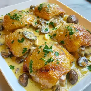 - Chicken thighs: I love using boneless, skinless chicken thighs for this dish. They stay juicy and tender while cooking. Plus, they soak up all the sauce flavors beautifully. - Mushrooms: You can use either cremini or button mushrooms. Cremini adds a deeper flavor, while button mushrooms keep it mild. Both options work well in this creamy sauce. - Heavy cream and chicken broth: Heavy cream is key for that rich and creamy texture. It makes the sauce luscious. Chicken broth adds depth and balances the creaminess. Together, they create a sauce that clings to the chicken and mushrooms, making each bite heavenly. This combination of ingredients creates a comforting and satisfying meal that is simple yet delicious. 1. Start by heating a large skillet over medium-high heat. Add one tablespoon of olive oil. 2. While the oil heats, season the chicken thighs with salt, pepper, and paprika. 3. Once the oil is hot, add the chicken thighs. Cook for 5-6 minutes on each side. 4. Look for a golden brown color on the chicken. Make sure it’s cooked through. 5. Remove the chicken from the skillet and set it aside. 1. In the same skillet, add 2 cups of sliced mushrooms. Cook them for about 5 minutes. 2. Stir the mushrooms until they are soft and browned. 3. Next, add 4 cloves of minced garlic and 1 teaspoon of dried thyme. 4. Sauté these for a minute to let the flavors blend. 5. Pour in 1 cup of chicken broth. Scrape any bits from the bottom of the skillet. 6. Let it simmer for 2-3 minutes so it reduces slightly. 1. Lower the heat and stir in 1 cup of heavy cream. Mix it well. 2. Allow the sauce to simmer for about 3-4 minutes. It should thicken slightly. 3. Return the cooked chicken to the skillet. Coat it well with the creamy mushroom sauce. 4. Let it cook for an additional 2 minutes to heat the chicken through. 5. Taste and adjust seasoning with salt and pepper as needed. 6. Remove the skillet from the heat when done. - Optimal skillet temperature: Start with medium-high heat. This helps brown the chicken and mushrooms. You want a nice sizzle when you add the chicken. If it’s too low, the chicken will steam instead of sear. - Achieving the perfect sauce consistency: After adding the heavy cream, keep the heat low. This helps the sauce thicken slowly. Stir gently and let it simmer for a few minutes. If it’s too thick, add a little more chicken broth. - Serving garnishes: Fresh parsley adds color and brightness. Chop it finely and sprinkle it over the dish before serving. This small touch makes a big difference in how it looks. - Ideal side dishes for pairing: Serve this dish with rice or mashed potatoes. Both soak up the creamy sauce well. You can also add steamed broccoli for a healthy crunch. {{image_2}} You can switch chicken thighs for turkey thighs. Turkey gives a nice, lean taste. It also cooks well in the same creamy sauce. If you want a different flavor, try using pork chops. They can add a fun twist to the dish. Mushrooms play a big role in this recipe. You can use different types like shiitake or portobello. Shiitake mushrooms add a rich, earthy flavor. Portobello mushrooms are meaty and will fill you up. Get creative with your choice of mushrooms! If you want to make this dish dairy-free, swap heavy cream for coconut milk. It adds a sweet flavor that pairs well with garlic. You can also use almond milk and a thickener like cornstarch. For a low-carb version, skip the heavy cream. Use cauliflower puree instead. It gives you a creamy texture without the carbs. You can also serve the dish over zucchini noodles or cauliflower rice. This keeps it light yet satisfying. To keep your creamy garlic mushroom chicken fresh, store leftovers in the fridge. First, let the dish cool completely. Then, place it in an airtight container. This helps keep it from drying out. It’s best to use glass or BPA-free plastic containers. They seal well and prevent spills. When it's time to enjoy your leftovers, reheating properly is key. The best way to reheat this dish is on the stove. Use a skillet over medium heat. Add a splash of chicken broth or cream to keep it creamy. Stir it often to heat evenly. If you prefer the microwave, place the chicken in a microwave-safe dish. Cover it with a damp paper towel to keep moisture in. Heat it for 1–2 minutes. Check and stir halfway through to warm it all. For both methods, aim for an internal temperature of 165°F to ensure it's safe to eat. Enjoy your delicious meal again! Can I use frozen chicken thighs? Yes, you can use frozen chicken thighs. Just remember to thaw them first. Thawing helps the chicken cook evenly. You can thaw them overnight in the fridge or use the microwave. How to make the sauce thicker? To thicken the sauce, you can simmer it longer. This helps reduce the liquid. You can also mix a spoon of cornstarch with water, then add it to the sauce. This will help it thicken quickly. What can I substitute for heavy cream? You can use half-and-half or whole milk as a substitute. For a lighter option, try using Greek yogurt. Just mix it in slowly to keep the sauce creamy. How to tell when chicken is fully cooked? Check if the chicken has no pink inside. The juices should run clear. You can also use a meat thermometer. The chicken should reach 165°F (75°C) to be safe to eat. Pairing suggestions for sides? I love serving this dish with rice or mashed potatoes. These sides soak up the creamy sauce well. Steamed veggies, like broccoli or green beans, also add a nice touch. This blog post explored making a delicious chicken thigh dish with mushroom sauce. We covered key ingredients like chicken, mushrooms, cream, and broth. You learned step-by-step cooking tips, from browning the chicken to perfecting the sauce. I shared techniques for presentation, variations for dietary needs, and storage tips for leftovers. In the end, this meal is both adaptable and satisfying. Enjoy experimenting with flavors and sharing this dish with others. It’s a simple recipe that can impress anyone!