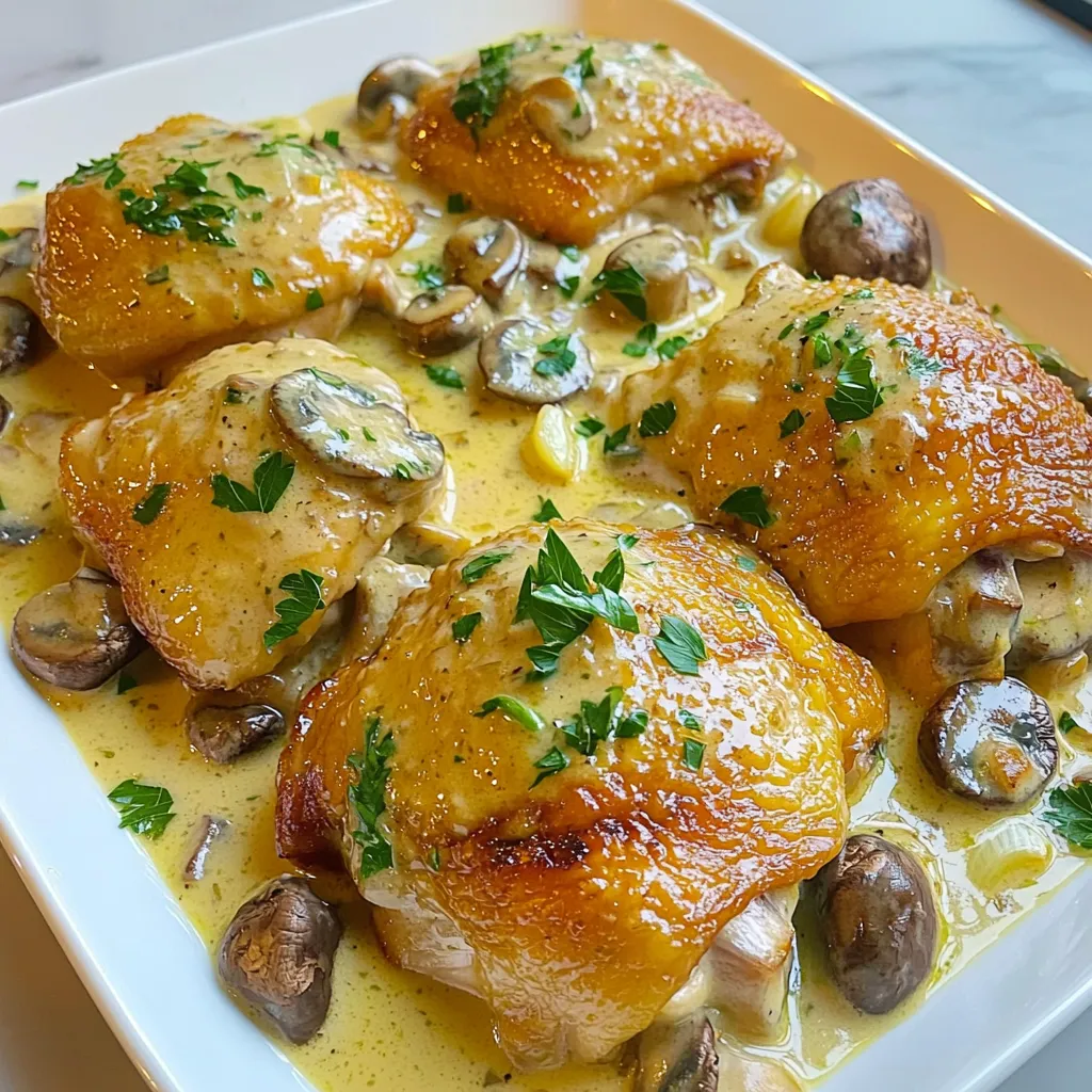 - Chicken thighs: I love using boneless, skinless chicken thighs for this dish. They stay juicy and tender while cooking. Plus, they soak up all the sauce flavors beautifully. - Mushrooms: You can use either cremini or button mushrooms. Cremini adds a deeper flavor, while button mushrooms keep it mild. Both options work well in this creamy sauce. - Heavy cream and chicken broth: Heavy cream is key for that rich and creamy texture. It makes the sauce luscious. Chicken broth adds depth and balances the creaminess. Together, they create a sauce that clings to the chicken and mushrooms, making each bite heavenly. This combination of ingredients creates a comforting and satisfying meal that is simple yet delicious. 1. Start by heating a large skillet over medium-high heat. Add one tablespoon of olive oil. 2. While the oil heats, season the chicken thighs with salt, pepper, and paprika. 3. Once the oil is hot, add the chicken thighs. Cook for 5-6 minutes on each side. 4. Look for a golden brown color on the chicken. Make sure it’s cooked through. 5. Remove the chicken from the skillet and set it aside. 1. In the same skillet, add 2 cups of sliced mushrooms. Cook them for about 5 minutes. 2. Stir the mushrooms until they are soft and browned. 3. Next, add 4 cloves of minced garlic and 1 teaspoon of dried thyme. 4. Sauté these for a minute to let the flavors blend. 5. Pour in 1 cup of chicken broth. Scrape any bits from the bottom of the skillet. 6. Let it simmer for 2-3 minutes so it reduces slightly. 1. Lower the heat and stir in 1 cup of heavy cream. Mix it well. 2. Allow the sauce to simmer for about 3-4 minutes. It should thicken slightly. 3. Return the cooked chicken to the skillet. Coat it well with the creamy mushroom sauce. 4. Let it cook for an additional 2 minutes to heat the chicken through. 5. Taste and adjust seasoning with salt and pepper as needed. 6. Remove the skillet from the heat when done. - Optimal skillet temperature: Start with medium-high heat. This helps brown the chicken and mushrooms. You want a nice sizzle when you add the chicken. If it’s too low, the chicken will steam instead of sear. - Achieving the perfect sauce consistency: After adding the heavy cream, keep the heat low. This helps the sauce thicken slowly. Stir gently and let it simmer for a few minutes. If it’s too thick, add a little more chicken broth. - Serving garnishes: Fresh parsley adds color and brightness. Chop it finely and sprinkle it over the dish before serving. This small touch makes a big difference in how it looks. - Ideal side dishes for pairing: Serve this dish with rice or mashed potatoes. Both soak up the creamy sauce well. You can also add steamed broccoli for a healthy crunch. {{image_2}} You can switch chicken thighs for turkey thighs. Turkey gives a nice, lean taste. It also cooks well in the same creamy sauce. If you want a different flavor, try using pork chops. They can add a fun twist to the dish. Mushrooms play a big role in this recipe. You can use different types like shiitake or portobello. Shiitake mushrooms add a rich, earthy flavor. Portobello mushrooms are meaty and will fill you up. Get creative with your choice of mushrooms! If you want to make this dish dairy-free, swap heavy cream for coconut milk. It adds a sweet flavor that pairs well with garlic. You can also use almond milk and a thickener like cornstarch. For a low-carb version, skip the heavy cream. Use cauliflower puree instead. It gives you a creamy texture without the carbs. You can also serve the dish over zucchini noodles or cauliflower rice. This keeps it light yet satisfying. To keep your creamy garlic mushroom chicken fresh, store leftovers in the fridge. First, let the dish cool completely. Then, place it in an airtight container. This helps keep it from drying out. It’s best to use glass or BPA-free plastic containers. They seal well and prevent spills. When it's time to enjoy your leftovers, reheating properly is key. The best way to reheat this dish is on the stove. Use a skillet over medium heat. Add a splash of chicken broth or cream to keep it creamy. Stir it often to heat evenly. If you prefer the microwave, place the chicken in a microwave-safe dish. Cover it with a damp paper towel to keep moisture in. Heat it for 1–2 minutes. Check and stir halfway through to warm it all. For both methods, aim for an internal temperature of 165°F to ensure it's safe to eat. Enjoy your delicious meal again! Can I use frozen chicken thighs? Yes, you can use frozen chicken thighs. Just remember to thaw them first. Thawing helps the chicken cook evenly. You can thaw them overnight in the fridge or use the microwave. How to make the sauce thicker? To thicken the sauce, you can simmer it longer. This helps reduce the liquid. You can also mix a spoon of cornstarch with water, then add it to the sauce. This will help it thicken quickly. What can I substitute for heavy cream? You can use half-and-half or whole milk as a substitute. For a lighter option, try using Greek yogurt. Just mix it in slowly to keep the sauce creamy. How to tell when chicken is fully cooked? Check if the chicken has no pink inside. The juices should run clear. You can also use a meat thermometer. The chicken should reach 165°F (75°C) to be safe to eat. Pairing suggestions for sides? I love serving this dish with rice or mashed potatoes. These sides soak up the creamy sauce well. Steamed veggies, like broccoli or green beans, also add a nice touch. This blog post explored making a delicious chicken thigh dish with mushroom sauce. We covered key ingredients like chicken, mushrooms, cream, and broth. You learned step-by-step cooking tips, from browning the chicken to perfecting the sauce. I shared techniques for presentation, variations for dietary needs, and storage tips for leftovers. In the end, this meal is both adaptable and satisfying. Enjoy experimenting with flavors and sharing this dish with others. It’s a simple recipe that can impress anyone!