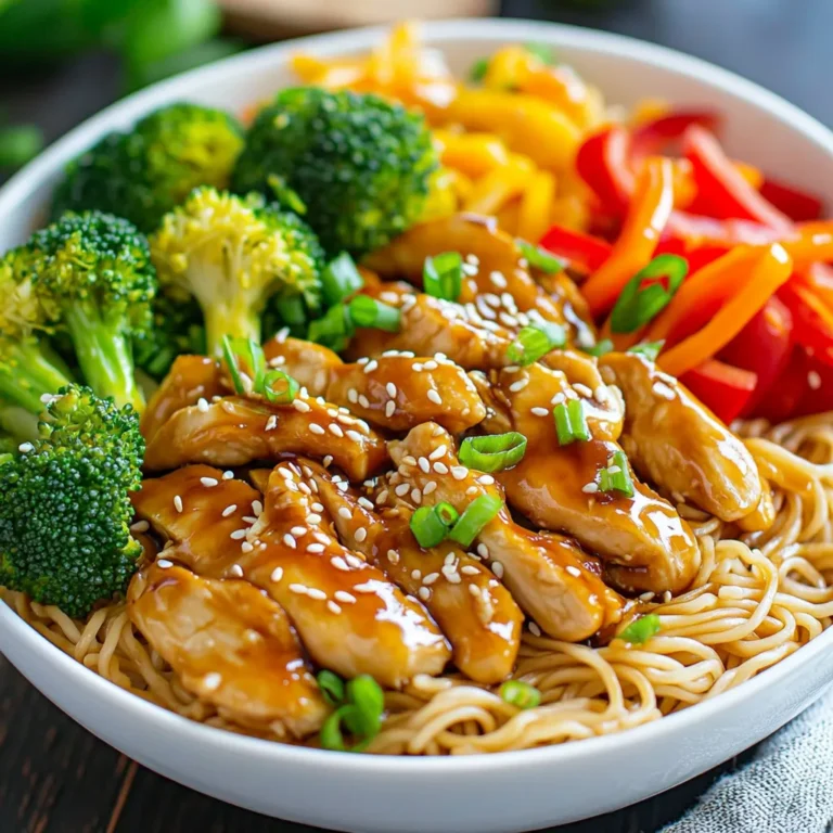 - 2 boneless, skinless chicken breasts, thinly sliced - 8 oz whole wheat noodles (or any preferred noodles) - 1 cup broccoli florets - 1 red bell pepper, thinly sliced - 1 medium carrot, julienned - 3 green onions, chopped - 1 tablespoon sesame oil - 3 tablespoons soy sauce (low sodium if preferred) - 2 tablespoons teriyaki sauce - 1 tablespoon honey or maple syrup - 1 tablespoon ginger, minced - 2 cloves garlic, minced - Sesame seeds for garnish - Fresh cilantro for garnish (optional) I chose these ingredients for their balance of taste and nutrition. The chicken provides protein and the veggies add color and crunch. Whole wheat noodles offer fiber. You can use sesame seeds or fresh cilantro as garnishes. These add flavor and make the dish look great. Green onions also give a nice pop of color and taste. If you don't have chicken, try shrimp or tofu. For noodles, rice noodles work well too. You can swap broccoli for snap peas or bell peppers for zucchini. Adapt the recipe to what you have on hand! {{ingredient_image_1}} Start by boiling water in a large pot. Once the water boils, add the noodles. Cook them according to the package instructions. Whole wheat noodles take about 8-10 minutes. Stir them often to avoid sticking. When they are done, drain the noodles. Toss them with a little sesame oil to keep them from clumping. Set them aside for later use. Now, grab a large skillet or wok. Heat 1 tablespoon of sesame oil over medium-high heat. Add minced garlic and ginger. Sauté for about 30 seconds until fragrant. Next, add the thinly sliced chicken. Cook it for 5-7 minutes until browned and cooked through. Stir often to ensure even cooking. Once the chicken is cooked, add broccoli florets, red bell pepper, and julienned carrot. Cook for another 3-4 minutes. You want the veggies tender but still crisp. While the chicken cooks, whisk together soy sauce, teriyaki sauce, and honey in a small bowl. Once the chicken and veggies are ready, pour this sauce over them. Mix well to coat everything evenly. Next, add the cooked noodles to the skillet. Toss all the ingredients together until heated through. Remove from heat, and garnish with chopped green onions, sesame seeds, and fresh cilantro if you like. Enjoy your savory Chicken Teriyaki Noodles! To cook chicken well, start with thin slices. Thin slices cook faster and evenly. Use a hot skillet to sear the chicken. This gives a nice brown color. Don't crowd the pan; cook in batches if needed. Season the chicken with a pinch of salt before cooking. This enhances its flavor. Make sure the chicken reaches 165°F to ensure it's safe to eat. For perfect noodles, follow the package instructions closely. Use plenty of water to avoid sticking. Add a little sesame oil after draining. This keeps the noodles separate and adds flavor. Don't overcook the noodles; they should be al dente. This means they should still have a slight bite. If you want a twist, try whole wheat or rice noodles. To boost the flavor, try adding more garlic or ginger. These ingredients give a nice kick. A splash of lime juice can brighten the dish, too. For heat, add red pepper flakes or sriracha. You can also add a splash of rice vinegar for tanginess. Don't forget to garnish with sesame seeds and green onions. They add texture and visual appeal. Pro Tips Marinate the Chicken: For enhanced flavor, marinate the sliced chicken in soy sauce and ginger for at least 30 minutes before cooking. Veggie Variations: Feel free to add other vegetables like snap peas, mushrooms, or bok choy for more variety and nutrition. Adjusting Sweetness: Depending on your preference, you can adjust the sweetness of the sauce by adding more honey or maple syrup. Serving Suggestions: Serve with lime wedges and chili flakes on the side for those who prefer a bit of zest and heat in their dish. {{image_2}} To make Chicken Teriyaki Noodles vegetarian, skip the chicken. You can use tofu instead. Firm tofu works best. Cut it into small cubes. Toss it in the pan until golden brown. For a vegan option, replace honey with maple syrup. This gives a sweet touch without animal products. You can also add edamame for protein. If you need gluten-free noodles, use rice noodles or quinoa noodles. These options cook quickly and taste great. Make sure to choose gluten-free soy sauce. This small swap keeps the dish tasty. Always check labels when buying sauces. Feel free to mix in other veggies. Snap peas add a nice crunch. Mushrooms bring a rich flavor. Zucchini or bell peppers also work well. Slice them thin to cook fast. Add any veggies you love to boost nutrition. This dish is very flexible! To keep your Chicken Teriyaki Noodles fresh, store them in airtight containers. Let the dish cool down first. You can place leftovers in the fridge for up to three days. If you want to keep them for longer, consider freezing. When you're ready to enjoy leftovers, reheat them gently. Use a skillet over medium heat. Add a splash of water or broth to keep them moist. Stir often until everything is heated through. You can also microwave them in a covered bowl. Heat in short bursts, stirring between, until hot. If you want to freeze your Chicken Teriyaki Noodles, they can last for up to three months. Portion them into airtight freezer bags or containers. Make sure to remove as much air as possible. When you're ready to eat, thaw them in the fridge overnight. Reheat as mentioned before for the best taste. Yes, you can use other proteins. Tofu works great for a vegetarian dish. Shrimp or beef are also good choices. Just adjust the cooking time as needed. For shrimp, cook until they turn pink. For beef, thinly slice and cook until browned. Each protein adds its own flavor. Whole wheat noodles are my favorite. They add a nutty flavor and are healthy. You can also use rice noodles, udon, or even ramen. Just pick whichever you like best. Make sure to follow the cooking time on the package for perfect noodles. Add crushed red pepper flakes for heat. Start with a small amount and taste as you go. You can also add sliced jalapeños or a dash of hot sauce. If you like a strong flavor, try using spicy teriyaki sauce. Adjust to your heat preference for a kick! This blog post covered how to make Chicken Teriyaki Noodles. We looked at key ingredients, cooking steps, and helpful tips. Remember to cook your chicken well and choose the right noodles. You can switch up ingredients to suit your taste or diet, like trying a vegan option or adding veggies. Store leftovers properly to keep them fresh. Enjoy creating this delicious dish, and don’t hesitate to improvise!
