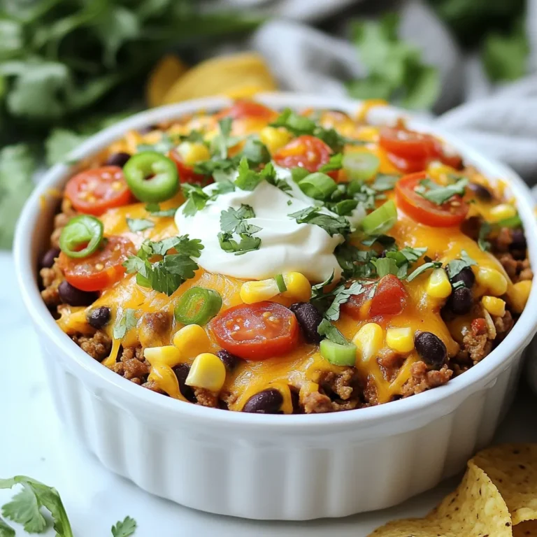 - 1 pound ground turkey - 1 can (15 oz) black beans, drained and rinsed - 1 can (15 oz) corn, drained - 1 can (10 oz) diced tomatoes with green chilies - 1 packet taco seasoning - 1 cup cooked quinoa or rice - 1 cup shredded cheddar cheese - 1 cup salsa - 1/2 cup chopped green onions - 1/2 cup sour cream - Tortilla chips for topping - Fresh cilantro for garnish Gathering these ingredients is the first step to a great meal. I love using ground turkey because it offers a lighter option without losing flavor. The black beans and corn add fiber and sweetness to balance the dish. Diced tomatoes with green chilies bring a nice kick, while taco seasoning ties all the flavors together. For the toppings, I always go for shredded cheddar cheese. It melts beautifully and adds richness. Salsa gives a fresh taste, and green onions provide a nice crunch. A dollop of sour cream cools the heat, and tortilla chips add extra texture. Top it all off with cilantro for a burst of freshness. These ingredients make this casserole a savory comfort dish that everyone will love. {{ingredient_image_1}} - Preheat your oven to 350°F (175°C). - In a large skillet, cook 1 pound of ground turkey over medium heat. Brown it for about 5-7 minutes. Drain any extra fat. - Spread half of the turkey mixture in a greased 9x13-inch baking dish. - Pour half of the salsa over the turkey layer. Sprinkle half of the shredded cheddar cheese on top. - Repeat this with the rest of the turkey, salsa, and cheese. - Bake in the preheated oven for about 25 minutes. Look for the cheese to bubble and turn golden. - Once done, let it sit for 5 minutes. Top with chopped green onions, a dollop of sour cream, and crushed tortilla chips for crunch. - Garnish with fresh cilantro before serving. To brown ground turkey, heat a skillet over medium heat. Add the turkey, breaking it apart with a spatula. Cook for 5-7 minutes until it is no longer pink. Make sure to drain excess fat to keep it lean and tasty. Season the meat with taco seasoning while cooking. This adds great flavor to the turkey. For layering, start with half the turkey mixture in the baking dish. Pour half of the salsa over this layer. Sprinkle half the cheese next. Repeat for the second layer. This method ensures every bite is full of flavor. The best side dishes with this casserole are simple. Serve with a fresh green salad or some tortilla chips. You can add guacamole for a creamy touch. For gatherings, serve the casserole in a large dish. Let guests scoop their portions. You can also serve it in smaller dishes for a fun twist. You can make this casserole ahead of time. Prepare it, cover it, and store it in the fridge for up to 2 days. Just bake it before serving. If you have leftovers, let them cool. Transfer to airtight containers and freeze. When you're ready to eat, thaw in the fridge overnight and reheat in the oven for best results. Pro Tips Use Lean Turkey: Opt for lean ground turkey to keep the casserole lower in fat while still being flavorful. Customize Your Spice: Feel free to adjust the taco seasoning to your liking; add more for extra heat or reduce for a milder flavor. Make Ahead: Prepare the casserole a day ahead and refrigerate it. Just bake it when you're ready to serve! Top with Fresh Ingredients: Adding fresh toppings like diced avocados or jalapeños can enhance the dish and add a burst of flavor. {{image_2}} To make this dish gluten-free, swap regular taco seasoning for a gluten-free mix. This small change keeps the flavor while making it safe for those with gluten issues. You can also choose corn tortillas or skip them altogether. For a vegetarian option, use beans or lentils. These ingredients add protein and keep the dish hearty. If you like heat, add more peppers. Jalapeños or serranos work well. This spicy kick can make your casserole exciting. For a Southwestern twist, mix in corn, bell peppers, or even some diced avocado. These ingredients brighten the flavors and add a fun touch. If you want a different meat, use ground beef or chicken. Both options will work well in this recipe. You can also change the beans. Black beans are great, but pinto or kidney beans fit too. For grains, quinoa is tasty, but brown rice or farro can be used instead. These swaps let you customize the dish to your liking. To keep your Ground Turkey Taco Casserole fresh, store leftovers in an airtight container. This method helps prevent moisture loss and keeps flavors intact. Your casserole will last up to four days in the fridge. Make sure it cools down before sealing it. This way, you avoid condensation, which can make it soggy. For reheating, I recommend using the oven. Preheat your oven to 350°F (175°C). Place the casserole in an oven-safe dish. Cover it with foil to keep moisture in. Bake for about 15 to 20 minutes until it’s warm all the way through. If you prefer the microwave, heat individual portions on medium power for about 2 to 3 minutes. Stir halfway to heat evenly. You can freeze the casserole for later use. First, let it cool completely. Then, cut it into portions and wrap them tightly in plastic wrap. Place the wrapped portions in a freezer-safe bag. This method helps save space and keeps them fresh. Your casserole can last for up to three months in the freezer. When you're ready to eat, thaw it overnight in the fridge. Reheat as mentioned above for best results. Can I make ground turkey taco casserole ahead of time? Yes, you can make this casserole ahead of time. Prepare it up to the baking step. Cover it tightly and store it in the fridge. When ready to bake, just pop it in the oven. This makes it perfect for busy nights. What can I substitute for taco seasoning? If you need a substitute, mix chili powder, cumin, garlic powder, and onion powder. This blend gives a nice flavor. You can adjust the spices to fit your taste. Can I use other types of meat? Yes, you can use other meats like ground beef or chicken. Just make sure to cook them fully. Each type of meat adds a different flavor. How do I know when the casserole is done? Check the cheese on top. It should be bubbly and golden brown. You can also use a food thermometer. The center should reach 165°F to be safe. Is quinoa necessary, or can I skip it? Quinoa adds protein and texture. However, if you don’t have it, you can skip it. You can replace it with rice or even more beans. Can I use fresh tomatoes instead of canned ones? Yes, you can use fresh tomatoes. Chop them finely and add them in place of canned. Just make sure to use about the same amount. This blog post covered the ground turkey taco casserole, from ingredients to storage. We discussed main and additional ingredients, cooking tips, and how to customize the recipe. Variations for dietary needs and flavor tweaks were explored. Remember, meal prep is easy, and leftovers freeze well. Enjoy this delicious dish at your next gathering or as a simple weeknight meal. Try different toppings for fun. Cooking can be both tasty and simple, so get started today!
