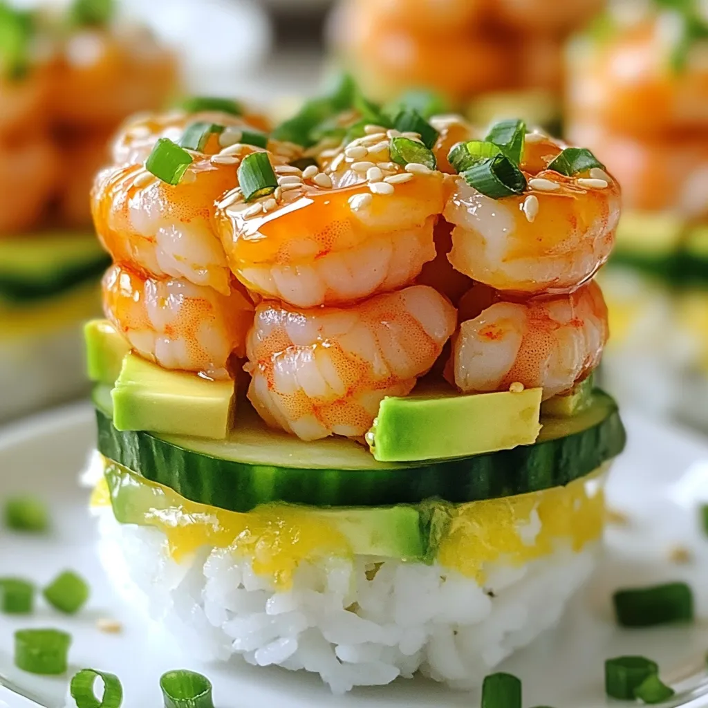 - 1 lb shrimp, peeled and deveined - 2 cups sushi rice - 1 avocado, sliced - 1 cucumber, thinly sliced For this recipe, shrimp is the star. I like to use fresh shrimp. It makes a big difference. Sushi rice is also key. It gives the right texture for stacking. The avocado adds creaminess, while cucumber brings a nice crunch. - 1/4 cup rice vinegar - 1 tablespoon sugar - 1 teaspoon salt - 2 tablespoons sriracha - 1 tablespoon mayonnaise (preferably Kewpie) Seasoning is vital for flavor. Rice vinegar gives a tangy taste. Sugar and salt balance that tang. The sriracha and mayonnaise mix creates a spicy, creamy sauce. This sauce coats the shrimp and makes it exciting. - Nori strips - Sesame seeds - Chopped green onions Garnishes add fun and flair. Nori strips give a savory crunch. Sesame seeds add a nutty touch. Chopped green onions provide freshness. You can mix and match these to make your stacks pop! {{ingredient_image_1}} Rinsing and Cooking the Rice Start by rinsing the sushi rice. Place it in a bowl and fill it with cold water. Swirl the rice until the water is cloudy, then drain. Repeat until the water runs clear. This removes excess starch. In a pot, combine 2 cups of sushi rice with 3 cups of water. Bring it to a boil over medium heat. Once boiling, cover the pot and reduce the heat to low. Let it simmer for 15-20 minutes. After the water is absorbed, take it off the heat and let it sit, covered, for 10 minutes. Seasoning the Sushi Rice In a small bowl, mix 1/4 cup rice vinegar, 1 tablespoon sugar, and 1 teaspoon salt. Stir until the sugar and salt dissolve. Once the rice is warm, gently fold this mixture into it. Be careful not to mash the grains. Let it cool slightly before using. Searing Shrimp to Perfection Heat a non-stick pan over medium heat. Add 1 pound of peeled and deveined shrimp to the pan. Cook for about 2-3 minutes on each side. The shrimp should turn pink and opaque when done. Remove them from the heat. Mixing Sriracha and Mayonnaise In a small bowl, combine 2 tablespoons of sriracha with 1 tablespoon of mayonnaise. Mix well to create a creamy sauce. Drizzle this over the cooked shrimp and toss to coat. This adds the spicy kick that makes the dish special. Layering Ingredients with Mold To assemble, use a round mold or a small container. Start with a layer of sushi rice, pressing it down gently. Next, add a layer of sliced avocado, followed by the spicy shrimp mixture. Top this with a few cucumber slices. Final Touches and Presentation Tips Sprinkle sesame seeds and chopped green onions over the top for garnish. Carefully remove the mold to keep the stack intact. Repeat this process until all ingredients are used. Serve the sushi stacks right away, and enjoy the vibrant colors and flavors! Common Mistakes to Avoid One mistake is not rinsing the rice enough. Rinsing removes excess starch. This keeps the rice from being too sticky. Another mistake is cooking the rice too long. You want it tender but firm. Overcooked rice can turn mushy, ruining your stacks. How to Get the Right Texture To get the right texture, use short-grain sushi rice. It has more starch, giving it a nice bite. After cooking, let the rice sit covered for ten minutes. This helps it steam and finish cooking. Finally, gently fold in the vinegar mixture, being careful not to mash the grains. Customizing the Spice Level You can adjust the spice level easily. If you like it mild, use less sriracha. For more heat, add more sriracha or try chili oil. You can also mix in some diced jalapeños for a fresh kick. Alternative Sauces to Try If you want to switch things up, try different sauces. You can use a spicy mayo made with wasabi. Or, try a tangy ponzu sauce for a citrus twist. These options add new layers of flavor to your sushi stacks. Ideal Pairings and Side Dishes Spicy shrimp sushi stacks pair well with a light salad. A simple cucumber salad or seaweed salad works great. You can also serve them with pickled ginger for a refreshing bite. Presentation Ideas for Entertaining For a fun presentation, stack the sushi in clear glasses. This shows off the colors and layers. You can also serve them on a wooden board with extra garnishes. Add some nori strips and sesame seeds for a beautiful touch. Pro Tips Use Fresh Shrimp: Fresh shrimp will enhance the flavor of your sushi stacks. If possible, buy shrimp from a trusted fishmonger or seafood market. Perfect Sushi Rice: The key to great sushi rice is to rinse it well until the water runs clear, which removes excess starch and prevents it from becoming gummy. Customize Spice Level: Adjust the amount of sriracha in the sauce to suit your taste. For a milder version, use less sriracha or substitute with a sweet chili sauce. Layering Technique: When stacking, press down gently to ensure the layers hold together without crushing the ingredients. This will help maintain a beautiful presentation. {{image_2}} You can switch shrimp for other proteins. Imitation crab is a great choice. It has a sweet taste and a nice texture. You can also try tofu for a plant-based option. Just press and cube the tofu, then sauté it until golden. Both options keep the fun and flavor alive. For vegetarians, mix in avocado and cucumber. Add roasted bell peppers or carrots for more crunch. These swaps let everyone enjoy sushi stacks. You can change the flavor of your sushi stacks easily. Adding fruits can create a nice twist. Mango or pineapple chunks add sweetness. You could also use pickled ginger for a tangy kick. Marinating shrimp in different sauces is another fun idea. Try teriyaki or soy sauce for a different taste. Let the shrimp soak for a bit, then cook. This change can make each bite unique and exciting. How you present your sushi stacks can impress your guests. Layer them in jars for a picnic. This way, they are easy to grab and eat. Plus, it looks super cute! Serving as a sushi platter is another great option. Arrange stacks on a large plate. Add some extra garnishes around them for color. This style makes your meal feel festive and fun. Store leftovers in an airtight container. This keeps them fresh and safe. Place the sushi stacks in the fridge right away. They last for up to two days. The rice and shrimp can dry out, so cover them well. For reheating shrimp, use a pan on low heat. This warms them gently and keeps them juicy. Avoid the microwave as it can overcook the shrimp. To keep rice fresh, sprinkle a little water on it before reheating. Cover the pan to trap steam and moisture. You can freeze sushi stacks, but it's not the best idea. The rice can become mushy once thawed. If you want to freeze them, separate the ingredients first. Freeze shrimp and rice in one bag and veggies in another. This way, you can assemble fresh stacks later. Yes, you can prepare sushi stacks ahead of time. I recommend making the rice and shrimp first. Allow the rice to cool completely. You can cook the shrimp and mix it with sriracha and mayonnaise. Store these components in separate containers in the fridge. When ready to eat, assemble the stacks. This keeps everything fresh and tasty. Just remember to layer the ingredients right before serving for the best texture. I prefer fresh shrimp for this recipe. Fresh shrimp has a sweeter taste and better texture. If fresh shrimp isn't available, frozen shrimp works well too. Just make sure to thaw it properly. Rinse it under cold water and pat it dry before cooking. Both types can shine in these sushi stacks if cooked right. Yes, Spicy Shrimp Sushi Stacks can be gluten-free. Use gluten-free soy sauce if you want to add extra flavor. Check the labels on your sriracha and mayonnaise too. Some brands may include gluten. Use rice vinegar and sushi rice, which are naturally gluten-free. This way, you can enjoy these stacks without worry. Spicy Shrimp Sushi Stacks are a fun and tasty dish to make. You need shrimp, sushi rice, vegetables, and some simple sauces. I shared easy steps to prepare key ingredients, cook shrimp, and assemble your stacks. You can customize them and get creative with flavors and presentations. In the end, these sushi stacks are not just a meal; they're an experience. Enjoy this guide, and impress your friends with your sushi skills. Happy cooking!