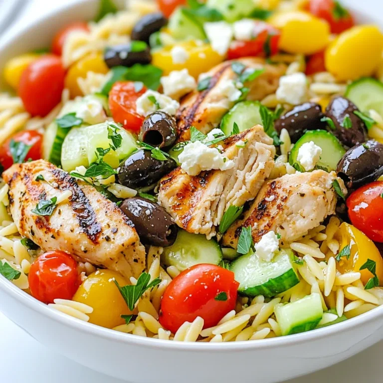 - 1 cup orzo pasta - 2 grilled chicken breasts, sliced - 1 cup cherry tomatoes, halved - 1 cucumber, diced - 1/2 red onion, finely chopped - 1/2 cup black olives, pitted and sliced - 1/2 cup feta cheese, crumbled - 1/4 cup fresh parsley, chopped - 3 tablespoons olive oil - 2 tablespoons lemon juice - 1 teaspoon dried oregano - Salt and pepper to taste You can change this salad to fit your taste. Here are some ideas: - Add bell peppers for crunch. - Use grilled shrimp instead of chicken for a seafood twist. - Swap feta with goat cheese for a creamier taste. - Toss in some avocado for extra creaminess. To make this salad, you will need: - A large pot to cook the orzo. - A mixing bowl for the salad. - A small bowl for the dressing. - A whisk to mix the dressing. - A cutting board and knife for chopping veggies. - A measuring cup and spoons for accurate measurements. {{ingredient_image_1}} Start by boiling a pot of salted water. Add the orzo pasta to the water. Cook it for about 8 to 10 minutes or until it feels firm but tender. This is called al dente. Once cooked, drain the orzo in a colander. Rinse it under cold water to stop the cooking. This step helps keep the orzo from getting mushy. For the chicken, preheat your grill to medium heat. Season the chicken breasts with salt and pepper. Grill the chicken for about 6 to 7 minutes on each side. You want it to be fully cooked and have nice grill marks. When done, take the chicken off the grill and let it rest for a few minutes. Then, slice it into bite-sized pieces. In a large bowl, combine the cooked orzo, grilled chicken slices, cherry tomatoes, diced cucumber, finely chopped red onion, sliced black olives, and crumbled feta cheese. In a smaller bowl, whisk together olive oil, lemon juice, dried oregano, salt, and pepper. Pour this dressing over the salad mix and toss gently. Make sure everything gets coated well. Finally, sprinkle fresh parsley on top for color and taste. If you have time, chill the salad in the fridge for 20 to 30 minutes. This helps the flavors blend together nicely. To cook orzo pasta, start with a big pot of water. Add salt to the water. This boosts the flavor of the pasta. Bring the water to a boil. Add the orzo and stir it. Cook for about 8 to 10 minutes. You want it to be al dente, which means it is firm but not hard. When it's done, drain the orzo. Rinse it under cold water. This stops the cooking. It keeps the orzo from becoming mushy. Grilling chicken gives it a nice smoky taste. First, marinate the chicken for at least 30 minutes. Use olive oil, lemon juice, salt, and pepper for great flavor. Preheat the grill to medium-high heat. Place the chicken on the grill and cook for 6-7 minutes on each side. Check that the chicken is cooked through. The inside should be 165°F. Once done, let it rest for a few minutes before slicing. This keeps the juices inside the chicken. The dressing can make or break your salad. For this Greek orzo salad, mix olive oil, lemon juice, dried oregano, salt, and pepper. Whisk these together in a small bowl. Taste it to see if you like the balance. You can add more lemon juice for tang or more olive oil for richness. Pour the dressing over your salad and toss it well. Every bite should be coated in flavor. Let the salad chill for 20-30 minutes. This helps the flavors blend and taste even better. Pro Tips Cook Orzo Al Dente: Ensure you cook the orzo until it's al dente for the best texture. This will help it hold up well in the salad and not become mushy. Chill for Flavor: Allowing the salad to chill in the refrigerator for 20-30 minutes enhances the flavors as they meld together, resulting in a more delicious dish. Customize Your Veggies: Feel free to add or substitute your favorite vegetables, such as bell peppers or spinach, to make the salad your own. Fresh Herbs Matter: Use fresh herbs like parsley or dill for a brighter taste. Dried herbs can be used in a pinch, but fresh really elevates the dish. {{image_2}} You can make a great vegetarian version of this salad. Simply leave out the chicken. Replace it with extra chickpeas or grilled zucchini. This way, you still get protein and flavor without meat. You can also add bell peppers for more color and crunch. Use the same dressing for added zest. If you need a gluten-free dish, use gluten-free orzo pasta. Many brands make great alternatives. You can also swap orzo for quinoa or rice. Both offer a nice base and fit well with the other flavors. Just make sure your olives and feta are gluten-free too. Feel free to get creative with your ingredients. Add artichoke hearts for a tangy kick. You can also toss in some spinach for extra greens. If you like spice, try adding jalapeños or red pepper flakes. You can adjust the dressing by adding more lemon juice for brightness or a bit of balsamic vinegar for depth. These changes can really make the salad shine! To keep your Greek Orzo Salad fresh, place it in a sealed container. Make sure to cover it tightly to prevent air from getting in. If you can, separate the dressing from the salad. This will help keep the orzo and veggies crisp. Use glass or plastic containers with tight lids for storage. Glass containers are great because they do not stain or hold odors. If you have smaller containers, they work well for single servings. This makes it easy to grab a quick meal. Your Greek Orzo Salad will stay good for about three to four days in the fridge. After that, the flavors may fade and the veggies can get mushy. Always check for any off smells or changes in texture before eating leftovers. If you see any signs of spoilage, it's best to toss it. Yes, you can make Greek Orzo Salad ahead of time. This salad tastes even better after sitting. The flavors mix well when it rests. I suggest making it a few hours in advance. Just store it in the fridge until you're ready to serve. If you don't have feta cheese, try goat cheese or ricotta. Both add creaminess and taste great! For a dairy-free option, use firm tofu. Crumble it like feta for a similar texture. Greek Orzo Salad lasts up to three days in the fridge. Keep it in an airtight container. After that, it may lose its crunch and flavor. Always check for any signs of spoilage before eating. Absolutely! You can add bell peppers, carrots, or spinach for extra color and crunch. Feel free to get creative with your veggie choices. Just remember to chop them small for even mixing. This blog post covered all you need for a tasty Greek Orzo Salad. You learned about the key ingredients, how to cook orzo and grill chicken, and tips for perfecting both. I shared ideas for customization and storage tips to keep leftovers fresh. Enjoy your salad with all the flavors you love. With a little practice, you can make this dish shine. Whether for a meal or a gathering, it will impress!