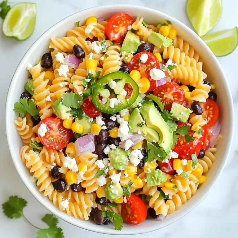 - Pasta options: You can choose fusilli or rotini. Fusilli has a spiral shape, while rotini is corkscrew-like. Both hold onto the dressing well. I prefer fusilli for its fun shape. - Essential vegetables: - 1 cup cherry tomatoes, halved - 1 cup black beans, rinsed and drained - 1 cup corn kernels (fresh or frozen) - 1 red bell pepper, diced - 1 avocado, diced - ¼ cup red onion, finely chopped - 1 jalapeño, minced (optional for heat) These veggies add color and crunch. They all work together to create a fresh taste. - Key seasonings and dressing components: - ¼ cup lime juice - 3 tablespoons olive oil - 1 teaspoon cumin - 1 teaspoon chili powder - Salt and pepper to taste - Crumbled feta cheese (optional for topping) The lime juice brings brightness. The cumin and chili powder add a warm flavor. Adjust salt and pepper to your liking. If you want creaminess, sprinkle some feta on top. {{ingredient_image_1}} To cook the pasta, start with a large pot of salted boiling water. Add 8 ounces of fusilli or rotini pasta. Cook it until it is al dente, which means it should be firm when you bite. This usually takes about 8 to 10 minutes. Stir the pasta occasionally so it doesn’t stick together. Once the pasta is done, drain it in a colander. Rinse the pasta under cold water. This stops the cooking process and cools it down quickly. It also helps keep the pasta from getting sticky. In a large mixing bowl, combine the cooled pasta with the other salad ingredients. Use 1 cup of halved cherry tomatoes, 1 cup of rinsed black beans, 1 cup of corn kernels, 1 diced red bell pepper, 1 diced avocado, ¼ cup of finely chopped red onion, and the minced jalapeño if you like some heat. To mix, use a large spoon and gently fold the ingredients together. This ensures every bite has a bit of everything. If you want more heat, feel free to add more jalapeño. For the dressing, gather these ingredients: ¼ cup of lime juice, 3 tablespoons of olive oil, 1 teaspoon of cumin, 1 teaspoon of chili powder, and salt and pepper to taste. You will need a small bowl and a whisk. In the bowl, combine the lime juice, olive oil, cumin, chili powder, salt, and pepper. Whisk these together until the dressing is smooth. This step is important because it helps blend the flavors well. Once your dressing is ready, pour it over the pasta salad. Gently toss everything together to coat the ingredients evenly. Then, add ½ cup of chopped cilantro and give it another gentle mix. Taste the salad and adjust the seasoning if needed. Enjoy your vibrant Mexican pasta salad! To make your Mexican pasta salad shine, adjust the lime juice and seasoning to fit your taste. Lime juice adds a bright flavor. Start with a small amount, then taste. You can always add more. Salt and pepper also make a big difference. Fresh ingredients are key. Use ripe tomatoes, crisp bell peppers, and fresh herbs. They bring life to the salad. Fresh corn adds sweetness and crunch. If you have the chance, use fresh corn off the cob. A colorful bowl helps your salad stand out. Serve it in a large bowl to show off the vibrant ingredients. Add garnishes like fresh cilantro and lime wedges. These not only look nice, but they also boost flavor. Place cilantro leaves on top for a pop of green. Lime wedges let guests add more tang if they wish. A sprinkle of crumbled feta cheese can add a creamy touch. These small details make your dish more appealing and fun! Pro Tips Perfect Pasta Texture: Ensure you cook the pasta al dente for the best texture; it will hold up better in the salad and not become mushy. Fresh Ingredients Matter: Use fresh, ripe avocados and tomatoes for the best flavor and texture; they will enhance the overall taste of the salad. Customize Your Heat: Adjust the amount of jalapeño based on your heat preference; you can also substitute with a milder pepper for less spice. Make Ahead for Flavor: Prepare the salad a few hours in advance and let it chill in the fridge; this allows the flavors to meld beautifully. {{image_2}} You can easily change this recipe to fit your needs. If you want gluten-free pasta, use rice or corn pasta. These options work well and taste great. For a vegan dish, skip the feta cheese. You can also use plant-based dressings. Adding proteins makes this salad even better. Try cooked chicken or shrimp for extra flavor and nutrition. Just make sure to cut them into small pieces. Mix them in with the pasta and veggies. You can add local Mexican flavors to this pasta salad. For instance, try using fresh corn instead of frozen. Fresh corn adds a sweet crunch. You can also add spices like smoked paprika for a deeper taste. Experiment with different beans and veggies, too. Black beans are common, but pinto or kidney beans work well, too. Adding diced zucchini or bell peppers gives more color and texture. These small changes can make the salad unique and fun. To keep your Mexican Pasta Salad fresh, store it in an airtight container. This will prevent odors and moisture from affecting the salad. Before sealing the container, make sure the salad has cooled down to room temperature. In the fridge, this salad lasts about three to five days. If you notice any signs of spoilage, like an off smell or discoloration, it’s best to discard it. You can serve leftovers cold or at room temperature. If you prefer warm pasta salad, heat it gently in a pan on low. Stir often to avoid burning. Pair your Mexican Pasta Salad with grilled chicken or fish. This adds protein and makes it a full meal. You can also serve it alongside tortilla chips for a fun crunch. Yes, you can make this salad ahead of time. It tastes even better after the flavors meld together. Here are some tips for pre-making and storing: - Make the salad: Follow the recipe up to mixing in the cilantro. - Store in the fridge: Keep it in an airtight container. It will stay fresh for about 3 days. - Add avocado later: To keep the avocado green, add it right before serving. - Toss with dressing again: If the salad seems dry, mix in more dressing when serving. If you don't like cilantro, don’t worry! Here are some alternative herbs and seasoning suggestions: - Parsley: It adds a fresh taste and bright color. - Basil: This herb gives a sweet and aromatic flavor. - Mint: If you want a cool twist, mint works well too. - Green onion: Use chopped green onion for a mild onion taste. Experiment with these to find your favorite flavor! Yes, you can make this salad gluten-free. Here’s how: - Choose gluten-free pasta: Look for options made from rice, quinoa, or corn. - Check labels: Ensure that other ingredients, like canned beans and corn, are gluten-free. With these swaps, everyone can enjoy this tasty dish! In this article, we explored how to make a delicious Mexican Pasta Salad. We discussed key ingredients, from pasta types to essential vegetables. I shared step-by-step cooking instructions and tips to enhance flavor and presentation. You can customize the salad to fit your dietary needs and even try regional variations. Remember to store it properly for freshness. With these insights, you can enjoy a tasty, colorful dish any time. Dive into this recipe, and have fun creating your perfect salad!