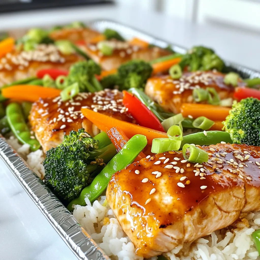 - 4 salmon fillets (6 oz each) - 2 cups broccoli florets - 1 red bell pepper, sliced into strips - 1 cup snap peas - 1 carrot, julienned - 1/4 cup soy sauce (low sodium preferred) - 2 tablespoons honey or maple syrup - 1 tablespoon freshly grated ginger - 2 cloves garlic, minced - 1 tablespoon sesame oil - 1 teaspoon cornstarch mixed with 2 tablespoons water (for thickening) - 2 tablespoons sesame seeds - Green onions, sliced (for garnish) - Salt and pepper, to taste - Cooked rice, for serving - Additional garnishes like sesame seeds or sliced green onions You will love how simple this recipe is! The main ingredients create a colorful, healthy meal. The salmon fillets are rich in omega-3s. Fresh vegetables add crunch and flavor. The teriyaki sauce ties everything together with a sweet and savory taste. For a complete meal, serve it over warm cooked rice. Rice soaks up the sauce and enhances the dish. You can also add green onions or sesame seeds for an extra touch. Enjoy your tasty and healthy sheet pan meal! {{ingredient_image_1}} - Preheat the Oven: Start by preheating your oven to 400°F (200°C). This step helps everything cook evenly. Line a large sheet pan with parchment paper. This will prevent sticking and make cleanup easy. - Prepare the Teriyaki Sauce: In a small bowl, whisk together 1/4 cup of soy sauce, 2 tablespoons of honey or maple syrup, 1 tablespoon of freshly grated ginger, and 2 cloves of minced garlic. Add 1 tablespoon of sesame oil for flavor. To thicken, mix 1 teaspoon of cornstarch with 2 tablespoons of water, then add it to the sauce. Whisk until blended. - Marinate the Salmon: Place 4 salmon fillets on one side of your sheet pan. Pour half of the teriyaki sauce over the salmon. Let it marinate for about 10 minutes. This adds flavor. - Arrange the Vegetables: On the other side of the sheet pan, place 2 cups of broccoli florets, 1 sliced red bell pepper, 1 cup of snap peas, and 1 julienned carrot. Drizzle the remaining teriyaki sauce over the veggies and toss them to coat. Season with salt and pepper for extra taste. - Baking Process: Place the sheet pan in your preheated oven. Bake for 15-20 minutes. The salmon should be cooked through, and the vegetables should be tender-crisp. - Garnishing and Serving: Once done, remove the pan from the oven carefully. Sprinkle 2 tablespoons of sesame seeds and sliced green onions over the salmon and veggies. Serve warm over a bed of cooked rice for a complete meal. Enjoy! Perfectly Cooked Salmon To cook salmon well, start with fresh fillets. I recommend using salmon that is bright and firm. Marinating the salmon helps infuse flavor. The teriyaki sauce adds sweetness and depth. Bake the salmon for 15-20 minutes. It should flake easily with a fork when done. If you want a crispier skin, broil it for the last few minutes. Keep an eye on it to avoid burning. Achieving Tender-Crisp Vegetables For the best veggies, cut them into uniform sizes. This ensures they cook evenly. Broccoli, bell pepper, snap peas, and carrots work well together. Toss them in the remaining teriyaki sauce before baking. This gives them a nice flavor. Bake them for about 15-20 minutes as well. They should be bright and slightly tender but still have a bit of crunch. Additional Spices or Ingredients You can boost flavor by adding spices like black pepper or red pepper flakes. These add heat and depth. If you want to change it up, try adding garlic powder or onion powder. Fresh herbs, like cilantro or basil, also add a nice touch. They give a fresh burst of flavor. Alternative Sauces While teriyaki is fantastic, you can switch it up. Try using hoisin sauce for a sweeter taste. A mix of soy sauce and orange juice can give a citrusy twist. If you enjoy a little kick, sriracha mixed with soy sauce works well. Each option brings out new flavors in your dish. Pro Tips Marinate for Flavor: For an even more intense flavor, marinate the salmon for at least 30 minutes before baking. This allows the teriyaki sauce to penetrate the fish more deeply. Veggie Variations: Feel free to substitute any of the vegetables with your favorites! Asparagus, zucchini, or bell peppers in different colors can add variety to this dish. Check Salmon Doneness: Salmon is done when it flakes easily with a fork and the internal temperature reaches 145°F (63°C). Use a meat thermometer for accuracy. Serve with Sides: This dish pairs wonderfully with a side of steamed rice or quinoa, and you can also add a light salad for extra freshness. {{image_2}} You can replace the salmon with other proteins. Chicken breasts work well. They cook nicely and soak up the teriyaki flavor. Firm tofu is a great choice for a plant-based meal. It offers protein and absorbs the marinade well. Feel free to change up the veggies. Asparagus or zucchini adds a nice crunch. Cauliflower also roasts well and adds a different texture. You can use bell peppers in any color for a fun twist. Just remember to slice them into similar sizes for even cooking. If you like heat, add some red pepper flakes. You can mix in sriracha to the teriyaki sauce. This gives your dish a sweet and spicy kick. Another option is to add pineapple chunks. They bring a sweet contrast to the savory salmon. To switch it up, try adding some sesame oil to the marinade. This enhances the nutty flavor. You can also sprinkle some hoisin sauce over the veggies before baking. This adds depth and a touch of sweetness. For a fresh twist, finish with fresh cilantro or Thai basil after baking. - Storing Leftovers: After enjoying your meal, let the salmon and veggies cool down. Place them in an airtight container. This helps keep them fresh and tasty. - Duration for Freshness: Store your leftovers in the fridge. They stay good for about 3 days. After that, they may lose flavor and texture. If you want to keep them longer, consider freezing. - Best Methods for Reheating: The oven works best for reheating. Preheat it to 350°F (175°C). Place the salmon and veggies on a baking sheet. Heat them for about 10-15 minutes. This will help maintain the nice texture. - Keeping Ingredients Flavorful and Fresh: To keep the flavor, add a splash of water to the pan. This adds moisture and keeps everything juicy. You can also cover with foil to lock in heat and flavor. How to know when the salmon is fully cooked? You can check if salmon is done by looking for its color. Cooked salmon turns from bright pink to a pale pink. It should flake easily with a fork. The internal temperature should reach 145°F (63°C). If you have a meat thermometer, use it for best results. Can I make the teriyaki sauce ahead of time? Yes, you can make the teriyaki sauce ahead of time. Store it in the fridge for up to a week. Just give it a good stir before using. This will save you time on busy nights. Gluten-Free Options To make this dish gluten-free, use tamari instead of soy sauce. Tamari is a great gluten-free alternative. Check labels to ensure no gluten is present in other ingredients. Low-Carb Variations If you want a low-carb meal, skip the rice. Instead, serve the salmon and veggies over a bed of leafy greens. You can also add nuts or seeds for extra crunch and flavor. Essential Tools for Preparation You will need a large sheet pan and parchment paper for easy cleanup. A whisk is great for mixing the sauce. A sharp knife helps with cutting the vegetables. Recommended Sheet Pan Types Choose a sturdy, rimmed sheet pan for even cooking. Non-stick pans are good for easy removal of food. If you prefer, use aluminum pans that can withstand high heat. You now know how to make a tasty salmon dish using fresh ingredients. We explored main components like salmon, veggies, and teriyaki sauce. You learned key cooking steps, tips for the best results, and delicious variations to try. Don't hesitate to experiment with flavors or swap ingredients based on your needs. Store your leftovers properly to keep them fresh. Cooking can be fun and rewarding, so enjoy every bite!