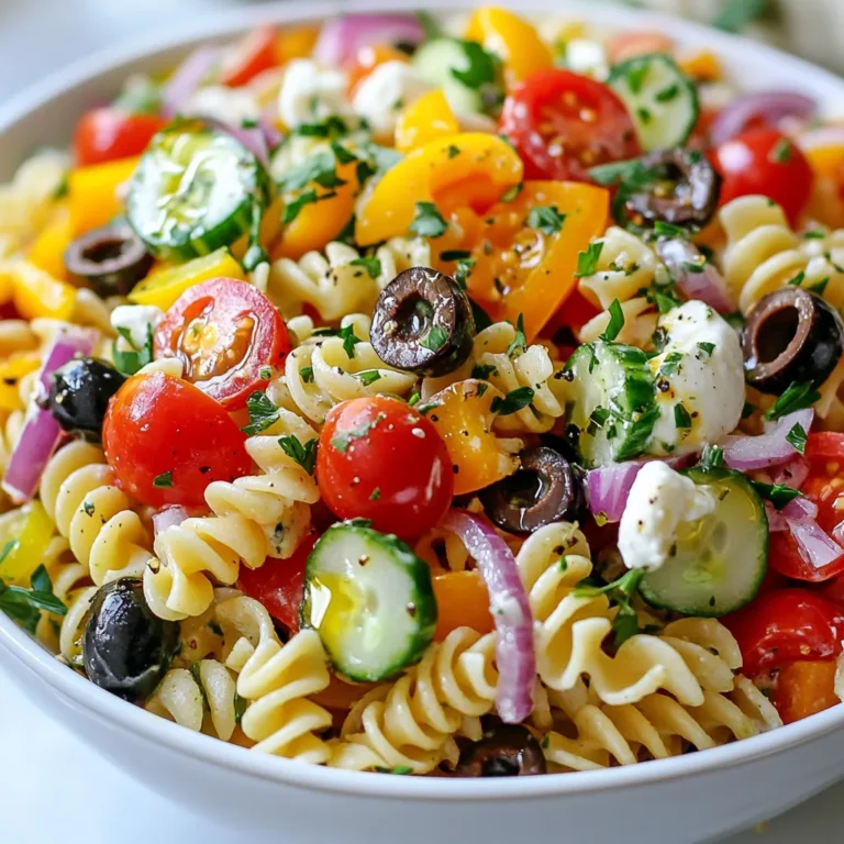 - 8 ounces rotini or fusilli pasta - 1 cup cherry tomatoes, halved - 1 cup cucumber, diced - 1/2 cup red onion, finely chopped - 1/2 cup bell pepper (any color), diced - 1/2 cup pepperoncini, sliced - 1/2 cup black olives, sliced - 1/2 cup shredded mozzarella cheese - 1/4 cup grated Parmesan cheese - 1 tablespoon fresh parsley, chopped - 1/4 cup olive oil - 2 tablespoons red wine vinegar (or lemon juice) - 1 teaspoon garlic powder - 1 teaspoon Italian seasoning - Salt and pepper to taste Each ingredient plays a key role. You can swap rotini for fusilli based on your taste. Cherry tomatoes add sweetness, but you can use diced tomatoes if needed. Cucumbers lend crunch, but any fresh veggie will work. Red onion gives a sharp flavor; if you prefer milder, use green onion. Bell peppers bring color. Use any color you like! Pepperoncini adds a zesty kick, but jalapeños can work too. Black olives add saltiness. If you don't like olives, leave them out. Mozzarella and Parmesan cheese provide creaminess. You can use vegan cheese for a dairy-free option. Olive oil and vinegar balance the salad. Lemon juice is a great alternative to vinegar. Garlic powder and Italian seasoning blend well. Adjust salt and pepper to your liking. Fresh ingredients make this dish bright and tasty. Fresh vegetables add crunch and flavor. They also provide nutrients, making your salad healthy. Use ripe tomatoes for sweetness. Fresh parsley enhances the look and taste. Choosing fresh ingredients ensures your salad shines. It makes a big difference in flavor. Do not skip this step! Freshness is key to a delicious grinder pasta salad. {{ingredient_image_1}} First, boil water in a large pot. Add a pinch of salt to the water. Next, add 8 ounces of rotini or fusilli pasta. Cook the pasta according to the package instructions until it is al dente. This usually takes about 8 to 10 minutes. Once done, drain the pasta in a colander. Rinse it under cold water to cool it down. This step also helps to stop the cooking process and prevents the pasta from sticking together. In a large mixing bowl, combine the cooked pasta with fun, fresh ingredients. Start with 1 cup of halved cherry tomatoes. Then, add in 1 cup of diced cucumber, 1/2 cup of finely chopped red onion, and 1/2 cup of diced bell pepper. Don’t forget the 1/2 cup of sliced pepperoncini and 1/2 cup of sliced black olives. For a cheesy touch, mix in 1/2 cup of shredded mozzarella cheese and 1/4 cup of grated Parmesan cheese. Toss everything together until well mixed. This colorful mix not only looks great but adds wonderful flavors. Now, let’s make the dressing. In a small bowl, whisk together 1/4 cup of olive oil and 2 tablespoons of red wine vinegar or lemon juice. Next, add 1 teaspoon of garlic powder and 1 teaspoon of Italian seasoning. Season with salt and pepper to taste. Whisk until everything is combined well. Pour this dressing over the pasta salad, and toss gently to coat all the ingredients. For extra flavor, fold in 1 tablespoon of chopped fresh parsley. This step adds a nice burst of color and taste. Cover the salad and refrigerate it for at least 30 minutes. This helps all the flavors blend together. Before serving, give the salad a good mix and taste. Adjust the seasoning if needed. A grinder can help make your pasta salad even better. You can use it for herbs, cheese, or nuts. For example, grind fresh parsley for a bold flavor. If you like nuts, chop some for a crunchy texture. Just remember, don’t overdo it. You want bits, not dust. Make your pasta salad a few hours before serving. This allows the flavors to mix well. You can cook the pasta and chop the veggies ahead of time. Keep them separate until you’re ready to serve. This keeps everything fresh and tasty. The salad can sit in the fridge for up to two days. You can change the taste and feel of your salad easily. If you like it tangy, add more red wine vinegar or lemon juice. For a creamier salad, mix in a bit of yogurt or mayonnaise. To add crunch, toss in some crushed croutons just before serving. Always taste as you go to make sure it’s perfect for you. Pro Tips Perfect Pasta Texture: Make sure to cook the pasta al dente, as it will continue to absorb the dressing and flavors while chilling, ensuring a great texture. Freshness is Key: Use fresh vegetables for the best flavor and crunch. Opt for seasonal produce when possible to enhance your salad. Flavor Infusion: Allow the salad to chill for at least 30 minutes before serving. This resting time helps the flavors meld together beautifully. Customize Your Ingredients: Feel free to swap in your favorite vegetables or add proteins like grilled chicken or chickpeas for a heartier salad. {{image_2}} You can easily add protein to your Grinder Pasta Salad. This makes it heartier and more filling. Here are some tasty options: - Grilled Chicken: Dice or slice grilled chicken. It adds a smoky flavor. - Salami: Chop up some salami for a nice, savory bite. - Tuna: Canned tuna is quick and brings a nice texture. - Chickpeas: For a plant-based option, toss in chickpeas for protein. These options boost the salad's nutrition and flavor. Mix and match to find your favorite! If you want a vegetarian or vegan twist, there are simple swaps. Here are some ideas: - Cheese Alternatives: Use vegan cheese or skip it altogether. - Creamy Dressing: Opt for a vegan yogurt-based dressing instead of olive oil. - Add Nuts: Toss in some nuts for crunch and protein without meat. These swaps keep your salad fresh and exciting, while catering to different diets. Using seasonal ingredients can make your Grinder Pasta Salad even better. Fresh produce tastes great and is often cheaper. Here are some seasonal swaps: - Spring: Add peas or asparagus for a fresh kick. - Summer: Use fresh corn or zucchini to enhance flavor. - Fall: Incorporate roasted butternut squash or apples for sweetness. - Winter: Use kale or Brussels sprouts for added crunch. Seasonal swaps not only make the dish taste better but also keep it interesting all year round. Enjoy experimenting with different flavors! To keep your grinder pasta salad fresh, store it in the fridge. Use an airtight container. This helps keep the flavors strong. You can enjoy it for up to three days. Always check for any signs of spoilage before eating. If you see any weird colors or smells, toss it out. You can freeze pasta salad, but some textures change. If you want to freeze it, omit the cheese and fresh veggies first. Store the salad in a freezer-safe container. It can last up to three months. When ready to eat, thaw it overnight in the fridge. Add fresh cheese and veggies before serving. When you have leftovers, keep them in the fridge in a sealed container. Before serving, give it a stir to mix the flavors. If the salad seems dry, add a little olive oil or vinegar. This will help it taste fresh again. Always remember to check for signs of spoilage before enjoying your leftovers. Grinder pasta salad is a fresh and colorful dish. It combines pasta with veggies, cheese, and a tasty dressing. You can use rotini or fusilli pasta for fun shapes. The salad features cherry tomatoes, cucumbers, and peppers for crunch. It also has olives and pepperoncini for a bit of zing. The creamy mozzarella and Parmesan add richness. Together, these ingredients create a flavorful dish that is perfect for any gathering. To make a creamy grinder pasta salad, add mayonnaise or Greek yogurt. Start with half a cup of your chosen creamy base. Mix it with olive oil and vinegar for a tangy twist. You can also add a splash of lemon juice for extra flavor. This creamy dressing will coat the pasta and veggies well. Just toss everything together until it is well mixed. You’ll love how creamy and rich it tastes! Yes, you can make this pasta salad ahead of time! It is a great make-ahead dish. Prepare the salad and store it in the fridge for up to 24 hours. This allows the flavors to blend nicely. Just remember to mix it well before serving. If you notice the salad is dry, add a little more dressing. It will be just as tasty when you serve it later! This blog post covered key points about making a tasty pasta salad. We explored fresh ingredients and their importance in flavor. You learned step-by-step how to cook, mix, and dress the salad. Tips and tricks showed how to customize your dish. Variations let you add proteins or make it vegetarian. Lastly, I shared how to store your salad, ensuring it stays fresh. Remember, a great pasta salad starts with good ingredients and creativity. Happy cooking!