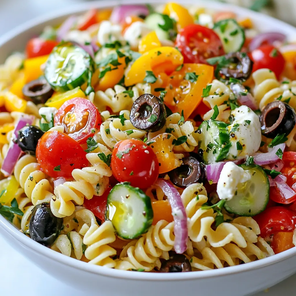 - 8 ounces rotini or fusilli pasta - 1 cup cherry tomatoes, halved - 1 cup cucumber, diced - 1/2 cup red onion, finely chopped - 1/2 cup bell pepper (any color), diced - 1/2 cup pepperoncini, sliced - 1/2 cup black olives, sliced - 1/2 cup shredded mozzarella cheese - 1/4 cup grated Parmesan cheese - 1 tablespoon fresh parsley, chopped - 1/4 cup olive oil - 2 tablespoons red wine vinegar (or lemon juice) - 1 teaspoon garlic powder - 1 teaspoon Italian seasoning - Salt and pepper to taste Each ingredient plays a key role. You can swap rotini for fusilli based on your taste. Cherry tomatoes add sweetness, but you can use diced tomatoes if needed. Cucumbers lend crunch, but any fresh veggie will work. Red onion gives a sharp flavor; if you prefer milder, use green onion. Bell peppers bring color. Use any color you like! Pepperoncini adds a zesty kick, but jalapeños can work too. Black olives add saltiness. If you don't like olives, leave them out. Mozzarella and Parmesan cheese provide creaminess. You can use vegan cheese for a dairy-free option. Olive oil and vinegar balance the salad. Lemon juice is a great alternative to vinegar. Garlic powder and Italian seasoning blend well. Adjust salt and pepper to your liking. Fresh ingredients make this dish bright and tasty. Fresh vegetables add crunch and flavor. They also provide nutrients, making your salad healthy. Use ripe tomatoes for sweetness. Fresh parsley enhances the look and taste. Choosing fresh ingredients ensures your salad shines. It makes a big difference in flavor. Do not skip this step! Freshness is key to a delicious grinder pasta salad. {{ingredient_image_1}} First, boil water in a large pot. Add a pinch of salt to the water. Next, add 8 ounces of rotini or fusilli pasta. Cook the pasta according to the package instructions until it is al dente. This usually takes about 8 to 10 minutes. Once done, drain the pasta in a colander. Rinse it under cold water to cool it down. This step also helps to stop the cooking process and prevents the pasta from sticking together. In a large mixing bowl, combine the cooked pasta with fun, fresh ingredients. Start with 1 cup of halved cherry tomatoes. Then, add in 1 cup of diced cucumber, 1/2 cup of finely chopped red onion, and 1/2 cup of diced bell pepper. Don’t forget the 1/2 cup of sliced pepperoncini and 1/2 cup of sliced black olives. For a cheesy touch, mix in 1/2 cup of shredded mozzarella cheese and 1/4 cup of grated Parmesan cheese. Toss everything together until well mixed. This colorful mix not only looks great but adds wonderful flavors. Now, let’s make the dressing. In a small bowl, whisk together 1/4 cup of olive oil and 2 tablespoons of red wine vinegar or lemon juice. Next, add 1 teaspoon of garlic powder and 1 teaspoon of Italian seasoning. Season with salt and pepper to taste. Whisk until everything is combined well. Pour this dressing over the pasta salad, and toss gently to coat all the ingredients. For extra flavor, fold in 1 tablespoon of chopped fresh parsley. This step adds a nice burst of color and taste. Cover the salad and refrigerate it for at least 30 minutes. This helps all the flavors blend together. Before serving, give the salad a good mix and taste. Adjust the seasoning if needed. A grinder can help make your pasta salad even better. You can use it for herbs, cheese, or nuts. For example, grind fresh parsley for a bold flavor. If you like nuts, chop some for a crunchy texture. Just remember, don’t overdo it. You want bits, not dust. Make your pasta salad a few hours before serving. This allows the flavors to mix well. You can cook the pasta and chop the veggies ahead of time. Keep them separate until you’re ready to serve. This keeps everything fresh and tasty. The salad can sit in the fridge for up to two days. You can change the taste and feel of your salad easily. If you like it tangy, add more red wine vinegar or lemon juice. For a creamier salad, mix in a bit of yogurt or mayonnaise. To add crunch, toss in some crushed croutons just before serving. Always taste as you go to make sure it’s perfect for you. Pro Tips Perfect Pasta Texture: Make sure to cook the pasta al dente, as it will continue to absorb the dressing and flavors while chilling, ensuring a great texture. Freshness is Key: Use fresh vegetables for the best flavor and crunch. Opt for seasonal produce when possible to enhance your salad. Flavor Infusion: Allow the salad to chill for at least 30 minutes before serving. This resting time helps the flavors meld together beautifully. Customize Your Ingredients: Feel free to swap in your favorite vegetables or add proteins like grilled chicken or chickpeas for a heartier salad. {{image_2}} You can easily add protein to your Grinder Pasta Salad. This makes it heartier and more filling. Here are some tasty options: - Grilled Chicken: Dice or slice grilled chicken. It adds a smoky flavor. - Salami: Chop up some salami for a nice, savory bite. - Tuna: Canned tuna is quick and brings a nice texture. - Chickpeas: For a plant-based option, toss in chickpeas for protein. These options boost the salad's nutrition and flavor. Mix and match to find your favorite! If you want a vegetarian or vegan twist, there are simple swaps. Here are some ideas: - Cheese Alternatives: Use vegan cheese or skip it altogether. - Creamy Dressing: Opt for a vegan yogurt-based dressing instead of olive oil. - Add Nuts: Toss in some nuts for crunch and protein without meat. These swaps keep your salad fresh and exciting, while catering to different diets. Using seasonal ingredients can make your Grinder Pasta Salad even better. Fresh produce tastes great and is often cheaper. Here are some seasonal swaps: - Spring: Add peas or asparagus for a fresh kick. - Summer: Use fresh corn or zucchini to enhance flavor. - Fall: Incorporate roasted butternut squash or apples for sweetness. - Winter: Use kale or Brussels sprouts for added crunch. Seasonal swaps not only make the dish taste better but also keep it interesting all year round. Enjoy experimenting with different flavors! To keep your grinder pasta salad fresh, store it in the fridge. Use an airtight container. This helps keep the flavors strong. You can enjoy it for up to three days. Always check for any signs of spoilage before eating. If you see any weird colors or smells, toss it out. You can freeze pasta salad, but some textures change. If you want to freeze it, omit the cheese and fresh veggies first. Store the salad in a freezer-safe container. It can last up to three months. When ready to eat, thaw it overnight in the fridge. Add fresh cheese and veggies before serving. When you have leftovers, keep them in the fridge in a sealed container. Before serving, give it a stir to mix the flavors. If the salad seems dry, add a little olive oil or vinegar. This will help it taste fresh again. Always remember to check for signs of spoilage before enjoying your leftovers. Grinder pasta salad is a fresh and colorful dish. It combines pasta with veggies, cheese, and a tasty dressing. You can use rotini or fusilli pasta for fun shapes. The salad features cherry tomatoes, cucumbers, and peppers for crunch. It also has olives and pepperoncini for a bit of zing. The creamy mozzarella and Parmesan add richness. Together, these ingredients create a flavorful dish that is perfect for any gathering. To make a creamy grinder pasta salad, add mayonnaise or Greek yogurt. Start with half a cup of your chosen creamy base. Mix it with olive oil and vinegar for a tangy twist. You can also add a splash of lemon juice for extra flavor. This creamy dressing will coat the pasta and veggies well. Just toss everything together until it is well mixed. You’ll love how creamy and rich it tastes! Yes, you can make this pasta salad ahead of time! It is a great make-ahead dish. Prepare the salad and store it in the fridge for up to 24 hours. This allows the flavors to blend nicely. Just remember to mix it well before serving. If you notice the salad is dry, add a little more dressing. It will be just as tasty when you serve it later! This blog post covered key points about making a tasty pasta salad. We explored fresh ingredients and their importance in flavor. You learned step-by-step how to cook, mix, and dress the salad. Tips and tricks showed how to customize your dish. Variations let you add proteins or make it vegetarian. Lastly, I shared how to store your salad, ensuring it stays fresh. Remember, a great pasta salad starts with good ingredients and creativity. Happy cooking!