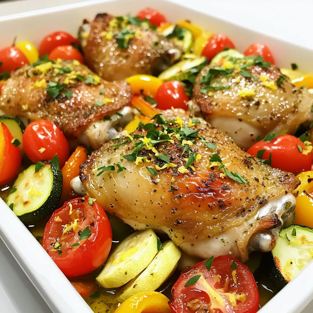 - 4 chicken thighs, skinless and boneless - 2 tablespoons olive oil - 2 lemons (zested and juiced) - 4 cloves garlic, minced - 1 tablespoon fresh thyme leaves - 1 tablespoon fresh rosemary, chopped - 1 teaspoon salt - 1/2 teaspoon black pepper - 1 cup cherry tomatoes, halved - 1 medium zucchini, sliced - 1 bell pepper, cut into strips - Fresh parsley, for garnish Each ingredient plays a key role. The chicken provides the protein. The lemons add brightness. Fresh herbs like thyme and rosemary enhance the flavor. Garlic brings depth to the marinade. The veggies add color and nutrients. - 1 cup broccoli florets - 1 red onion, sliced - 1 teaspoon paprika - 1 teaspoon Italian seasoning Feel free to swap or add veggies. Broccoli and red onion provide great flavor and texture. Paprika and Italian seasoning can spice things up. - Large zip-top bag or bowl for marinating - Whisk for mixing marinade - Large sheet pan for baking - Meat thermometer to check chicken doneness Having the right tools makes cooking easier. A meat thermometer ensures your chicken is safe to eat. A sheet pan lets you cook everything at once, saving time and effort. To start, gather your ingredients for the marinade. You need olive oil, lemon juice, lemon zest, minced garlic, thyme, rosemary, salt, and black pepper. In a small bowl, whisk them together until smooth. This mix adds bright flavor to the chicken. Let the marinade sit for a minute while you prepare the chicken. Next, take your chicken thighs and place them in a large zip-top bag or bowl. Pour half of the marinade over the chicken. Seal the bag or cover the bowl tightly. Let it marinate in the fridge for at least 30 minutes. If you have more time, let it sit for up to 2 hours. This gives the chicken a deeper flavor and makes it tender. While the chicken marinates, preheat your oven to 400°F (200°C). On a large sheet pan, arrange the cherry tomatoes, zucchini, and bell pepper. These veggies will soak up the flavor and add color. Drizzle the remaining marinade over the vegetables and toss them gently to coat. This step ensures every bite is tasty. After marinating, take the chicken out and nestle it among the vegetables on the sheet pan. Bake everything in the oven for 25-30 minutes. Make sure the chicken reaches an internal temperature of 165°F (75°C). If you like a crispy finish, broil the dish on high for 2-3 minutes at the end. Let it rest for a few minutes, then garnish with fresh parsley before serving. Enjoy your meal! To get juicy chicken, start with skinless, boneless thighs. They cook evenly and stay moist. Marinate the chicken for at least 30 minutes. If you have time, let it sit for up to 2 hours. This lets the flavors soak in. When baking, check the internal temperature. It should reach 165°F (75°C). If you want crispy edges, broil for a few minutes at the end. Choose vibrant, fresh vegetables. Cherry tomatoes, zucchini, and bell peppers work well. They add color and taste. Cut them into even pieces to ensure they cook at the same rate. If the seasons change, feel free to swap in what's fresh. Asparagus or carrots can be great options too. Garnishing adds a fresh touch. I love using chopped parsley. It brightens up the dish and adds a burst of flavor. You can also sprinkle a bit of lemon zest on top for extra zing. A few lemon wedges on the side make it fun to serve. Enjoy your dish with a pop of color and taste! {{image_2}} You can switch out chicken for other proteins. Try using skinless turkey thighs for a leaner dish. Salmon works well, too. Firm tofu is a great option for a plant-based meal. Just remember to adjust cooking times. Fish cooks faster than chicken. Feel free to mix and match veggies. Asparagus and carrots add a nice crunch. Sweet potatoes bring sweetness and heartiness. In fall, use Brussels sprouts or butternut squash. Seasonal veggies keep your meal fresh and exciting. This dish is naturally gluten-free and dairy-free. Just check your marinade ingredients. Use gluten-free soy sauce if needed. For a creamy sauce, blend soaked cashews with lemon juice. This adds richness without dairy. First, let your dish cool down. Once cool, place any leftovers in an airtight container. This keeps the chicken and veggies fresh. You can store them in the fridge for up to 3 days. Make sure to label the container with the date. This helps you track how long the food lasts. You can freeze the leftovers if you want to save them longer. Place them in freezer-safe bags or containers. Be sure to squeeze out as much air as possible. This prevents freezer burn. You can freeze the meal for up to 3 months. When you are ready to eat, thaw the meal overnight in the fridge. Reheat it in the oven at 350°F (175°C) until hot. This keeps the chicken juicy. For meal prep, choose glass or BPA-free plastic containers. Glass containers are great because they are safe for both the oven and microwave. They also help you see the food inside. BPA-free plastic is lightweight and easy to carry. Look for containers with tight-fitting lids to prevent spills. These will help keep your meals fresh and tasty. I recommend marinating the chicken for at least 30 minutes. This time lets the chicken soak up the lemon and herbs. For an even better taste, let it sit for up to 2 hours. This extra time deepens the flavor and makes the chicken more juicy and tender. Yes, you can use bone-in chicken. Just adjust the cooking time. Bone-in pieces may need a few extra minutes to cook fully. Aim for the same internal temperature of 165°F (75°C). This ensures your chicken is safe to eat and still tasty. You can serve this dish with many sides. Some great options include rice, quinoa, or a fresh salad. The bright flavors of the chicken pair well with simple sides. You can also add crusty bread to soak up the delicious juices. Check the internal temperature with a meat thermometer. The chicken should reach 165°F (75°C). If you don't have a thermometer, you can cut into the thickest part. The juices should run clear, and the meat should no longer be pink. Absolutely! This recipe is great for meal prep. After cooking, let the chicken cool completely. Then, store it in airtight containers. You can keep it in the fridge for up to 4 days. Reheat it in the oven or microwave when you're ready to eat. This blog post covered how to make delicious sheet pan lemon herb chicken. We went over the key ingredients, step-by-step cooking instructions, and tips for perfect results. I shared ideas for variations to suit your taste and how to store leftovers. Remember, you can tweak this recipe to fit your needs. Always keep experimenting and enjoy your meals! Happy cooking!