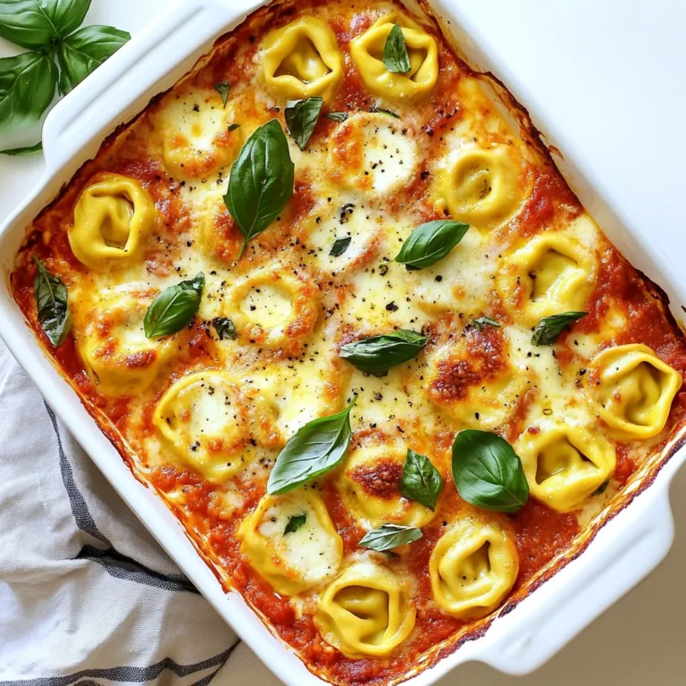 - 12 oz cheese tortellini (fresh or frozen) - 2 cups marinara sauce - 1 cup ricotta cheese - 1 cup shredded mozzarella cheese - 1 tablespoon olive oil - 2 cloves garlic, minced - 1 teaspoon dried basil - 1 teaspoon dried oregano - Salt and pepper to taste - Fresh basil leaves for garnish - Use any pasta you like, such as shells or penne. - For a dairy-free option, try cashew or almond cheese. - Make your marinara with fresh tomatoes, onions, and herbs. {{ingredient_image_1}} First, boil water in a large pot. Add the cheese tortellini to the boiling water. Cook it according to the package instructions until it is al dente. This means it should be firm to the bite. Drain the tortellini and set it aside in a bowl. Do not rinse it, as you want to keep the starch for better sauce adherence. In a medium pan, heat one tablespoon of olive oil over medium heat. Add two cloves of minced garlic to the pan. Sauté the garlic for about one minute until it smells great. Next, pour in two cups of marinara sauce. Add one teaspoon each of dried basil and oregano. Don’t forget to season with salt and pepper. Let this simmer for five minutes. This brings out the flavors in your sauce. In a large mixing bowl, combine the cooked tortellini and one cup of ricotta cheese. Mix well until the tortellini is well coated. In a large baking dish, spread a thin layer of the remaining marinara sauce on the bottom. Pour the tortellini mixture on top and spread it evenly. Now, sprinkle one cup of shredded mozzarella cheese and half a cup of grated Parmesan cheese over the top. Cover the baking dish with aluminum foil. Bake it in the oven at 375°F for 20 minutes. After that, remove the foil and bake for another 10 to 15 minutes. Look for the cheese to be bubbly and golden brown. Let it sit for five minutes before garnishing with fresh basil leaves. To get the best bake, focus on even cooking. Start by boiling the tortellini until it’s al dente. This means it should still have a slight bite. When you bake, cover your dish with aluminum foil for the first 20 minutes. This keeps the moisture in and helps the cheeses melt evenly. After that, remove the foil. This will let the top get nice and golden. Want to add more flavor? Try adding some veggies. Spinach or bell peppers work great. You can also mix in cooked sausage or chicken for protein. To spice up the marinara sauce, add some red pepper flakes or a splash of balsamic vinegar. This gives a nice twist to the taste. For a perfect meal, pair your baked tortellini with a fresh salad. A simple green salad with vinaigrette works well. You can also serve it with crusty bread for dipping. When it comes to presentation, serve it straight from the baking dish. This looks inviting. Offer fresh basil and extra Parmesan on the side, so guests can customize their plates. Pro Tips Use Fresh Herbs: Fresh basil or parsley can elevate the flavors of the dish. Add them just before serving for a burst of freshness. Cheese Variations: Experiment with different cheeses like fontina or gouda for a unique flavor profile. Mixing cheeses can also enhance the creaminess. Make Ahead: You can prepare the tortellini and sauce mixture ahead of time. Just assemble and refrigerate until you’re ready to bake. Perfectly Baked Cheese: For an extra crispy cheese topping, broil the dish for 1-2 minutes after baking. Just keep an eye on it to avoid burning! {{image_2}} You can mix up the cheeses in your baked tortellini. Using different types of cheese adds fun and flavor. Try adding gouda or fontina for a creamy twist. A blend of mozzarella and provolone gives a nice stretch and taste. You can also use flavored tortellini, like spinach or roasted garlic. These options bring new flavors to your dish. Adding meat can make your dish heartier. Cooked sausage adds great spice and flavor. You can also use grilled chicken for a lighter choice. If you want a meatless option, consider chickpeas or lentils. These vegetarian proteins pack a punch and keep the dish filling. Switching up the sauce can change everything. Try using pesto instead of marinara for a fresh taste. Alfredo sauce gives a rich and creamy texture. You can also add herbs like thyme or rosemary for extra flavor. Mixing in red pepper flakes adds a nice kick, while fresh herbs like parsley can brighten the dish. After you enjoy your baked tortellini, store any leftovers in the fridge. Use an airtight container to keep it fresh. Your tortellini will stay good for about 3-4 days. When you want to reheat, use the oven for the best results. Set it to 350°F (175°C). Cover the dish with foil to keep it moist. Heat for 20 minutes or until warm. You can also use the microwave, but check every minute to avoid overcooking. You can freeze baked tortellini for later. Let it cool completely first. Then, wrap it tightly in plastic wrap or foil. Place it in a freezer-safe container. It will last for up to 3 months in the freezer. To thaw, move it to the fridge overnight. When you’re ready, reheat it in the oven at 350°F (175°C). Cover with foil to keep it from drying out. Bake for about 30-40 minutes until hot. Understanding how long your baked tortellini lasts is key. When stored properly, it can stay fresh for 3-4 days in the fridge. If it sits longer, check for signs of spoilage. Look for changes in smell or color. If there’s mold or a sour scent, throw it away. Trust your senses. They help you know when your leftovers are no longer safe to eat. Yes, you can use frozen tortellini. Frozen tortellini cooks well in this recipe. Here are some tips: - Cooking Time: Frozen tortellini may need a bit more time to cook. Check the package for exact times. - No Thawing: You do not need to thaw frozen tortellini. Just add it directly to boiling water. - Texture: The texture remains great when baked. Using frozen tortellini can save time and still give you that tasty dish. Yes, you can prep this dish ahead of time. Here’s how: - Cook the Tortellini: Cook the tortellini and cool it. - Make the Sauce: Prepare the sauce and let it cool. - Assemble: Mix the tortellini, ricotta, and sauce. Place it in the baking dish. - Cover: Wrap the dish tightly with foil and store it in the fridge. When you’re ready to bake, just take it out and pop it in the oven. You may need to bake it a bit longer if it's cold. To make this dish gluten-free, follow these steps: - Use Gluten-Free Pasta: Look for gluten-free tortellini at your store. Many brands offer tasty options. - Check Sauces: Ensure the marinara sauce is gluten-free. Some brands add gluten in thickening agents. - Adjustments: You may need to adjust cooking times for gluten-free pasta. Follow the package instructions closely. With these changes, you can enjoy the same great flavors without gluten. This blog detailed how to make a delicious baked tortellini dish. We covered key ingredients like tortellini, marinara, and ricotta cheese. I shared step-by-step instructions for prepping, cooking, and baking. Tips and variations gave you options to enhance flavors and customize your meal. Whether you’re cooking for family or friends, this dish is sure to impress. Try it out and have fun with your ingredients. Enjoy the joy of cooking and creating something special!