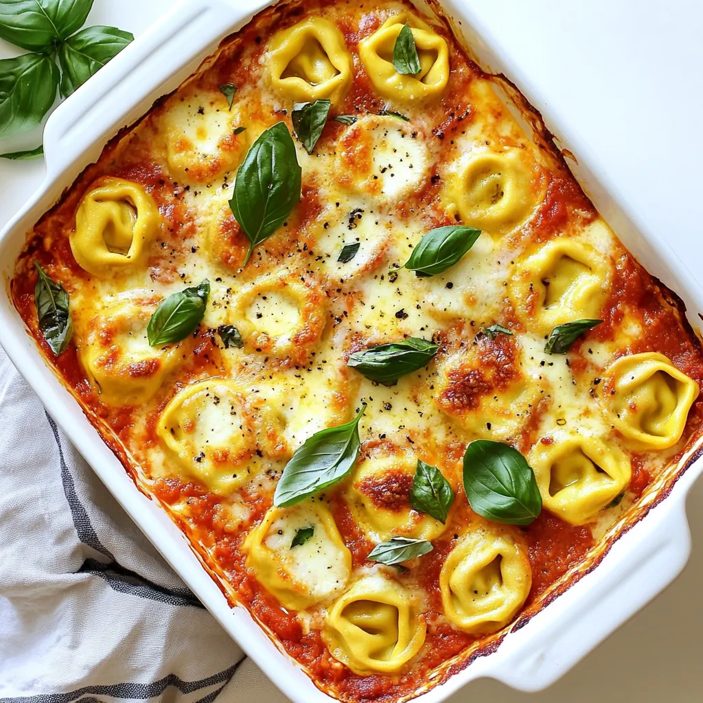 - 12 oz cheese tortellini (fresh or frozen) - 2 cups marinara sauce - 1 cup ricotta cheese - 1 cup shredded mozzarella cheese - 1 tablespoon olive oil - 2 cloves garlic, minced - 1 teaspoon dried basil - 1 teaspoon dried oregano - Salt and pepper to taste - Fresh basil leaves for garnish - Use any pasta you like, such as shells or penne. - For a dairy-free option, try cashew or almond cheese. - Make your marinara with fresh tomatoes, onions, and herbs. {{ingredient_image_1}} First, boil water in a large pot. Add the cheese tortellini to the boiling water. Cook it according to the package instructions until it is al dente. This means it should be firm to the bite. Drain the tortellini and set it aside in a bowl. Do not rinse it, as you want to keep the starch for better sauce adherence. In a medium pan, heat one tablespoon of olive oil over medium heat. Add two cloves of minced garlic to the pan. Sauté the garlic for about one minute until it smells great. Next, pour in two cups of marinara sauce. Add one teaspoon each of dried basil and oregano. Don’t forget to season with salt and pepper. Let this simmer for five minutes. This brings out the flavors in your sauce. In a large mixing bowl, combine the cooked tortellini and one cup of ricotta cheese. Mix well until the tortellini is well coated. In a large baking dish, spread a thin layer of the remaining marinara sauce on the bottom. Pour the tortellini mixture on top and spread it evenly. Now, sprinkle one cup of shredded mozzarella cheese and half a cup of grated Parmesan cheese over the top. Cover the baking dish with aluminum foil. Bake it in the oven at 375°F for 20 minutes. After that, remove the foil and bake for another 10 to 15 minutes. Look for the cheese to be bubbly and golden brown. Let it sit for five minutes before garnishing with fresh basil leaves. To get the best bake, focus on even cooking. Start by boiling the tortellini until it’s al dente. This means it should still have a slight bite. When you bake, cover your dish with aluminum foil for the first 20 minutes. This keeps the moisture in and helps the cheeses melt evenly. After that, remove the foil. This will let the top get nice and golden. Want to add more flavor? Try adding some veggies. Spinach or bell peppers work great. You can also mix in cooked sausage or chicken for protein. To spice up the marinara sauce, add some red pepper flakes or a splash of balsamic vinegar. This gives a nice twist to the taste. For a perfect meal, pair your baked tortellini with a fresh salad. A simple green salad with vinaigrette works well. You can also serve it with crusty bread for dipping. When it comes to presentation, serve it straight from the baking dish. This looks inviting. Offer fresh basil and extra Parmesan on the side, so guests can customize their plates. Pro Tips Use Fresh Herbs: Fresh basil or parsley can elevate the flavors of the dish. Add them just before serving for a burst of freshness. Cheese Variations: Experiment with different cheeses like fontina or gouda for a unique flavor profile. Mixing cheeses can also enhance the creaminess. Make Ahead: You can prepare the tortellini and sauce mixture ahead of time. Just assemble and refrigerate until you’re ready to bake. Perfectly Baked Cheese: For an extra crispy cheese topping, broil the dish for 1-2 minutes after baking. Just keep an eye on it to avoid burning! {{image_2}} You can mix up the cheeses in your baked tortellini. Using different types of cheese adds fun and flavor. Try adding gouda or fontina for a creamy twist. A blend of mozzarella and provolone gives a nice stretch and taste. You can also use flavored tortellini, like spinach or roasted garlic. These options bring new flavors to your dish. Adding meat can make your dish heartier. Cooked sausage adds great spice and flavor. You can also use grilled chicken for a lighter choice. If you want a meatless option, consider chickpeas or lentils. These vegetarian proteins pack a punch and keep the dish filling. Switching up the sauce can change everything. Try using pesto instead of marinara for a fresh taste. Alfredo sauce gives a rich and creamy texture. You can also add herbs like thyme or rosemary for extra flavor. Mixing in red pepper flakes adds a nice kick, while fresh herbs like parsley can brighten the dish. After you enjoy your baked tortellini, store any leftovers in the fridge. Use an airtight container to keep it fresh. Your tortellini will stay good for about 3-4 days. When you want to reheat, use the oven for the best results. Set it to 350°F (175°C). Cover the dish with foil to keep it moist. Heat for 20 minutes or until warm. You can also use the microwave, but check every minute to avoid overcooking. You can freeze baked tortellini for later. Let it cool completely first. Then, wrap it tightly in plastic wrap or foil. Place it in a freezer-safe container. It will last for up to 3 months in the freezer. To thaw, move it to the fridge overnight. When you’re ready, reheat it in the oven at 350°F (175°C). Cover with foil to keep it from drying out. Bake for about 30-40 minutes until hot. Understanding how long your baked tortellini lasts is key. When stored properly, it can stay fresh for 3-4 days in the fridge. If it sits longer, check for signs of spoilage. Look for changes in smell or color. If there’s mold or a sour scent, throw it away. Trust your senses. They help you know when your leftovers are no longer safe to eat. Yes, you can use frozen tortellini. Frozen tortellini cooks well in this recipe. Here are some tips: - Cooking Time: Frozen tortellini may need a bit more time to cook. Check the package for exact times. - No Thawing: You do not need to thaw frozen tortellini. Just add it directly to boiling water. - Texture: The texture remains great when baked. Using frozen tortellini can save time and still give you that tasty dish. Yes, you can prep this dish ahead of time. Here’s how: - Cook the Tortellini: Cook the tortellini and cool it. - Make the Sauce: Prepare the sauce and let it cool. - Assemble: Mix the tortellini, ricotta, and sauce. Place it in the baking dish. - Cover: Wrap the dish tightly with foil and store it in the fridge. When you’re ready to bake, just take it out and pop it in the oven. You may need to bake it a bit longer if it's cold. To make this dish gluten-free, follow these steps: - Use Gluten-Free Pasta: Look for gluten-free tortellini at your store. Many brands offer tasty options. - Check Sauces: Ensure the marinara sauce is gluten-free. Some brands add gluten in thickening agents. - Adjustments: You may need to adjust cooking times for gluten-free pasta. Follow the package instructions closely. With these changes, you can enjoy the same great flavors without gluten. This blog detailed how to make a delicious baked tortellini dish. We covered key ingredients like tortellini, marinara, and ricotta cheese. I shared step-by-step instructions for prepping, cooking, and baking. Tips and variations gave you options to enhance flavors and customize your meal. Whether you’re cooking for family or friends, this dish is sure to impress. Try it out and have fun with your ingredients. Enjoy the joy of cooking and creating something special!
