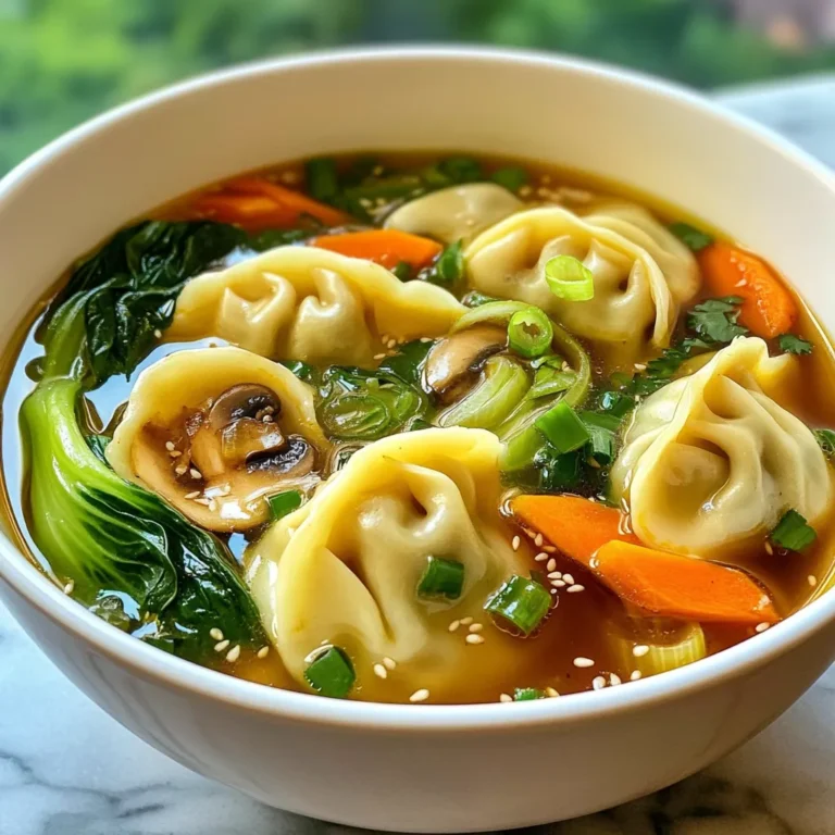 To make a great potsticker soup, gather these main items: - 1 package of frozen potstickers (about 12 pieces) - 6 cups chicken or vegetable broth - 2 cups water - 1 tablespoon sesame oil - 1 teaspoon ginger, minced - 2 garlic cloves, minced - 1 cup bok choy, chopped - 1 cup mushrooms, sliced (shiitake or button) - 1 small carrot, julienned - 3 green onions, chopped (whites separated from greens) - 2 tablespoons soy sauce - Salt and pepper to taste - Fresh cilantro, for garnish These ingredients create a rich flavor and texture. They mix well together. The potstickers add heartiness to the soup. You can tweak this recipe to fit your taste! Here are some fun options: - Add a splash of chili oil for heat. - Use spinach instead of bok choy. - Try different mushrooms like enoki or portobello. - Include tofu cubes for extra protein. - Toss in some bean sprouts for crunch. Feel free to experiment with these choices. They can make your soup unique! If you lack some ingredients, don’t worry! Here are some swaps that work well: - Use vegetable broth instead of chicken broth for a vegetarian option. - Replace sesame oil with olive oil if needed. - Garlic powder can stand in for fresh garlic. Use 1/4 teaspoon per clove. - Any leafy green can replace bok choy. Kale or Swiss chard works nicely. These substitutions help you adapt the recipe based on what you have. Enjoy the process of making it your own! {{ingredient_image_1}} Start by gathering all your ingredients. You will need: - 1 package of frozen potstickers (about 12 pieces) - 6 cups chicken or vegetable broth - 2 cups water - 1 tablespoon sesame oil - 1 teaspoon ginger, minced - 2 garlic cloves, minced - 1 cup bok choy, chopped - 1 cup mushrooms, sliced (shiitake or button) - 1 small carrot, julienned - 3 green onions, chopped (whites separated from greens) - 2 tablespoons soy sauce - Salt and pepper to taste - Fresh cilantro, for garnish Next, chop your vegetables. This includes the bok choy, mushrooms, carrot, and green onions. Heat a large pot over medium heat. Add the sesame oil. Once hot, add the minced ginger and garlic. Sauté for about 1 minute. You want it to smell good but not burn. Pour in the chicken or vegetable broth and water. Bring the mixture to a boil. This step builds the base flavor of your soup. Add the frozen potstickers to the boiling broth. Reduce the heat to medium. Let them cook for about 5-7 minutes. You will know they are done when they float to the top. Now, stir in the chopped bok choy, sliced mushrooms, julienned carrot, and the white parts of the green onions. Simmer for an additional 3-5 minutes. You want the veggies to be tender but still bright. Finally, add the soy sauce and season with salt and pepper. Taste and adjust if needed. Serve your potsticker soup hot in bowls. Top each bowl with the green parts of the green onions and a sprinkle of fresh cilantro. This adds a nice touch and extra flavor. Enjoy your warm, comforting bowl of potsticker soup! To make the best potsticker soup, focus on flavor. Start by warming sesame oil in your pot. This oil adds a nutty taste. When you add garlic and ginger, stir them well. They should smell great but not burn. Use fresh veggies like bok choy and mushrooms for texture. This makes the soup colorful and healthy. Don't rush the cooking time for the potstickers. They need about 5-7 minutes to heat up fully. This helps them float to the top, which shows they are ready. Lastly, taste your soup before serving. Adjust with more soy sauce or salt if needed. One common mistake is overcooking the garlic and ginger. This can lead to a bitter taste. Watch them carefully as they sauté. Another mistake is adding too many frozen potstickers at once. This may lower the soup's temperature and affect cooking time. If you use too much salt, it can overpower the dish. Start with a little and add more if needed. Lastly, don't skip the fresh cilantro. It adds a bright flavor that lifts the soup. Pair your potsticker soup with a fresh side salad. A simple cucumber salad works well. You can also serve it with steamed rice for a hearty meal. If you want a drink, try a light tea or lemonade. These drinks balance the rich flavors of the soup. For dessert, consider fruit like sliced oranges or berries. They add a sweet touch to your meal. Pro Tips Use Fresh Ingredients: For the best flavor, choose fresh vegetables like bok choy and mushrooms. They add vibrant taste and texture to your soup. Customize Your Broth: Feel free to add herbs or spices to your broth for extra flavor. A dash of chili flakes can add a nice kick! Perfect Potsticker Cooking: Ensure your potstickers are evenly cooked by stirring gently in the broth, preventing them from sticking to each other. Garnish for Flavor: Don’t skip the garnish! Fresh cilantro and green onions enhance the dish's look and add a burst of flavor. {{image_2}} You can make a tasty vegetarian or vegan potsticker soup. Start with vegetable broth instead of chicken broth. Use vegan potstickers, which can be found in many stores. For added flavor, toss in extra veggies like bell peppers or spinach. These changes keep the soup light and fresh. You won’t miss the meat at all! If you like heat, try a spicy version of this soup. Add a tablespoon of chili paste or sriracha when you add the soy sauce. You can also sprinkle some crushed red pepper flakes on top. This gives the soup a nice kick. Enjoy the warmth of the spices with every spoonful! The broth is the heart of your soup. While chicken broth is common, you can switch it up. Try mushroom broth for a rich, earthy flavor. If you want something lighter, go for a vegetable broth. Each broth choice brings a different taste. Experiment to find your favorite! After enjoying your potsticker soup, store any leftovers in a container. Let the soup cool down first. Use an airtight container for the best results. It keeps the flavors fresh and prevents spills. Place the container in the fridge. Your soup will stay good for 3 to 4 days. If you want to save the soup for later, freezing is a great option. First, let the soup cool completely. Then pour it into freezer-safe containers. Leave some space at the top, as liquids expand when frozen. You can freeze the soup for up to 2 months. When you're ready to eat, just thaw it in the fridge overnight. To reheat your potsticker soup, pour it into a pot. Heat it on medium until warm. Stir it often to make sure it warms evenly. If you find the soup too thick, add a little water or broth. You can also use the microwave. Just heat it in short bursts, stirring in between. Enjoy your comforting bowl again! Yes, you can use fresh potstickers. They will cook faster than frozen ones. Reduce cooking time to about 3-5 minutes. Fresh potstickers add a soft texture to the soup. Just be sure they are fully cooked before serving. You can add many vegetables to enhance flavor and nutrition. Here are some great options: - Spinach - Bok choy - Carrots - Mushrooms - Snow peas - Bell peppers - Broccoli Feel free to mix and match based on what you have at home. Adding colorful veggies makes the soup fun and healthy. You can keep leftovers in the fridge for up to three days. Store them in an airtight container. Reheat gently on the stove or in the microwave. If you leave the potstickers in too long, they may become soggy. Potsticker Soup can be gluten-free if you choose the right ingredients. Look for gluten-free potstickers and soy sauce. Many brands offer these options now. Always check labels to ensure you avoid gluten. This way, everyone can enjoy this comforting dish! We explored the key ingredients for potsticker soup and how each adds flavor. I shared step-by-step instructions for easy cooking and tips to perfect your dish. Remember, customizing your soup with different ingredients can enhance your meal. In the end, making potsticker soup is fun and rewarding. Whether you want to try vegan options or spice things up, the possibilities are vast. Embrace your creativity in the kitchen and enjoy every bowl!