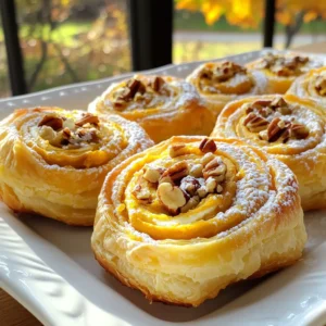 - 1 sheet of puff pastry (thawed) - 1/2 cup pumpkin puree - 4 oz cream cheese, softened These main ingredients create a rich and creamy filling for your danishes. Puff pastry gives a flaky texture. Pumpkin puree adds warmth and sweetness. Cream cheese brings a smooth richness that pairs perfectly with pumpkin. - 1/4 cup powdered sugar - 1 teaspoon vanilla extract - 1 teaspoon pumpkin spice These extra ingredients sweeten and flavor the filling. Powdered sugar adds a light sweetness. Vanilla extract enhances the overall taste. Pumpkin spice gives that cozy fall flavor we all love. - 1 egg (for egg wash) - 1 tablespoon milk - Chopped pecans for topping You can use an egg wash to give the danishes a golden color. Milk helps make the egg wash smooth. If you want some crunch, sprinkle chopped pecans on top before baking. They add a nice texture to each bite. 1. Preheat your oven to 400°F (200°C). This step ensures the danishes cook evenly. 2. Line a baking sheet with parchment paper. This helps with easy cleanup later. 3. On a lightly floured surface, roll out the puff pastry sheet. Smooth out any creases. 4. Cut the pastry into 6 equal squares. Each square will hold a tasty filling. 1. In a mixing bowl, combine 1/2 cup pumpkin puree and 4 oz softened cream cheese. 2. Add 1/4 cup powdered sugar, 1 teaspoon vanilla extract, and 1 teaspoon pumpkin spice. 3. Whisk everything together until it is smooth. This mixture will be rich and creamy. 1. Place about 2 tablespoons of the pumpkin cream cheese mixture in the center of each puff pastry square. 2. Fold the corners of each square over the filling. Pinch the seams to seal them closed. 3. In a small bowl, whisk 1 egg with 1 tablespoon of milk. This will create your egg wash. 4. Brush the tops of the danishes with the egg wash. This gives them a nice golden color. 5. Optional: Sprinkle chopped pecans on top for added crunch. This step adds a nice texture. 1. Place the danishes in the preheated oven and bake for 15-20 minutes. They should puff and turn golden brown. 2. Once baked, remove the danishes from the oven. Allow them to cool slightly before serving. Enjoy the warm, creamy goodness! How to handle puff pastry When you use puff pastry, keep it cold. If it warms up, it gets sticky. Roll it out gently on a floured surface. This helps you avoid tearing. Cut it into squares with a sharp knife for clean edges. Preventing soggy bottoms To prevent soggy bottoms, use parchment paper. This helps the pastry crisp up. Also, avoid overfilling your danishes. Too much filling can cause leaks. Use about 2 tablespoons per square. This keeps the pastry light and airy. Additional spices to consider Pumpkin spice is great, but you can add more. Try nutmeg or cinnamon for extra warmth. A pinch of ginger gives a nice kick too. You can mix these spices into the cream cheese filling for a rich flavor. Sweetening adjustments for personal taste If you like it sweeter, add more powdered sugar. You can start with a tablespoon more. Taste the mixture before filling the pastry. This way, you can adjust it to your liking. Pairing ideas with beverages or sides Serve these danishes with coffee or tea. They pair well with warm drinks. You can also enjoy them with a scoop of vanilla ice cream. For a side, try fresh fruit or a light salad. This adds a nice balance to the meal. {{image_2}} You can change the filling if you want. Instead of pumpkin, try apple or berry. They add a nice twist to the danishes. If you want a non-dairy option for cream cheese, use cashew cream or coconut cream. These substitutes give a rich taste while keeping it dairy-free. You can serve these danishes in many ways. Glazed danishes have a sweet touch. To make a simple glaze, mix powdered sugar with milk. Brush it on after baking. If you want something fun for a party, make mini danishes. Just cut the puff pastry into smaller squares. They are great for sharing! These danishes are perfect for any season. For Halloween, shape the pastry into spooky designs. You can also use orange icing for fun. For Thanksgiving, add a sprinkle of cinnamon on top. You can even use a pumpkin-shaped cutter to make them festive. These little details make a big difference! To keep your Pumpkin Cream Cheese Danishes fresh, store leftovers in airtight containers. This helps prevent moisture loss and keeps them tasty. I recommend using glass or plastic containers with tight lids. You can also use plastic wrap to cover individual danishes if you prefer. When you want to enjoy your leftover danishes, you can reheat them in either the microwave or the oven. For the microwave, heat one danish for about 15-20 seconds. This warms them up quickly but may soften the pastry. If you want a crispier texture, use the oven. Preheat it to 350°F (175°C) and bake for about 5-10 minutes. This method helps the pastry stay flaky. You can freeze your Pumpkin Cream Cheese Danishes before or after baking. If you freeze them before baking, prepare the danishes and place them on a baking sheet. Cover them with plastic wrap and freeze until solid, then transfer to a freezer bag. If you freeze them after baking, let them cool first. Store them in airtight containers or freezer bags. They can last up to three months frozen. When ready to eat, just thaw and reheat as mentioned above. How can I make these danishes ahead of time? You can prepare these danishes in advance. Make the filling and shape the danishes. Place them on a baking sheet, cover with plastic wrap, and refrigerate. Bake them fresh when you are ready to eat. Can I use homemade puff pastry? Yes, you can use homemade puff pastry. Just roll it out to the right size. This adds a personal touch to your danishes. Are Pumpkin Cream Cheese Danishes gluten-free? No, traditional puff pastry is not gluten-free. You can look for gluten-free puff pastry at the store. Make sure to check the label. How can I make them vegan? To make vegan danishes, use plant-based cream cheese. Replace the egg wash with a mix of plant milk and cornstarch. This gives a nice glaze without eggs. What is the best way to ensure a flaky texture? To get a flaky texture, keep your puff pastry cold. Handle it gently and avoid overworking the dough. This keeps the layers light and airy. How do I prevent the filling from leaking? To stop the filling from leaking, seal the edges tightly. Pinch the dough well around the filling. You can also use less filling to reduce the chance of leaks. These Pumpkin Cream Cheese Danishes are a delightful treat. You learned about main ingredients like puff pastry and pumpkin puree. The step-by-step instructions guide you to assemble and bake your danishes perfectly. Tips help you enhance flavor and texture. Variations offer options for different tastes and occasions. I hope you feel inspired to make this tasty recipe and share it. Enjoy your baking adventure!