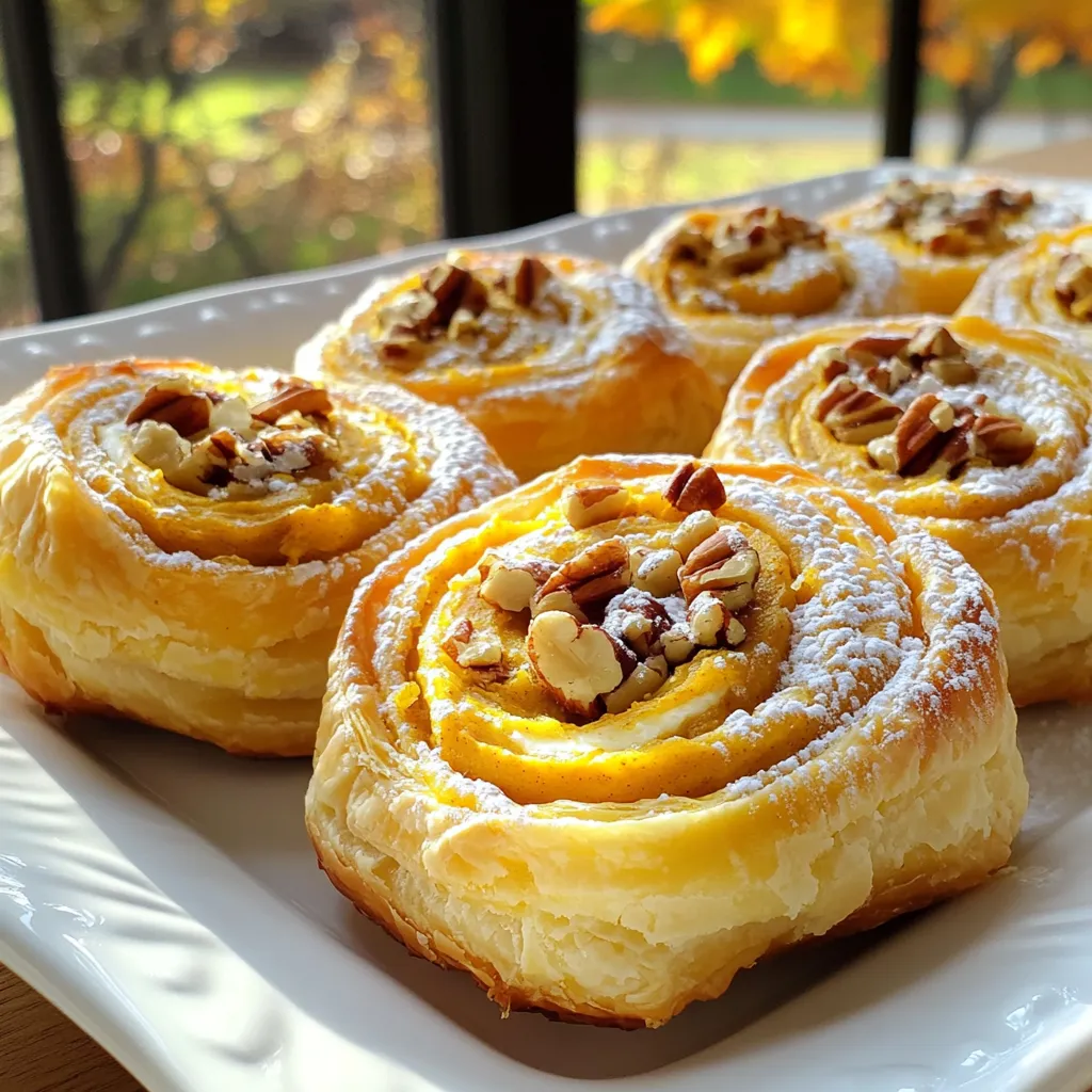 - 1 sheet of puff pastry (thawed) - 1/2 cup pumpkin puree - 4 oz cream cheese, softened These main ingredients create a rich and creamy filling for your danishes. Puff pastry gives a flaky texture. Pumpkin puree adds warmth and sweetness. Cream cheese brings a smooth richness that pairs perfectly with pumpkin. - 1/4 cup powdered sugar - 1 teaspoon vanilla extract - 1 teaspoon pumpkin spice These extra ingredients sweeten and flavor the filling. Powdered sugar adds a light sweetness. Vanilla extract enhances the overall taste. Pumpkin spice gives that cozy fall flavor we all love. - 1 egg (for egg wash) - 1 tablespoon milk - Chopped pecans for topping You can use an egg wash to give the danishes a golden color. Milk helps make the egg wash smooth. If you want some crunch, sprinkle chopped pecans on top before baking. They add a nice texture to each bite. 1. Preheat your oven to 400°F (200°C). This step ensures the danishes cook evenly. 2. Line a baking sheet with parchment paper. This helps with easy cleanup later. 3. On a lightly floured surface, roll out the puff pastry sheet. Smooth out any creases. 4. Cut the pastry into 6 equal squares. Each square will hold a tasty filling. 1. In a mixing bowl, combine 1/2 cup pumpkin puree and 4 oz softened cream cheese. 2. Add 1/4 cup powdered sugar, 1 teaspoon vanilla extract, and 1 teaspoon pumpkin spice. 3. Whisk everything together until it is smooth. This mixture will be rich and creamy. 1. Place about 2 tablespoons of the pumpkin cream cheese mixture in the center of each puff pastry square. 2. Fold the corners of each square over the filling. Pinch the seams to seal them closed. 3. In a small bowl, whisk 1 egg with 1 tablespoon of milk. This will create your egg wash. 4. Brush the tops of the danishes with the egg wash. This gives them a nice golden color. 5. Optional: Sprinkle chopped pecans on top for added crunch. This step adds a nice texture. 1. Place the danishes in the preheated oven and bake for 15-20 minutes. They should puff and turn golden brown. 2. Once baked, remove the danishes from the oven. Allow them to cool slightly before serving. Enjoy the warm, creamy goodness! How to handle puff pastry When you use puff pastry, keep it cold. If it warms up, it gets sticky. Roll it out gently on a floured surface. This helps you avoid tearing. Cut it into squares with a sharp knife for clean edges. Preventing soggy bottoms To prevent soggy bottoms, use parchment paper. This helps the pastry crisp up. Also, avoid overfilling your danishes. Too much filling can cause leaks. Use about 2 tablespoons per square. This keeps the pastry light and airy. Additional spices to consider Pumpkin spice is great, but you can add more. Try nutmeg or cinnamon for extra warmth. A pinch of ginger gives a nice kick too. You can mix these spices into the cream cheese filling for a rich flavor. Sweetening adjustments for personal taste If you like it sweeter, add more powdered sugar. You can start with a tablespoon more. Taste the mixture before filling the pastry. This way, you can adjust it to your liking. Pairing ideas with beverages or sides Serve these danishes with coffee or tea. They pair well with warm drinks. You can also enjoy them with a scoop of vanilla ice cream. For a side, try fresh fruit or a light salad. This adds a nice balance to the meal. {{image_2}} You can change the filling if you want. Instead of pumpkin, try apple or berry. They add a nice twist to the danishes. If you want a non-dairy option for cream cheese, use cashew cream or coconut cream. These substitutes give a rich taste while keeping it dairy-free. You can serve these danishes in many ways. Glazed danishes have a sweet touch. To make a simple glaze, mix powdered sugar with milk. Brush it on after baking. If you want something fun for a party, make mini danishes. Just cut the puff pastry into smaller squares. They are great for sharing! These danishes are perfect for any season. For Halloween, shape the pastry into spooky designs. You can also use orange icing for fun. For Thanksgiving, add a sprinkle of cinnamon on top. You can even use a pumpkin-shaped cutter to make them festive. These little details make a big difference! To keep your Pumpkin Cream Cheese Danishes fresh, store leftovers in airtight containers. This helps prevent moisture loss and keeps them tasty. I recommend using glass or plastic containers with tight lids. You can also use plastic wrap to cover individual danishes if you prefer. When you want to enjoy your leftover danishes, you can reheat them in either the microwave or the oven. For the microwave, heat one danish for about 15-20 seconds. This warms them up quickly but may soften the pastry. If you want a crispier texture, use the oven. Preheat it to 350°F (175°C) and bake for about 5-10 minutes. This method helps the pastry stay flaky. You can freeze your Pumpkin Cream Cheese Danishes before or after baking. If you freeze them before baking, prepare the danishes and place them on a baking sheet. Cover them with plastic wrap and freeze until solid, then transfer to a freezer bag. If you freeze them after baking, let them cool first. Store them in airtight containers or freezer bags. They can last up to three months frozen. When ready to eat, just thaw and reheat as mentioned above. How can I make these danishes ahead of time? You can prepare these danishes in advance. Make the filling and shape the danishes. Place them on a baking sheet, cover with plastic wrap, and refrigerate. Bake them fresh when you are ready to eat. Can I use homemade puff pastry? Yes, you can use homemade puff pastry. Just roll it out to the right size. This adds a personal touch to your danishes. Are Pumpkin Cream Cheese Danishes gluten-free? No, traditional puff pastry is not gluten-free. You can look for gluten-free puff pastry at the store. Make sure to check the label. How can I make them vegan? To make vegan danishes, use plant-based cream cheese. Replace the egg wash with a mix of plant milk and cornstarch. This gives a nice glaze without eggs. What is the best way to ensure a flaky texture? To get a flaky texture, keep your puff pastry cold. Handle it gently and avoid overworking the dough. This keeps the layers light and airy. How do I prevent the filling from leaking? To stop the filling from leaking, seal the edges tightly. Pinch the dough well around the filling. You can also use less filling to reduce the chance of leaks. These Pumpkin Cream Cheese Danishes are a delightful treat. You learned about main ingredients like puff pastry and pumpkin puree. The step-by-step instructions guide you to assemble and bake your danishes perfectly. Tips help you enhance flavor and texture. Variations offer options for different tastes and occasions. I hope you feel inspired to make this tasty recipe and share it. Enjoy your baking adventure!
