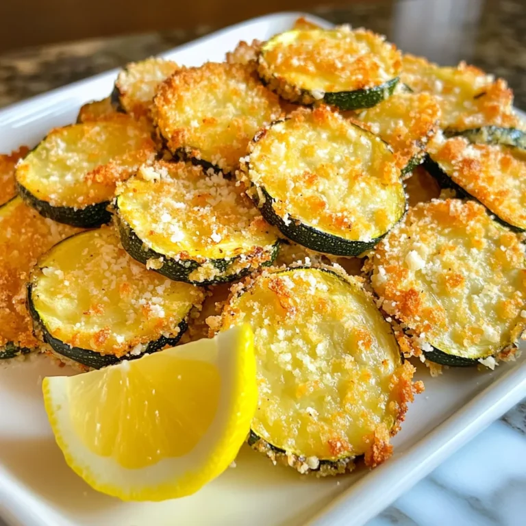 - 2 medium zucchinis, sliced - 1 cup breadcrumbs (panko preferred) - 1/2 cup grated Parmesan cheese - 1 teaspoon garlic powder - 1 teaspoon dried oregano - 1/2 teaspoon salt - 1/4 teaspoon black pepper - 2 large eggs, beaten - Cooking spray or olive oil for greasing Crispy Baked Parmesan Zucchini needs fresh ingredients for the best taste. Start with 2 medium zucchinis. Slice them into 1/4-inch rounds for even cooking. I prefer panko breadcrumbs for a crunchier bite, so use 1 cup of those. Grated Parmesan cheese adds a rich flavor, so don’t skip the 1/2 cup. For seasoning, you’ll want garlic powder, dried oregano, salt, and black pepper. Each spice adds depth and enhances the zucchini's natural taste. Use 1 teaspoon of garlic powder and oregano, 1/2 teaspoon of salt, and 1/4 teaspoon of black pepper. Finally, you need 2 large eggs, beaten, to help the coating stick. A bit of cooking spray or olive oil greases the pan and helps everything crisp up nicely. Gather these ingredients, and you’re ready to make a tasty and healthy snack! {{ingredient_image_1}} Start by setting your oven to 425°F (220°C). This high heat makes the zucchini crispy. Next, line a baking sheet with parchment paper. This step is crucial. It keeps your zucchini from sticking and makes cleanup easy. In a shallow bowl, mix 1 cup of breadcrumbs with 1/2 cup of grated Parmesan cheese. Add 1 teaspoon of garlic powder, 1 teaspoon of dried oregano, 1/2 teaspoon of salt, and 1/4 teaspoon of black pepper. Stir it well to combine all the flavors. This mixture gives a savory crunch to the zucchini. Take each zucchini slice and dip it into 2 beaten eggs. Let any extra egg drip off. Then, coat the slice in the breadcrumb mixture. Press gently to make sure it sticks well. This technique helps create a thick, crispy layer on the zucchini. Place the coated zucchini slices on the baking sheet in a single layer. Bake them for 20-25 minutes. Turn them halfway through to ensure they crisp evenly. They should turn golden brown and crunchy. After baking, let them cool slightly before serving. To get that perfect crunch, I recommend using panko breadcrumbs. They have a light and airy texture, giving your zucchini a nice bite. If you can’t find panko, regular breadcrumbs will work, but they won't be as crispy. Oil is key for crispiness. Lightly spray the zucchini with cooking spray or drizzle a bit of olive oil on top. This helps the breadcrumbs brown and crisp up nicely in the oven. You can play with flavors by adding more spices. Consider smoked paprika or Italian seasoning for a twist. These spices add depth and excitement to your zucchini. For a complete dish, pair your crispy zucchini with a fresh dip like tzatziki or a zesty salsa. These will complement the flavors and add a fun element to your snack. Presentation adds to your meal's appeal. Serve the crispy zucchini on a nice platter. Add a wedge of lemon for a pop of color. A drizzle of balsamic reduction can elevate the dish visually and tastefully. These small details make your snack look gourmet and inviting. Enjoy this dish as a side or a delightful snack any time! Pro Tips Use Fresh Zucchini: For the best flavor and texture, choose firm zucchinis that are free from blemishes. Panko Breadcrumbs for Extra Crunch: Opt for panko breadcrumbs instead of regular ones to achieve an unparalleled crispy texture. Adjust Seasoning to Taste: Feel free to experiment with spices like paprika or cayenne for an extra kick of flavor. Make Ahead and Reheat: You can prepare the zucchini slices in advance and reheat them in the oven for a quick snack or side dish. {{image_2}} You can change the cheese to create new tastes. Try using mozzarella or cheddar instead of Parmesan. Both cheeses melt well and add a nice stretch. Mixing different cheeses can give your zucchini even more flavor depth. For example, blend Parmesan with some mozzarella for a creamy bite. The options are endless! Zucchini is great, but you can switch it up. Eggplant or yellow squash makes fantastic substitutes. Just keep in mind that these veggies may need a little change in cook time. Eggplant may take a bit longer since it is denser. Yellow squash may cook faster, so keep an eye on them! If you need a gluten-free option, you can still enjoy this dish. Use gluten-free breadcrumbs instead of regular ones. These work just as well and keep the crunch. Make sure to double-check your seasonings and eggs for any hidden gluten. This way, everyone can enjoy a crispy baked treat! To keep your crispy baked Parmesan zucchini fresh, place it in an airtight container. Make sure to refrigerate it within two hours of baking. This will prevent bacteria growth and keep your snack safe to eat. Use a container that allows some air circulation if you want to keep some crispiness. A wire rack works well for this. To maintain the texture, the best method is to use the oven. Preheat your oven to 350°F (175°C). Place the zucchini on a baking sheet and heat for about 10 minutes. This will help them crisp up again. If you're in a hurry, you can use the microwave. However, this method might make them soft. Heat in short bursts of 30 seconds until warm. You can freeze crispy baked zucchini, but it may lose some crispiness. To prepare for freezing, let the zucchini cool completely. Then, place them in a single layer on a baking sheet. Freeze until solid, then transfer to a freezer bag. When ready to eat, thaw in the fridge overnight. Reheat in the oven for best results. You can tell when crispy baked zucchini is done by checking its color and texture. Look for a golden brown color and a crispy exterior. Use a fork to poke a slice; it should feel firm, not soft. If it is golden and crispy, it is ready to eat! Yes, you can prepare the zucchini ahead of time. Coat the slices in the breadcrumb mixture and place them on a baking sheet. Cover and store in the fridge for up to 24 hours. Bake them when you are ready for a tasty snack! Absolutely! An air fryer is a great way to make crispy baked zucchini. Set your air fryer to 400°F (200°C). Cook the zucchini for about 10-12 minutes, flipping halfway through. This method gives you a nice crunch without using too much oil. Some great dipping sauces for baked zucchini include marinara sauce, ranch dressing, or garlic aioli. You can also try a spicy sriracha mayo for a kick. These dips enhance the flavor and make the zucchini even more fun to eat! This blog post shared a simple recipe for crispy baked zucchini. You learned about the key ingredients, from fresh zucchini to spices and cheese. I walked you through each step in the cooking process, including handy tips for perfecting texture and flavor. You also discovered variations and storage tips. Embracing these insights will help you create tasty dishes effortlessly. Enjoy your cooking journey, and remember to experiment with your own twists!