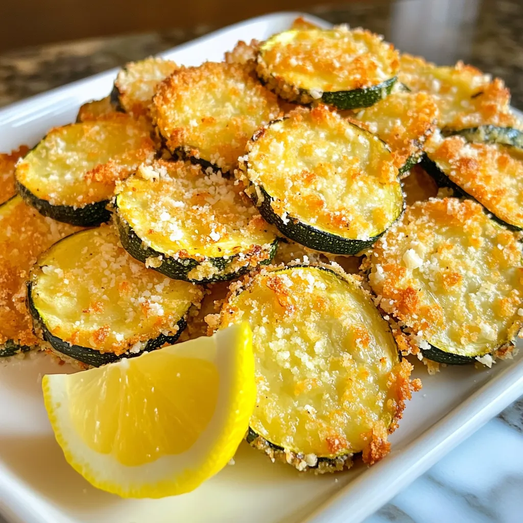 - 2 medium zucchinis, sliced - 1 cup breadcrumbs (panko preferred) - 1/2 cup grated Parmesan cheese - 1 teaspoon garlic powder - 1 teaspoon dried oregano - 1/2 teaspoon salt - 1/4 teaspoon black pepper - 2 large eggs, beaten - Cooking spray or olive oil for greasing Crispy Baked Parmesan Zucchini needs fresh ingredients for the best taste. Start with 2 medium zucchinis. Slice them into 1/4-inch rounds for even cooking. I prefer panko breadcrumbs for a crunchier bite, so use 1 cup of those. Grated Parmesan cheese adds a rich flavor, so don’t skip the 1/2 cup. For seasoning, you’ll want garlic powder, dried oregano, salt, and black pepper. Each spice adds depth and enhances the zucchini's natural taste. Use 1 teaspoon of garlic powder and oregano, 1/2 teaspoon of salt, and 1/4 teaspoon of black pepper. Finally, you need 2 large eggs, beaten, to help the coating stick. A bit of cooking spray or olive oil greases the pan and helps everything crisp up nicely. Gather these ingredients, and you’re ready to make a tasty and healthy snack! {{ingredient_image_1}} Start by setting your oven to 425°F (220°C). This high heat makes the zucchini crispy. Next, line a baking sheet with parchment paper. This step is crucial. It keeps your zucchini from sticking and makes cleanup easy. In a shallow bowl, mix 1 cup of breadcrumbs with 1/2 cup of grated Parmesan cheese. Add 1 teaspoon of garlic powder, 1 teaspoon of dried oregano, 1/2 teaspoon of salt, and 1/4 teaspoon of black pepper. Stir it well to combine all the flavors. This mixture gives a savory crunch to the zucchini. Take each zucchini slice and dip it into 2 beaten eggs. Let any extra egg drip off. Then, coat the slice in the breadcrumb mixture. Press gently to make sure it sticks well. This technique helps create a thick, crispy layer on the zucchini. Place the coated zucchini slices on the baking sheet in a single layer. Bake them for 20-25 minutes. Turn them halfway through to ensure they crisp evenly. They should turn golden brown and crunchy. After baking, let them cool slightly before serving. To get that perfect crunch, I recommend using panko breadcrumbs. They have a light and airy texture, giving your zucchini a nice bite. If you can’t find panko, regular breadcrumbs will work, but they won't be as crispy. Oil is key for crispiness. Lightly spray the zucchini with cooking spray or drizzle a bit of olive oil on top. This helps the breadcrumbs brown and crisp up nicely in the oven. You can play with flavors by adding more spices. Consider smoked paprika or Italian seasoning for a twist. These spices add depth and excitement to your zucchini. For a complete dish, pair your crispy zucchini with a fresh dip like tzatziki or a zesty salsa. These will complement the flavors and add a fun element to your snack. Presentation adds to your meal's appeal. Serve the crispy zucchini on a nice platter. Add a wedge of lemon for a pop of color. A drizzle of balsamic reduction can elevate the dish visually and tastefully. These small details make your snack look gourmet and inviting. Enjoy this dish as a side or a delightful snack any time! Pro Tips Use Fresh Zucchini: For the best flavor and texture, choose firm zucchinis that are free from blemishes. Panko Breadcrumbs for Extra Crunch: Opt for panko breadcrumbs instead of regular ones to achieve an unparalleled crispy texture. Adjust Seasoning to Taste: Feel free to experiment with spices like paprika or cayenne for an extra kick of flavor. Make Ahead and Reheat: You can prepare the zucchini slices in advance and reheat them in the oven for a quick snack or side dish. {{image_2}} You can change the cheese to create new tastes. Try using mozzarella or cheddar instead of Parmesan. Both cheeses melt well and add a nice stretch. Mixing different cheeses can give your zucchini even more flavor depth. For example, blend Parmesan with some mozzarella for a creamy bite. The options are endless! Zucchini is great, but you can switch it up. Eggplant or yellow squash makes fantastic substitutes. Just keep in mind that these veggies may need a little change in cook time. Eggplant may take a bit longer since it is denser. Yellow squash may cook faster, so keep an eye on them! If you need a gluten-free option, you can still enjoy this dish. Use gluten-free breadcrumbs instead of regular ones. These work just as well and keep the crunch. Make sure to double-check your seasonings and eggs for any hidden gluten. This way, everyone can enjoy a crispy baked treat! To keep your crispy baked Parmesan zucchini fresh, place it in an airtight container. Make sure to refrigerate it within two hours of baking. This will prevent bacteria growth and keep your snack safe to eat. Use a container that allows some air circulation if you want to keep some crispiness. A wire rack works well for this. To maintain the texture, the best method is to use the oven. Preheat your oven to 350°F (175°C). Place the zucchini on a baking sheet and heat for about 10 minutes. This will help them crisp up again. If you're in a hurry, you can use the microwave. However, this method might make them soft. Heat in short bursts of 30 seconds until warm. You can freeze crispy baked zucchini, but it may lose some crispiness. To prepare for freezing, let the zucchini cool completely. Then, place them in a single layer on a baking sheet. Freeze until solid, then transfer to a freezer bag. When ready to eat, thaw in the fridge overnight. Reheat in the oven for best results. You can tell when crispy baked zucchini is done by checking its color and texture. Look for a golden brown color and a crispy exterior. Use a fork to poke a slice; it should feel firm, not soft. If it is golden and crispy, it is ready to eat! Yes, you can prepare the zucchini ahead of time. Coat the slices in the breadcrumb mixture and place them on a baking sheet. Cover and store in the fridge for up to 24 hours. Bake them when you are ready for a tasty snack! Absolutely! An air fryer is a great way to make crispy baked zucchini. Set your air fryer to 400°F (200°C). Cook the zucchini for about 10-12 minutes, flipping halfway through. This method gives you a nice crunch without using too much oil. Some great dipping sauces for baked zucchini include marinara sauce, ranch dressing, or garlic aioli. You can also try a spicy sriracha mayo for a kick. These dips enhance the flavor and make the zucchini even more fun to eat! This blog post shared a simple recipe for crispy baked zucchini. You learned about the key ingredients, from fresh zucchini to spices and cheese. I walked you through each step in the cooking process, including handy tips for perfecting texture and flavor. You also discovered variations and storage tips. Embracing these insights will help you create tasty dishes effortlessly. Enjoy your cooking journey, and remember to experiment with your own twists!
