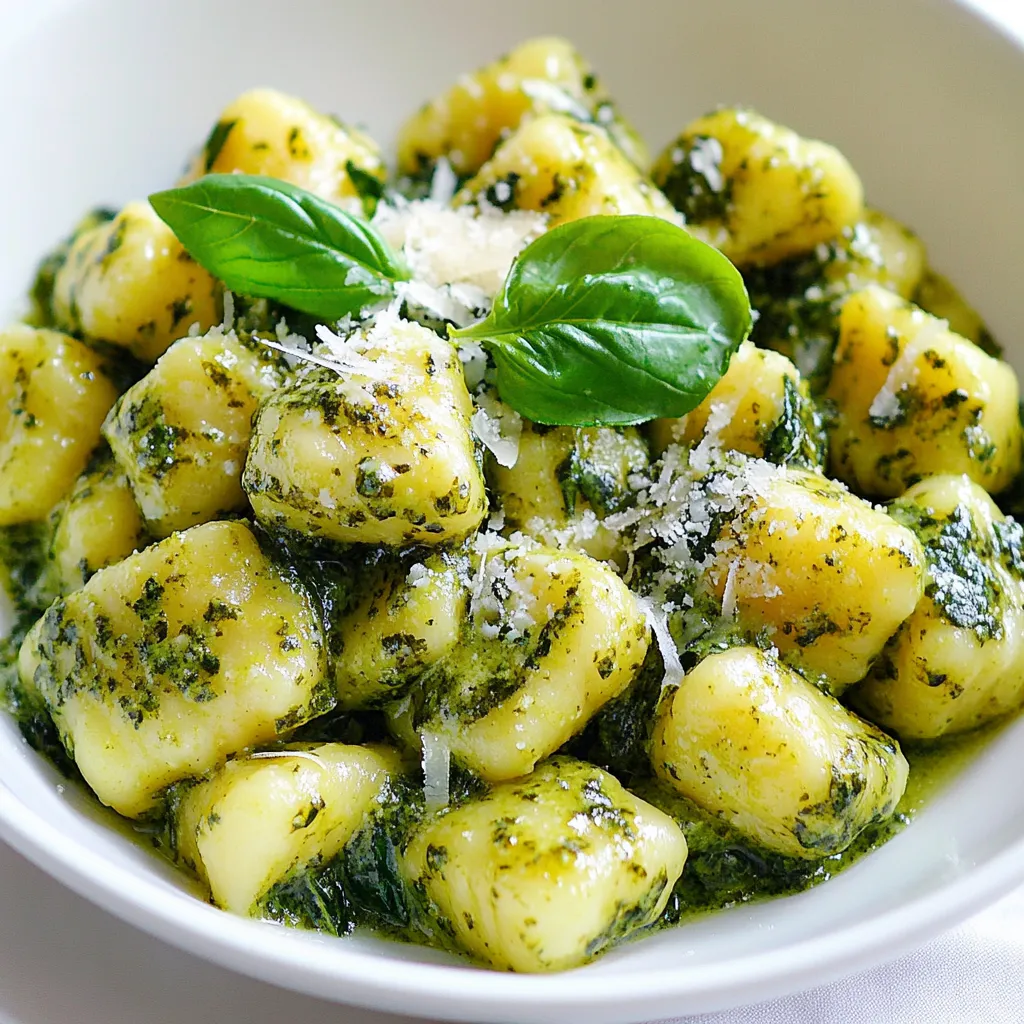 - 1 pound potato gnocchi - 2 cups fresh spinach, chopped - 1 cup basil pesto - 1 cup heavy cream - 1/2 cup grated Parmesan cheese - 1 tablespoon olive oil - 2 cloves garlic, minced - Salt and pepper to taste - Fresh basil leaves for garnish For this recipe, I use 1 pound of gnocchi. This amount serves about four people. I add 2 cups of fresh spinach for color and nutrients. The basil pesto can be store-bought or homemade, but I often make my own for better taste. I like to use 1 cup of heavy cream to give a nice richness. The grated Parmesan cheese adds a savory kick, so I use 1/2 cup. A tablespoon of olive oil helps sauté the garlic. I also use 2 cloves of minced garlic for flavor. Finally, I season with salt and pepper to taste. Always choose fresh spinach for the best taste and texture. Look for bright green leaves without any wilting. For the basil pesto, if you can, try to use fresh basil. It makes a big difference in flavor. When buying Parmesan, choose a block and grate it yourself. Freshly grated cheese melts better and tastes richer. {{ingredient_image_1}} First, fill a large pot with salted water. Bring it to a boil. Once boiling, add the potato gnocchi. Cook them for 2-3 minutes. You know they are ready when they float to the top. Use a slotted spoon to remove them. Drain and set the gnocchi aside while you prepare the sauce. In the same pot, heat 1 tablespoon of olive oil over medium heat. Add 2 minced cloves of garlic. Sauté for about 1 minute. You want the garlic to smell fragrant but not burn. Next, add 2 cups of chopped fresh spinach. Cook the spinach for 2-3 minutes. It should wilt and turn bright green. Now, pour in 1 cup of heavy cream and 1 cup of basil pesto into the pot. Stir well to mix everything. Allow this mixture to simmer for 2-3 minutes. This helps it thicken nicely. Once thick, add 1/2 cup of grated Parmesan cheese. Stir until the cheese melts and the sauce is smooth. Season with salt and pepper to taste. Gently fold the cooked gnocchi into the creamy pesto sauce. Make sure each piece is well coated. Cook for an additional 2 minutes to heat everything through. Remove the pot from heat. Serve your creamy pesto spinach gnocchi immediately. Garnish with fresh basil leaves and extra Parmesan cheese if you like. Enjoy this flavorful dish! To cook gnocchi right, start with salted water. Bring a large pot to a boil. When the water bubbles, add the gnocchi. Cook them for about 2-3 minutes. You'll know they're done when they float. Remove them quickly and drain. This keeps them soft and ready for the sauce. Taste is key in cooking. To make your creamy pesto spinach gnocchi shine, add salt and pepper. You can also try a pinch of red pepper flakes for heat. Fresh herbs like parsley or thyme add a nice touch too. Always taste as you go. Adjust until you love the flavor. For a rich, creamy sauce, use heavy cream. It blends well with pesto and cheese. Make sure to stir the sauce often. This helps it thicken nicely. If the sauce is too thick, add a splash of pasta water. This keeps it smooth and rich. Always fold the gnocchi gently into the sauce to avoid breaking them. Pro Tips Use Fresh Spinach: Fresh spinach adds a vibrant color and rich flavor to the dish. If using frozen spinach, ensure it's fully thawed and drained to avoid excess moisture. Homemade Pesto: For an extra burst of flavor, consider making your own pesto! Blend fresh basil, garlic, pine nuts, Parmesan cheese, and olive oil for a personalized touch. Adjust Creaminess: If you prefer a lighter sauce, reduce the amount of heavy cream or substitute half-and-half. This can help balance the richness of the dish. Garnish Wisely: Don’t skimp on garnishes! Fresh basil leaves and a sprinkle of extra Parmesan cheese elevate the dish visually and enhance the flavor. {{image_2}} If you can't find gnocchi, don't worry! You can use other types of pasta. Bowtie, penne, or even spaghetti work well. Just cook them according to package instructions. This keeps the dish quick and easy. You’ll still get that creamy pesto flavor, which is the star here. For added protein, consider chicken or shrimp. Cook diced chicken in the pot until golden. If using shrimp, add them after the garlic and spinach. They cook fast, just a few minutes. This makes your meal heartier and more filling. You can also try tofu for a plant-based option. To make this dish vegan, swap out the heavy cream for coconut milk. Use nutritional yeast instead of Parmesan for that cheesy flavor. Check your pesto too; some brands have cheese. Look for a vegan pesto or make your own! These changes keep it tasty and plant-friendly. You can store leftovers in the fridge. Place the gnocchi in an airtight container. They will stay fresh for up to three days. Before storing, let them cool down. This helps keep the cream from separating. To freeze, place the gnocchi in a single layer on a baking sheet. Freeze them for about one hour. Once frozen, transfer them to a freezer bag. They can last up to three months. When ready to use, cook them straight from frozen. This keeps the texture nice. Reheat the gnocchi gently on the stove. Add a splash of cream or water to help it warm up. Stir often to prevent sticking. You can also use the microwave. Heat in short bursts, stirring in between. This way, you can enjoy your delicious meal again! Yes, you can use homemade pesto! Fresh basil, garlic, and nuts make it special. Making it at home lets you control the taste and texture. Just blend the ingredients until smooth. Add olive oil and cheese to get a creamy feel. You can also tweak the flavors to suit your taste. You will know gnocchi is done when it floats. Cooking them usually takes about 2-3 minutes. When they rise to the top, they are ready to drain. If you want a soft texture, avoid cooking them too long. This keeps them light and fluffy. Creamy Pesto Spinach Gnocchi pairs well with many dishes. You can serve it with a simple green salad. Grilled chicken or shrimp adds protein and flavor. For a heartier meal, try garlic bread or roasted vegetables on the side. These options balance the creaminess of the dish. Yes, you can make this dish gluten-free! Look for gluten-free gnocchi, which are made from rice or other flours. Be sure to check the labels for any hidden gluten. The rest of the ingredients are naturally gluten-free. This way, everyone can enjoy the creamy goodness! This blog post covered everything you need for creamy pesto spinach gnocchi. We talked about ingredients, measurements, and tips for freshness. You learned step-by-step instructions for cooking and blending flavors. We also explored helpful tips for perfect gnocchi and tasty variations. Keep these ideas in mind as you cook. Using fresh ingredients and following our tips will boost your dish. Enjoy experimenting and crafting your perfect creamy pesto spinach gnocchi!
