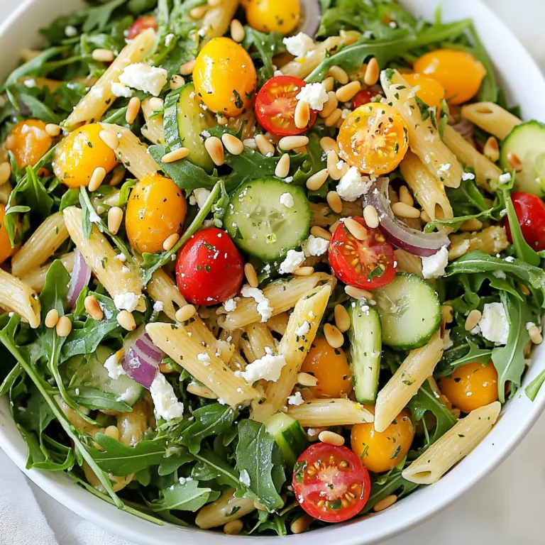 To make a refreshing Lemon Arugula Pasta Salad, you’ll need the following ingredients: - 8 oz (225g) whole wheat penne pasta - 4 cups fresh arugula, roughly chopped - 1 cup cherry tomatoes, halved - 1/2 cup cucumber, diced - 1/4 cup red onion, thinly sliced - 1/3 cup feta cheese, crumbled - 1/4 cup toasted pine nuts - 3 tablespoons extra virgin olive oil - 2 tablespoons fresh lemon juice - Zest of 1 lemon - 1 teaspoon honey - Salt and pepper to taste Each ingredient plays a role in making this salad bright and tasty. Whole wheat penne adds fiber and a nutty flavor. Fresh arugula gives a peppery kick. Cherry tomatoes add sweetness, while cucumber brings crunch. Red onion adds sharpness, and feta cheese gives creaminess. Toasted pine nuts add a rich, nutty flavor. Extra virgin olive oil is a must for a smooth dressing. Fresh lemon juice and zest make the salad zesty and fresh. Honey balances the acidity, and salt and pepper enhance all the flavors. Gather these ingredients, and you are ready to create a dish that is not only vibrant but also satisfying! {{ingredient_image_1}} Start by boiling a large pot of water. Add salt to the water for flavor. Once the water boils, add 8 oz of whole wheat penne pasta. Cook it according to the package instructions until it is al dente. This usually takes about 10-12 minutes. Drain the pasta and rinse it under cold water. This step stops the cooking and cools it down. While the pasta cooks, grab a small bowl. In this bowl, mix together 3 tablespoons of extra virgin olive oil, 2 tablespoons of fresh lemon juice, and the zest of one lemon. Add 1 teaspoon of honey, along with salt and pepper to taste. Whisk all these ingredients together until they blend well. This dressing will give your salad a bright flavor. In a large mixing bowl, add the cooked pasta. Now, add 4 cups of fresh arugula, 1 cup of halved cherry tomatoes, 1/2 cup of diced cucumber, 1/4 cup of thinly sliced red onion, and 1/3 cup of crumbled feta cheese. These ingredients make the salad colorful and tasty. Next, drizzle the dressing you made over the salad. Gently toss everything together. Make sure the pasta and veggies are well coated with the dressing. This way, every bite will be full of flavor. Let the salad sit for about 10 minutes. This helps the flavors blend together. You can serve it chilled or at room temperature. For a final touch, sprinkle 1/4 cup of toasted pine nuts on top for added crunch. Enjoy this fresh and flavorful delight! To make great pasta, use plenty of water. A large pot helps prevent sticking. Add salt to the water before boiling. This adds flavor to your pasta. Cook the whole wheat penne until it is al dente, or firm to the bite. After draining, rinse it under cold water. This stops the cooking and keeps the pasta from getting mushy. Herbs can make your pasta salad shine. Fresh herbs, like basil or parsley, add a burst of flavor. You can also try adding fresh mint for a unique twist. Lemon zest boosts the citrus flavor in the salad. Always taste as you go. This way, you can adjust flavors to fit your taste. Make your salad look inviting. Serve it in a large bowl to show off the vibrant colors. Garnish with toasted pine nuts on top for crunch. You can add extra lemon slices around the bowl for a pop of color. Serve the salad chilled or at room temperature. This makes it perfect for any gathering or picnic. Pro Tips Cooking Pasta Perfectly: Make sure to cook the pasta al dente for the best texture. This will help it hold up better in the salad and avoid becoming mushy. Fresh Ingredients Matter: Use the freshest arugula and cherry tomatoes you can find. Fresh ingredients will enhance the overall flavor of your pasta salad. Customize Your Dressing: Feel free to adjust the honey and lemon juice in the dressing to suit your taste. You can make it tangier or sweeter based on your preference. Chill for Flavor: Letting the pasta salad sit for at least 10 minutes before serving allows the flavors to meld together, making each bite more delicious. {{image_2}} You can easily swap some ingredients in your Lemon Arugula Pasta Salad. For the pasta, use any shape you like. If you want a gluten-free option, try brown rice pasta or quinoa. Instead of arugula, baby spinach works well. You can also change cherry tomatoes to diced bell peppers or roasted zucchini. If you want a creamier taste, use Greek yogurt instead of feta cheese. Adding protein makes this salad a meal. You can include grilled chicken or shrimp for a tasty boost. For a vegetarian option, try chickpeas or white beans. They add protein and fiber. You could also toss in cooked bacon or turkey for extra flavor. Just remember to adjust the dressing if you add more ingredients. While the lemon dressing is zesty, feel free to mix it up! A balsamic vinaigrette adds sweetness. You can also use a creamy dressing, like ranch or Caesar, for a rich taste. For a spicy kick, try adding sriracha or chili oil to your dressing. Experiment with different herbs to create unique flavors. After you enjoy your lemon arugula pasta salad, store any leftovers right away. Place the salad in a container with a tight lid. This keeps the salad fresh and tasty. It will stay good in the fridge for up to three days. If you see any liquid, just drain it before eating. Use glass or plastic containers that seal well. Glass containers are great as they do not stain. Choose a size that fits your leftover salad well. This way, it won’t spill if you move it. If you plan to take it on the go, use a container with a locking lid. Freezing pasta salad is not the best idea. The texture of the pasta and veggies changes when frozen. If you still want to freeze it, leave out the arugula and fresh toppings. You can freeze the pasta and dressing together. Just remember to eat it within a month for the best taste. When you’re ready, thaw it in the fridge overnight. Then, mix in fresh arugula and toppings before serving. Yes, you can make this salad ahead of time. It tastes even better after sitting for a bit. However, keep the dressing separate until you are ready to eat. This keeps the arugula fresh and crisp. If you can’t find arugula, try baby spinach or mixed greens. Both options add a nice flavor and texture. You can also use kale, but remember to chop it finely for easier eating. To make this pasta salad gluten-free, switch to gluten-free pasta. Many brands offer good gluten-free options that taste great. Just follow the cooking instructions on the package. Serve this salad chilled or at room temperature. It’s perfect for picnics or parties. You can also add extra feta or pine nuts on top for a nice touch. Absolutely! Feel free to add other veggies like bell peppers, carrots, or zucchini. Just make sure they are chopped into small pieces. This adds color and more nutrients to your salad. This pasta salad is simple yet full of flavor. You learned about the ingredients and how to prepare them step by step. I shared tips to enhance taste and serve it well. You can even mix things up by adding protein or other veggies. Remember to store leftovers properly for best flavor later. Enjoying this dish can be a breeze. Feel free to make it your own and share with friends!