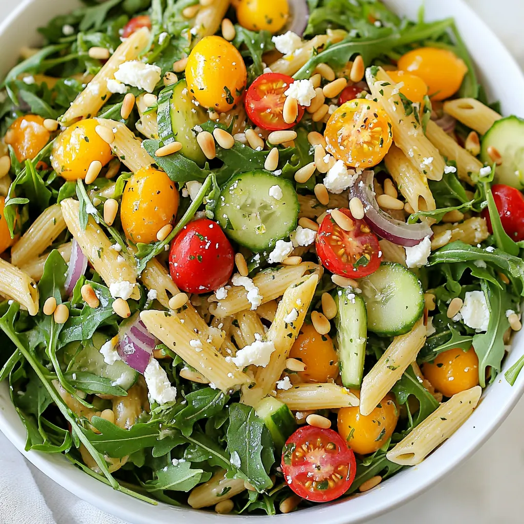 To make a refreshing Lemon Arugula Pasta Salad, you’ll need the following ingredients: - 8 oz (225g) whole wheat penne pasta - 4 cups fresh arugula, roughly chopped - 1 cup cherry tomatoes, halved - 1/2 cup cucumber, diced - 1/4 cup red onion, thinly sliced - 1/3 cup feta cheese, crumbled - 1/4 cup toasted pine nuts - 3 tablespoons extra virgin olive oil - 2 tablespoons fresh lemon juice - Zest of 1 lemon - 1 teaspoon honey - Salt and pepper to taste Each ingredient plays a role in making this salad bright and tasty. Whole wheat penne adds fiber and a nutty flavor. Fresh arugula gives a peppery kick. Cherry tomatoes add sweetness, while cucumber brings crunch. Red onion adds sharpness, and feta cheese gives creaminess. Toasted pine nuts add a rich, nutty flavor. Extra virgin olive oil is a must for a smooth dressing. Fresh lemon juice and zest make the salad zesty and fresh. Honey balances the acidity, and salt and pepper enhance all the flavors. Gather these ingredients, and you are ready to create a dish that is not only vibrant but also satisfying! {{ingredient_image_1}} Start by boiling a large pot of water. Add salt to the water for flavor. Once the water boils, add 8 oz of whole wheat penne pasta. Cook it according to the package instructions until it is al dente. This usually takes about 10-12 minutes. Drain the pasta and rinse it under cold water. This step stops the cooking and cools it down. While the pasta cooks, grab a small bowl. In this bowl, mix together 3 tablespoons of extra virgin olive oil, 2 tablespoons of fresh lemon juice, and the zest of one lemon. Add 1 teaspoon of honey, along with salt and pepper to taste. Whisk all these ingredients together until they blend well. This dressing will give your salad a bright flavor. In a large mixing bowl, add the cooked pasta. Now, add 4 cups of fresh arugula, 1 cup of halved cherry tomatoes, 1/2 cup of diced cucumber, 1/4 cup of thinly sliced red onion, and 1/3 cup of crumbled feta cheese. These ingredients make the salad colorful and tasty. Next, drizzle the dressing you made over the salad. Gently toss everything together. Make sure the pasta and veggies are well coated with the dressing. This way, every bite will be full of flavor. Let the salad sit for about 10 minutes. This helps the flavors blend together. You can serve it chilled or at room temperature. For a final touch, sprinkle 1/4 cup of toasted pine nuts on top for added crunch. Enjoy this fresh and flavorful delight! To make great pasta, use plenty of water. A large pot helps prevent sticking. Add salt to the water before boiling. This adds flavor to your pasta. Cook the whole wheat penne until it is al dente, or firm to the bite. After draining, rinse it under cold water. This stops the cooking and keeps the pasta from getting mushy. Herbs can make your pasta salad shine. Fresh herbs, like basil or parsley, add a burst of flavor. You can also try adding fresh mint for a unique twist. Lemon zest boosts the citrus flavor in the salad. Always taste as you go. This way, you can adjust flavors to fit your taste. Make your salad look inviting. Serve it in a large bowl to show off the vibrant colors. Garnish with toasted pine nuts on top for crunch. You can add extra lemon slices around the bowl for a pop of color. Serve the salad chilled or at room temperature. This makes it perfect for any gathering or picnic. Pro Tips Cooking Pasta Perfectly: Make sure to cook the pasta al dente for the best texture. This will help it hold up better in the salad and avoid becoming mushy. Fresh Ingredients Matter: Use the freshest arugula and cherry tomatoes you can find. Fresh ingredients will enhance the overall flavor of your pasta salad. Customize Your Dressing: Feel free to adjust the honey and lemon juice in the dressing to suit your taste. You can make it tangier or sweeter based on your preference. Chill for Flavor: Letting the pasta salad sit for at least 10 minutes before serving allows the flavors to meld together, making each bite more delicious. {{image_2}} You can easily swap some ingredients in your Lemon Arugula Pasta Salad. For the pasta, use any shape you like. If you want a gluten-free option, try brown rice pasta or quinoa. Instead of arugula, baby spinach works well. You can also change cherry tomatoes to diced bell peppers or roasted zucchini. If you want a creamier taste, use Greek yogurt instead of feta cheese. Adding protein makes this salad a meal. You can include grilled chicken or shrimp for a tasty boost. For a vegetarian option, try chickpeas or white beans. They add protein and fiber. You could also toss in cooked bacon or turkey for extra flavor. Just remember to adjust the dressing if you add more ingredients. While the lemon dressing is zesty, feel free to mix it up! A balsamic vinaigrette adds sweetness. You can also use a creamy dressing, like ranch or Caesar, for a rich taste. For a spicy kick, try adding sriracha or chili oil to your dressing. Experiment with different herbs to create unique flavors. After you enjoy your lemon arugula pasta salad, store any leftovers right away. Place the salad in a container with a tight lid. This keeps the salad fresh and tasty. It will stay good in the fridge for up to three days. If you see any liquid, just drain it before eating. Use glass or plastic containers that seal well. Glass containers are great as they do not stain. Choose a size that fits your leftover salad well. This way, it won’t spill if you move it. If you plan to take it on the go, use a container with a locking lid. Freezing pasta salad is not the best idea. The texture of the pasta and veggies changes when frozen. If you still want to freeze it, leave out the arugula and fresh toppings. You can freeze the pasta and dressing together. Just remember to eat it within a month for the best taste. When you’re ready, thaw it in the fridge overnight. Then, mix in fresh arugula and toppings before serving. Yes, you can make this salad ahead of time. It tastes even better after sitting for a bit. However, keep the dressing separate until you are ready to eat. This keeps the arugula fresh and crisp. If you can’t find arugula, try baby spinach or mixed greens. Both options add a nice flavor and texture. You can also use kale, but remember to chop it finely for easier eating. To make this pasta salad gluten-free, switch to gluten-free pasta. Many brands offer good gluten-free options that taste great. Just follow the cooking instructions on the package. Serve this salad chilled or at room temperature. It’s perfect for picnics or parties. You can also add extra feta or pine nuts on top for a nice touch. Absolutely! Feel free to add other veggies like bell peppers, carrots, or zucchini. Just make sure they are chopped into small pieces. This adds color and more nutrients to your salad. This pasta salad is simple yet full of flavor. You learned about the ingredients and how to prepare them step by step. I shared tips to enhance taste and serve it well. You can even mix things up by adding protein or other veggies. Remember to store leftovers properly for best flavor later. Enjoying this dish can be a breeze. Feel free to make it your own and share with friends!
