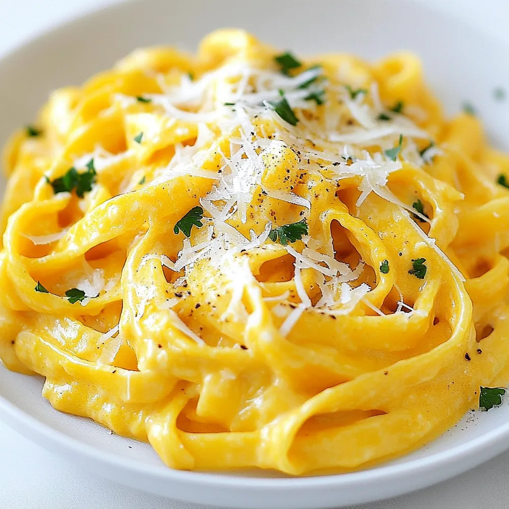 To make a tasty Creamy Pumpkin Alfredo Pasta, you'll need the following: - 12 oz fettuccine pasta - 1 cup pumpkin puree (canned or fresh) - 1 cup heavy cream - 1 tablespoon olive oil - 3 cloves garlic, minced - 1 teaspoon nutmeg - ½ teaspoon cinnamon - 1 cup grated Parmesan cheese - Salt and pepper to taste - Fresh parsley, chopped (for garnish) Choosing quality ingredients can make a big difference. Here are some tips: - Pasta: Use good-quality fettuccine. Fresh pasta can add more flavor. - Pumpkin Puree: If possible, choose organic canned puree. Fresh pumpkin is great too, but it takes time to prepare. - Cream: Use heavy cream for a rich texture. You can try half-and-half for a lighter dish. - Cheese: Freshly grated Parmesan melts better than pre-grated. You can swap some ingredients if needed: - Pasta: You can use gluten-free pasta if you need it. - Pumpkin: Butternut squash works well in place of pumpkin. - Cream: For a lighter version, substitute with whole milk. - Cheese: Nutritional yeast can replace Parmesan for a dairy-free option. - Spices: If you don’t have nutmeg, try allspice or cloves for a different flavor. {{ingredient_image_1}} First, fill a large pot with water and add a generous amount of salt. Bring it to a boil. Once boiling, add 12 oz of fettuccine pasta. Cook it according to the package instructions until it is al dente, which usually takes about 8 to 10 minutes. Drain the pasta, but save a little bit of that pasta water. Set the pasta aside while you make the sauce. In a large skillet, pour in 1 tablespoon of olive oil. Turn the heat to medium. Once the oil is hot, add 3 cloves of minced garlic. Sauté the garlic for about 1 minute. You want it to smell good but not burn. Next, add 1 cup of pumpkin puree to the skillet. I like to use canned puree for ease, but fresh works too! Pour in 1 cup of heavy cream, and sprinkle in 1 teaspoon of nutmeg and ½ teaspoon of cinnamon. Stir it all together and bring this blend to a gentle simmer. Let it cook for about 5 to 7 minutes. Make sure to stir it often, so it doesn’t stick. Gradually add in 1 cup of grated Parmesan cheese. Keep stirring until the cheese melts and the sauce becomes creamy. If the sauce feels too thick, add a splash of the reserved pasta water. This will help to make it just right. Finally, season the sauce with salt and pepper to taste. Now it’s time to add the cooked fettuccine to the skillet. Toss the pasta in the sauce to coat it well. - Always use a large pot with plenty of water. This helps the pasta cook evenly. - Salt the water well; it should taste a bit like the sea. This adds flavor to the pasta. - Stir the pasta occasionally while cooking. This keeps it from sticking together. - Check the pasta a minute or two before the time on the package. You want it al dente, or firm to the bite. Start by heating olive oil in a skillet. Add minced garlic and sauté until fragrant. Then, stir in pumpkin puree, heavy cream, nutmeg, and cinnamon. Let it simmer gently. Next, mix in grated Parmesan cheese gradually. This makes the sauce creamy and rich. If it gets too thick, just add a little pasta water to loosen it. Finish by seasoning with salt and pepper. Toss in the cooked fettuccine and coat it well. Enjoy this warm and comforting dish! To make your sauce truly creamy, use heavy cream. It gives a rich texture. When you add cheese, do it slowly. This helps it melt smoothly. If your sauce gets too thick, just add a splash of reserved pasta water. This will keep it silky and easy to coat. Serve your creamy pumpkin Alfredo pasta hot. A sprinkle of fresh parsley adds color and freshness. You can also top it with extra Parmesan cheese for a cheesy bite. This dish shines when served right away, so enjoy it fresh. Pair your pasta with a simple green salad. A light vinaigrette can balance the dish's richness. For drinks, a glass of crisp white wine works well. If you prefer non-alcoholic options, try sparkling water with lemon. This adds a refreshing touch to your meal. Pro Tips Use Fresh Pumpkin: If possible, use fresh pumpkin instead of canned for a more intense flavor and better texture. Don’t Skimp on Cheese: For a creamier sauce, feel free to add more Parmesan cheese to taste. Adjust Thickness: If your sauce is too thick, gradually add the reserved pasta water until you reach your desired consistency. Garnish with Fresh Herbs: Chopped fresh parsley not only adds color but also enhances the flavor profile of the dish. {{image_2}} You can easily make this dish vegetarian. Simply skip the Parmesan cheese. Use a vegan cheese or nutritional yeast for a cheesy flavor. For a vegan version, swap the heavy cream for coconut cream or a plant-based cream. This keeps the sauce rich without animal products. Experimenting with ingredients can change the taste. Try adding sage or rosemary for a herby twist. You can replace nutmeg with ground ginger for a different spice note. If you want more depth, use a dash of smoked paprika. For a burst of color, add roasted red peppers or sun-dried tomatoes. If you want more protein in your dish, add cooked chicken or turkey. Grilled shrimp also pairs well with the creamy sauce. For a meatless option, consider chickpeas or lentils. They add protein and texture while keeping the dish hearty and satisfying. To keep your creamy pumpkin Alfredo pasta fresh, store it in an airtight container. Make sure to let it cool down to room temperature before sealing. This step prevents moisture build-up, which can lead to sogginess. Place the container in the fridge, where it will stay good for up to three days. If you plan to eat it later, do not add any garnishes until serving. Reheating this dish requires care to maintain its creamy texture. I recommend using a skillet over low heat. Add a splash of milk or cream to help loosen the sauce. Stir often to heat evenly. You can also use the microwave, but do it in short bursts. Stir between each burst to avoid hot spots. If you want to freeze the pasta, it’s best to do so before adding any dairy. Cook the fettuccine and prepare the pumpkin sauce separately. Let them cool, then combine and store in a freezer-safe bag. This method keeps flavors fresh. When ready to eat, thaw overnight in the fridge. Reheat gently on the stove, adding cream as needed to restore creaminess. To make creamy pumpkin Alfredo pasta gluten-free, simply swap the fettuccine for gluten-free pasta. Brands like rice, quinoa, or chickpea pasta work well. Cook the gluten-free pasta according to package instructions. The creamy sauce stays the same and will taste just as great! If you need a substitute for Parmesan cheese, try nutritional yeast for a vegan option. It gives a nutty flavor. You can also use Pecorino Romano for a sharper taste. Grated Asiago or a dairy-free cheese blend can also work well in this dish. Yes, you can use fresh pumpkin instead of canned. To do this, peel and cut the pumpkin into cubes. Then, steam or boil the pumpkin until tender. Once it's soft, blend it until smooth to make your own puree. This will add a fresh taste to your creamy pumpkin Alfredo pasta! This blog post covered the essentials for a creamy pumpkin Alfredo dish, from choosing the right ingredients to cooking techniques. You learned how to create a rich sauce and discovered great serving ideas. With tips for variations and storage, you can enjoy this meal in many ways. Remember, cooking is all about having fun and trying new flavors. Don’t be afraid to experiment, and make this recipe your own. Enjoy every bite!