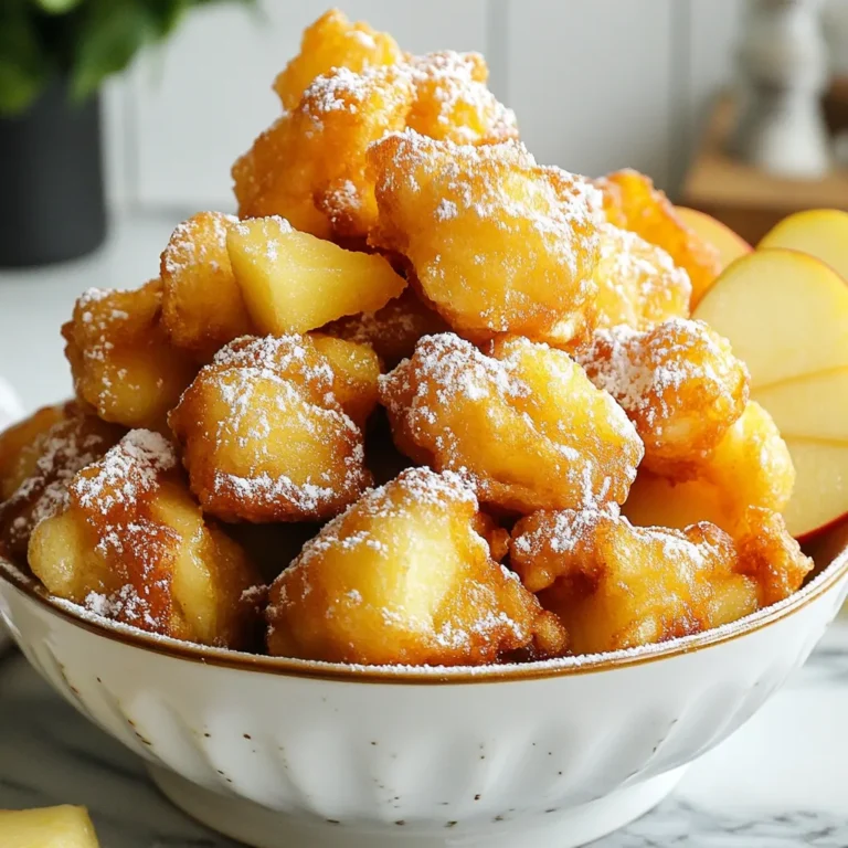 - 2 medium-sized apples (such as Honeycrisp or Fuji), peeled, cored, and diced - 1 cup all-purpose flour - 1/2 cup granulated sugar - 1 teaspoon baking powder - 1/2 teaspoon cinnamon - 1/4 teaspoon nutmeg - 1/4 teaspoon salt - 1/2 cup milk - 1 large egg - 1 teaspoon vanilla extract - Oil for frying - Powdered sugar for dusting You can swap the apples for pears or peaches. If you want a gluten-free option, use almond flour or a gluten-free blend. Instead of milk, try almond or soy milk for a dairy-free version. If you don’t have eggs, use a flax egg (1 tablespoon flaxseed meal + 2.5 tablespoons water, mixed and set for 5 minutes). - Choose firm apples like Honeycrisp for the best flavor and texture. - Allow the apples to sit with sugar for 10 minutes; this brings out their natural juices. - Don't overmix the batter; it should be lumpy for fluffy fritters. - Heat the oil to 350°F for crispy bites; too low will make them soggy. - Dust with powdered sugar right after frying for a sweet touch. {{ingredient_image_1}} Start by peeling, coring, and dicing two medium-sized apples. I love using Honeycrisp or Fuji apples for their sweet flavor. Next, place the diced apples in a bowl. Add one tablespoon of granulated sugar to the apples. This helps bring out their natural sweetness. Let the apples sit for about ten minutes. You will see some juices forming at the bottom of the bowl. This process is called maceration and it makes the apples even tastier. In a separate bowl, mix one cup of all-purpose flour, half a cup of granulated sugar, one teaspoon of baking powder, half a teaspoon of cinnamon, a quarter teaspoon of nutmeg, and a quarter teaspoon of salt. Whisk these dry ingredients well. In another bowl, combine half a cup of milk, one large egg, and one teaspoon of vanilla extract. Mix them until smooth. Now, slowly pour the wet mixture into the dry mixture. Stir gently until just combined. Be careful not to overmix. Gently fold in the macerated apples. This helps to spread the apple flavor throughout the batter. Heat about two inches of oil in a deep frying pan or pot over medium heat. Aim for a temperature of 350°F (175°C). You can check this with a thermometer. If you don’t have one, drop a small spoonful of batter in the oil. If it sizzles and rises, it’s ready. Use a tablespoon or small cookie scoop to drop spoonfuls of batter into the hot oil. Fry them in small batches so they don’t overcrowd. Cook for two to three minutes on each side. Look for a golden brown color and a crispy texture. After frying, place the fritters on a plate lined with paper towels to drain excess oil. Enjoy the sweet aroma as they cool. To get crispy fritter bites, start with hot oil. Heat the oil to 350°F (175°C) for the best results. Use a thermometer for accuracy. This temperature helps the batter cook quickly, sealing the outside. Avoid overcrowding the pot; fry in small batches. This keeps the oil hot. After frying, let them drain on paper towels. This step removes excess oil and keeps them crispy. One common mistake is overmixing the batter. Mix just until combined; lumps are okay. Overmixing makes the fritters tough. Another mistake is not letting the apples macerate long enough. This step brings out the sweetness. It also adds moisture to the batter. Lastly, don’t skip the dusting of powdered sugar. It adds sweetness and makes the fritters look great! You can easily change the flavors in your fritter bites. Add chopped nuts for a crunch, like walnuts or pecans. You can also mix in dried fruits, such as raisins or cranberries. For a fun twist, add a splash of caramel sauce on top. If you love spice, try using ginger or cardamom. Each variation brings a unique taste to your fritters! Pro Tips Choose the Right Apples: For the best flavor and texture, opt for apples that are firm and crisp, such as Honeycrisp or Fuji, which hold up well during frying. Don't Overmix the Batter: When combining wet and dry ingredients, mix just until combined to keep the fritters light and fluffy. Maintain Oil Temperature: Keeping the oil at the right temperature (350°F or 175°C) is crucial for achieving crispy fritters. Use a thermometer for accuracy. Serve Immediately: For the best taste and texture, serve the fritter bites warm right after frying. They can lose their crispiness if left to sit too long. {{image_2}} You can easily make gluten-free apple fritter bites. Just swap regular flour for gluten-free flour. Look for a blend that works well in baking. This will keep the bites crispy and tasty. Make sure to check that your baking powder is gluten-free as well. Your fritter bites will still be soft and delicious. To make vegan apple fritter bites, replace the egg with a flaxseed meal. Mix one tablespoon of flaxseed meal with two and a half tablespoons of water. Let it sit for a few minutes to thicken. Use almond milk or any plant-based milk in place of regular milk. These changes keep the fritters light and plant-based. You can get creative with add-ins and toppings for your fritter bites. Try mixing in nuts like walnuts or pecans for a crunch. Dried fruit, like raisins or cranberries, adds a sweet twist. For toppings, drizzle with caramel or chocolate sauce. You can also add a sprinkle of cinnamon sugar on top for extra flavor. To keep your apple fritter bites fresh, place them in an airtight container. Make sure they cool down first. Store them at room temperature for up to two days. If you want to keep them longer, put them in the fridge. They can last for about a week this way. When you're ready to enjoy leftover fritter bites, reheating is simple. Preheat your oven to 350°F (175°C). Place the fritter bites on a baking sheet. Bake for about 5-7 minutes, or until they feel warm and crispy again. Avoid using the microwave, as it can make them soggy. To freeze your fritter bites, let them cool completely first. Arrange them in a single layer on a baking sheet. Freeze them for about an hour. Once frozen, transfer them to a freezer bag or container. They can stay fresh for up to three months. To thaw, just leave them in the fridge overnight before reheating. You can bake apple fritter bites instead of frying. Preheat your oven to 400°F (200°C). Line a baking sheet with parchment paper. Use the same batter recipe. Instead of dropping the batter into hot oil, spoon it onto the prepared sheet. Bake for about 15-20 minutes or until golden brown. This method gives you a lighter, less oily treat. Yes, you can use different apples. Honeycrisp and Fuji are great choices. Other good options include Granny Smith for tartness or Gala for sweetness. Each type of apple adds its unique flavor. Just remember, firmer apples hold up better in the frying or baking process. Serve apple fritter bites warm for the best taste. Place them in a decorative bowl. You can add a light dusting of powdered sugar on top. Garnish with fresh apple slices or a scoop of vanilla ice cream for extra flair. This makes for a delightful snack or dessert that everyone will love! In this post, we explored how to create delicious apple fritter bites. We discussed key ingredients and offered alternatives to fit your needs. I provided step-by-step instructions for making the batter and frying safely. You learned tips for crispy results and common mistakes to avoid. I also shared options for gluten-free and vegan versions. Finally, we covered storage tips for leftovers. These fritters can be a tasty treat for any occasion. Enjoy experimenting and make them your own!