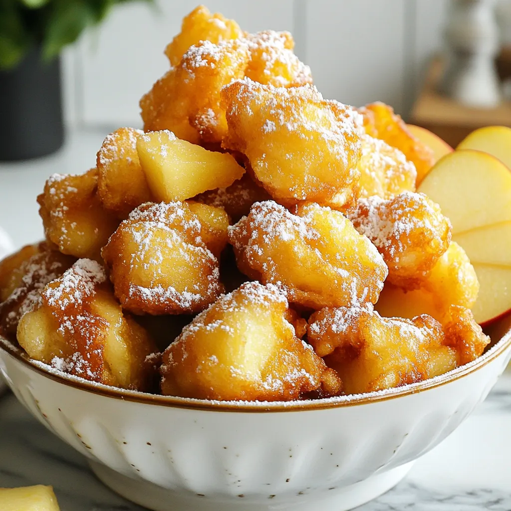- 2 medium-sized apples (such as Honeycrisp or Fuji), peeled, cored, and diced - 1 cup all-purpose flour - 1/2 cup granulated sugar - 1 teaspoon baking powder - 1/2 teaspoon cinnamon - 1/4 teaspoon nutmeg - 1/4 teaspoon salt - 1/2 cup milk - 1 large egg - 1 teaspoon vanilla extract - Oil for frying - Powdered sugar for dusting You can swap the apples for pears or peaches. If you want a gluten-free option, use almond flour or a gluten-free blend. Instead of milk, try almond or soy milk for a dairy-free version. If you don’t have eggs, use a flax egg (1 tablespoon flaxseed meal + 2.5 tablespoons water, mixed and set for 5 minutes). - Choose firm apples like Honeycrisp for the best flavor and texture. - Allow the apples to sit with sugar for 10 minutes; this brings out their natural juices. - Don't overmix the batter; it should be lumpy for fluffy fritters. - Heat the oil to 350°F for crispy bites; too low will make them soggy. - Dust with powdered sugar right after frying for a sweet touch. {{ingredient_image_1}} Start by peeling, coring, and dicing two medium-sized apples. I love using Honeycrisp or Fuji apples for their sweet flavor. Next, place the diced apples in a bowl. Add one tablespoon of granulated sugar to the apples. This helps bring out their natural sweetness. Let the apples sit for about ten minutes. You will see some juices forming at the bottom of the bowl. This process is called maceration and it makes the apples even tastier. In a separate bowl, mix one cup of all-purpose flour, half a cup of granulated sugar, one teaspoon of baking powder, half a teaspoon of cinnamon, a quarter teaspoon of nutmeg, and a quarter teaspoon of salt. Whisk these dry ingredients well. In another bowl, combine half a cup of milk, one large egg, and one teaspoon of vanilla extract. Mix them until smooth. Now, slowly pour the wet mixture into the dry mixture. Stir gently until just combined. Be careful not to overmix. Gently fold in the macerated apples. This helps to spread the apple flavor throughout the batter. Heat about two inches of oil in a deep frying pan or pot over medium heat. Aim for a temperature of 350°F (175°C). You can check this with a thermometer. If you don’t have one, drop a small spoonful of batter in the oil. If it sizzles and rises, it’s ready. Use a tablespoon or small cookie scoop to drop spoonfuls of batter into the hot oil. Fry them in small batches so they don’t overcrowd. Cook for two to three minutes on each side. Look for a golden brown color and a crispy texture. After frying, place the fritters on a plate lined with paper towels to drain excess oil. Enjoy the sweet aroma as they cool. To get crispy fritter bites, start with hot oil. Heat the oil to 350°F (175°C) for the best results. Use a thermometer for accuracy. This temperature helps the batter cook quickly, sealing the outside. Avoid overcrowding the pot; fry in small batches. This keeps the oil hot. After frying, let them drain on paper towels. This step removes excess oil and keeps them crispy. One common mistake is overmixing the batter. Mix just until combined; lumps are okay. Overmixing makes the fritters tough. Another mistake is not letting the apples macerate long enough. This step brings out the sweetness. It also adds moisture to the batter. Lastly, don’t skip the dusting of powdered sugar. It adds sweetness and makes the fritters look great! You can easily change the flavors in your fritter bites. Add chopped nuts for a crunch, like walnuts or pecans. You can also mix in dried fruits, such as raisins or cranberries. For a fun twist, add a splash of caramel sauce on top. If you love spice, try using ginger or cardamom. Each variation brings a unique taste to your fritters! Pro Tips Choose the Right Apples: For the best flavor and texture, opt for apples that are firm and crisp, such as Honeycrisp or Fuji, which hold up well during frying. Don't Overmix the Batter: When combining wet and dry ingredients, mix just until combined to keep the fritters light and fluffy. Maintain Oil Temperature: Keeping the oil at the right temperature (350°F or 175°C) is crucial for achieving crispy fritters. Use a thermometer for accuracy. Serve Immediately: For the best taste and texture, serve the fritter bites warm right after frying. They can lose their crispiness if left to sit too long. {{image_2}} You can easily make gluten-free apple fritter bites. Just swap regular flour for gluten-free flour. Look for a blend that works well in baking. This will keep the bites crispy and tasty. Make sure to check that your baking powder is gluten-free as well. Your fritter bites will still be soft and delicious. To make vegan apple fritter bites, replace the egg with a flaxseed meal. Mix one tablespoon of flaxseed meal with two and a half tablespoons of water. Let it sit for a few minutes to thicken. Use almond milk or any plant-based milk in place of regular milk. These changes keep the fritters light and plant-based. You can get creative with add-ins and toppings for your fritter bites. Try mixing in nuts like walnuts or pecans for a crunch. Dried fruit, like raisins or cranberries, adds a sweet twist. For toppings, drizzle with caramel or chocolate sauce. You can also add a sprinkle of cinnamon sugar on top for extra flavor. To keep your apple fritter bites fresh, place them in an airtight container. Make sure they cool down first. Store them at room temperature for up to two days. If you want to keep them longer, put them in the fridge. They can last for about a week this way. When you're ready to enjoy leftover fritter bites, reheating is simple. Preheat your oven to 350°F (175°C). Place the fritter bites on a baking sheet. Bake for about 5-7 minutes, or until they feel warm and crispy again. Avoid using the microwave, as it can make them soggy. To freeze your fritter bites, let them cool completely first. Arrange them in a single layer on a baking sheet. Freeze them for about an hour. Once frozen, transfer them to a freezer bag or container. They can stay fresh for up to three months. To thaw, just leave them in the fridge overnight before reheating. You can bake apple fritter bites instead of frying. Preheat your oven to 400°F (200°C). Line a baking sheet with parchment paper. Use the same batter recipe. Instead of dropping the batter into hot oil, spoon it onto the prepared sheet. Bake for about 15-20 minutes or until golden brown. This method gives you a lighter, less oily treat. Yes, you can use different apples. Honeycrisp and Fuji are great choices. Other good options include Granny Smith for tartness or Gala for sweetness. Each type of apple adds its unique flavor. Just remember, firmer apples hold up better in the frying or baking process. Serve apple fritter bites warm for the best taste. Place them in a decorative bowl. You can add a light dusting of powdered sugar on top. Garnish with fresh apple slices or a scoop of vanilla ice cream for extra flair. This makes for a delightful snack or dessert that everyone will love! In this post, we explored how to create delicious apple fritter bites. We discussed key ingredients and offered alternatives to fit your needs. I provided step-by-step instructions for making the batter and frying safely. You learned tips for crispy results and common mistakes to avoid. I also shared options for gluten-free and vegan versions. Finally, we covered storage tips for leftovers. These fritters can be a tasty treat for any occasion. Enjoy experimenting and make them your own!