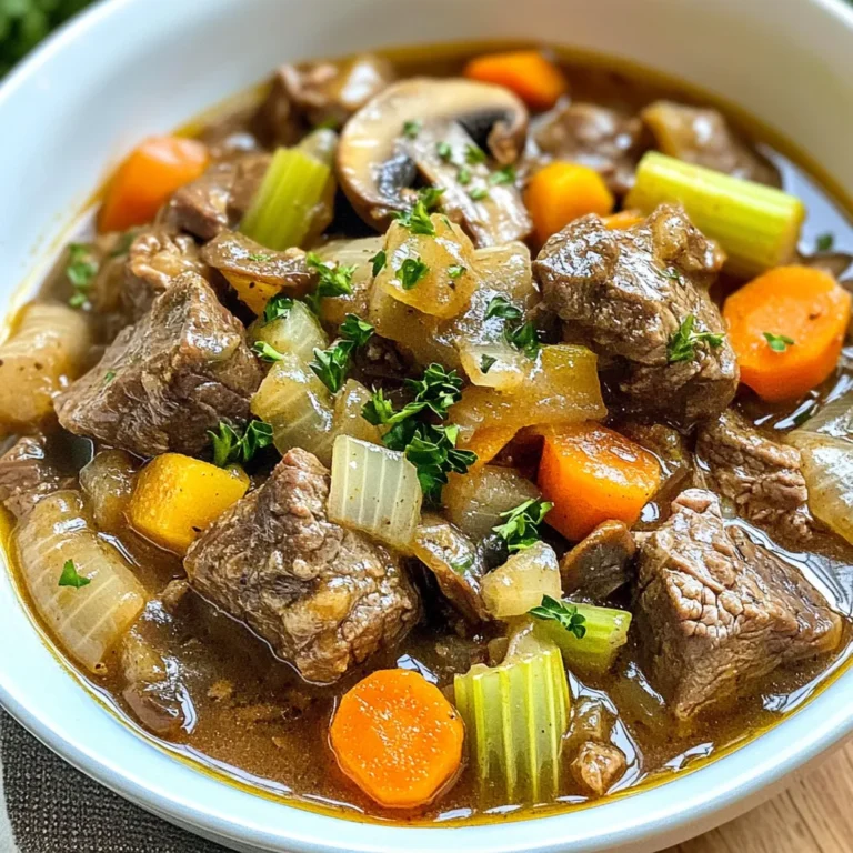 - Beef and mushroom specifics - 2 pounds beef chuck, cut into 1-inch cubes - 8 ounces cremini mushrooms, sliced - Vegetables and aromatics - 1 large onion, diced - 3 cloves garlic, minced - 4 carrots, chopped - 2 stalks celery, chopped - Liquids and seasonings - 4 cups beef broth (low sodium) - 1 tablespoon tomato paste - 2 teaspoons dried thyme - 1 teaspoon paprika - 1 bay leaf - 2 tablespoons olive oil - Salt and pepper to taste - 2 tablespoons fresh parsley, chopped (for garnish) When I create this savory beef and mushroom stew, I focus on quality. Using fresh ingredients makes a big difference. The beef chuck gives the stew a rich flavor. I love cremini mushrooms for their earthiness. They add depth to each bite. For vegetables, I choose a classic mix. The onion and garlic provide a strong base. Carrots and celery add sweetness and crunch. This mix makes the stew colorful and tasty. Next, I add liquids and seasonings. Low-sodium beef broth keeps it hearty without excess salt. Tomato paste adds a hint of sweetness and richness. Thyme and paprika round out the dish with warmth. Finally, a bay leaf brings fragrant notes. Remember to season with salt and pepper to taste. Fresh parsley is the perfect garnish. It adds a pop of color and freshness to the dish. This blend of ingredients creates a stew that warms the soul. {{ingredient_image_1}} Browning the beef First, heat 2 tablespoons of olive oil in a large Dutch oven over medium-high heat. Cut 2 pounds of beef chuck into 1-inch cubes. Season the beef with salt and pepper. Add the beef in batches to the pot. Brown the meat on all sides. Once browned, remove the beef and set it aside. Sautéing the vegetables In the same pot, add 1 large diced onion, 4 chopped carrots, and 2 chopped stalks of celery. Sauté for about 5 minutes until softened. Stir in 3 minced garlic cloves and 8 ounces of sliced cremini mushrooms. Cook for another 3-4 minutes until the mushrooms are tender. Combining and simmering Add 1 tablespoon of tomato paste, 2 teaspoons of dried thyme, and 1 teaspoon of paprika. Mix well to coat the vegetables. Return the browned beef to the pot and pour in 4 cups of low-sodium beef broth. Stir everything to combine. Bring the stew to a boil, then reduce the heat to low. Cover and let it simmer for 1.5 to 2 hours. Stir occasionally until the beef is tender. Adjust with salt and pepper to taste. Preparing the ingredients Start by browning the beef as before. After browning, transfer the beef to a slow cooker. Sauté the vegetables in the same way and add them to the slow cooker. Cooking settings and times Pour in the beef broth and add all the spices. Cover the slow cooker. Set it on low for 6 to 8 hours, or high for 3 to 4 hours. Final adjustments Once cooked, taste the stew and adjust seasoning. You may remove the bay leaf before serving. Initial sauté function Use the sauté function on the Instant Pot. Add olive oil and brown the beef as before. Remove the beef and sauté the vegetables in the pot. Cooking pressure and time Return the beef to the pot. Pour in the broth and add all seasonings. Close the lid and seal the vent. Set the pressure to high for 35 minutes. Quick release tips Once the time is up, perform a quick release of pressure. Carefully open the lid. Check the seasoning and adjust if needed. To make beef and mushroom stew shine, focus on spices and herbs. Use dried thyme, paprika, and bay leaves for depth. Fresh parsley adds a bright touch at the end. You can also add a splash of red wine or a dash of Worcestershire sauce for extra flavor. For tenderness, browning the beef is key. Heat olive oil in your pot. Brown the beef in batches, ensuring even color. This step builds flavor. After browning, sauté your vegetables in the same pot. The leftover bits from the beef add richness to your stew. Pair your stew with crusty bread or fluffy mashed potatoes. These sides soak up the tasty broth, making each bite delightful. You can also serve it with a fresh salad for a lighter side. This stew works well for cozy dinners or gatherings. It’s perfect for chilly days or special occasions. Serve it at family meals or when hosting friends. Everyone loves a warm, hearty dish! To thicken your stew, you can mix a bit of cornstarch with cold water. Stir it in about 10 minutes before serving. This gives the stew a nice, rich texture. If you want a heartier dish, reduce the liquid. Let it simmer longer with the lid off. This way, the broth thickens and the flavors deepen. Adjust until it meets your preference! Pro Tips Choose the Right Cut: For the best flavor and tenderness, use beef chuck, which breaks down beautifully during long cooking times. Don’t Rush the Browning: Take your time to brown the beef properly. This adds depth of flavor to the stew. Adjust Seasoning Later: Wait until the end to adjust the seasoning. The flavors will concentrate as the stew simmers. Make It Ahead: This stew tastes even better the next day! Make it ahead and let the flavors meld overnight in the fridge. {{image_2}} You can swap the beef with other meats. Try using chicken or pork. They bring different flavors but still taste great. You can also use ground meat for a new twist. For those who prefer plant-based meals, consider using mushrooms or lentils. These choices are hearty and filling. To change the taste, add red wine or beer. This gives depth to the stew. You can also add more vegetables. Try bell peppers, zucchini, or even potatoes. Each will add a unique flavor and texture to your dish. If you need a gluten-free stew, use gluten-free broth. This keeps the dish safe for those with gluten allergies. To lower sodium, use low-sodium broth and skip added salt. You can still enjoy a tasty stew without the extra sodium. To keep your beef and mushroom stew fresh, cool it quickly. After cooking, let it sit for no more than two hours at room temperature. Transfer it to an airtight container. Glass or plastic containers work well. Leave some space at the top for expansion. Store the stew in the fridge for up to three days. You can freeze beef and mushroom stew for later. Let it cool completely before freezing. Use freezer-safe containers or heavy-duty freezer bags. Remove as much air as you can to prevent freezer burn. This stew can last for up to three months in the freezer. When you’re ready to eat, thaw it overnight in the fridge. To reheat, warm it on the stove over low heat until hot. Stir often to avoid sticking. In the fridge, your stew is good for three days. If frozen properly, it lasts up to three months. Check for signs of spoilage before eating. Look for off smells, changes in color, or mold. If you see any of these, it’s best to throw it away. Always prioritize safety when it comes to food! Yes, you can make this stew ahead of time. Preparing it in advance saves you time on busy days. When you let the stew sit, the flavors blend well. This makes each bite even tastier. You can cook it a day or two before serving. Just heat it up when you are ready to eat. This stew lasts about three to four days in the fridge. To keep it fresh, store it in an airtight container. Make sure it cools first before you put it in the fridge. If you see any signs of mold or bad smell, it's best to throw it away. Yes, you can use dried mushrooms. They have a strong flavor, so soak them in warm water first. This helps them rehydrate and soften. You may need to adjust the amount, as dried mushrooms are more potent. Use about half the amount of dried mushrooms as fresh. Making a tasty beef and mushroom stew is easy with the right steps and tips. We covered essential ingredients, the best cooking methods, and simple ways to enhance flavors. You can explore variations to suit your taste and dietary needs. Proper storage keeps your stew fresh for longer. Remember, experimenting with ingredients helps make each stew unique. Try different methods and flavors to find your favorite! Enjoy your cooking adventure, and share your favorite recipes with others!