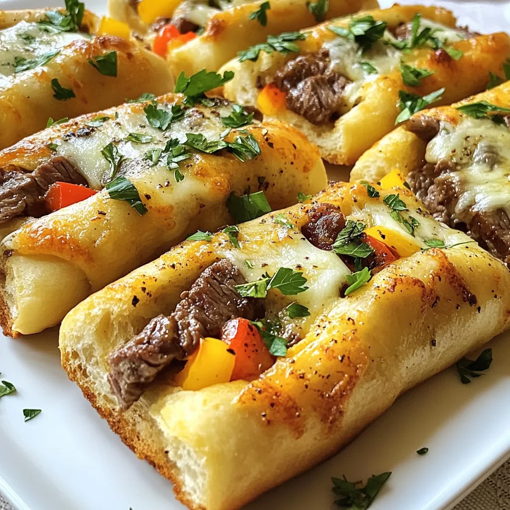 To make Philly Cheesesteak Breadsticks, gather these simple ingredients: - 1 package of refrigerated pizza dough - 1 cup thinly sliced ribeye steak (or grilled chicken for variation) - 1 cup bell peppers, diced (mix of red and green) - 1 small onion, finely sliced - 1 cup provolone cheese, shredded - 1/2 cup cream cheese, softened - 2 tablespoons olive oil - 1 teaspoon garlic powder - Salt and pepper to taste - Fresh parsley, chopped (for garnish) When choosing ingredients, I recommend using the following brands for best results: - Pizza Dough: Pillsbury or Trader Joe’s for easy and tasty dough. - Ribeye Steak: Look for high-quality, fresh ribeye from your local butcher. If you prefer chicken, use rotisserie chicken for a quicker option. - Provolone Cheese: Boar's Head or Kraft for rich flavor. - Cream Cheese: Philadelphia Cream Cheese is the classic choice. - Bell Peppers and Onion: Fresh produce from your local farmers market will have the best taste. For a healthier option, try using turkey or tofu as a meat substitute. Understanding the nutrition can help you enjoy these breadsticks guilt-free. Each serving (about 2 breadsticks) contains: - Calories: 320 - Protein: 18g - Carbohydrates: 30g - Fat: 15g - Fiber: 1g - Sodium: 600mg These breadsticks give you a delicious way to enjoy flavors without overdoing it. They pack a punch of flavor while still being a fun snack or meal! {{ingredient_image_1}} First, gather all your ingredients. You will need: - 1 package of refrigerated pizza dough - 1 cup thinly sliced ribeye steak (or grilled chicken for variation) - 1 cup bell peppers, diced (mix of red and green) - 1 small onion, finely sliced - 1 cup provolone cheese, shredded - 1/2 cup cream cheese, softened - 2 tablespoons olive oil - 1 teaspoon garlic powder - Salt and pepper to taste - Fresh parsley, chopped (for garnish) Start by preheating your oven to 400°F (200°C). Line a baking sheet with parchment paper. This makes cleaning easy later. Next, heat olive oil in a skillet over medium heat. Add the sliced ribeye steak, diced bell peppers, and onion. Cook them until the meat is brown and the veggies are soft, about 5 to 7 minutes. Add salt, pepper, and garlic powder for flavor. Once done, take it off the heat and let it cool for a few minutes. Now, roll out the pizza dough on a floured surface. Aim for a rectangle about 1/4 inch thick. Spread the softened cream cheese evenly over the dough. Leave a small border around the edges to hold in the filling. Next, take your cooled steak and veggie mix and spread it evenly on top of the cream cheese. Then, sprinkle the shredded provolone cheese over the filling. Starting from one edge, carefully roll the dough into a log shape. Pinch the edges to seal them tightly. Cut the rolled dough into 1-inch wide strips. Place these strips on the baking sheet with the cut side facing up. Bake in the preheated oven for 15 to 20 minutes. You want them golden brown and the cheese melted. To get the best breadsticks, here are some tips: - Make sure your skillet is hot enough. This helps the meat and veggies cook well. - Use a mix of colorful bell peppers for a nice look and taste. - Don’t skip the cream cheese; it adds great flavor and creaminess. - Pinch the edges well to keep the filling inside while baking. - Keep an eye on the breadsticks in the last few minutes. You want them golden, not burnt! Follow these steps, and you will have tasty Philly cheesesteak breadsticks that everyone will love! After you enjoy your Philly Cheesesteak Breadsticks, store any leftovers in an airtight container. Keep them in the fridge for up to three days. For longer storage, wrap them tightly in foil or plastic wrap and freeze. They can last up to three months in the freezer. When you’re ready to eat, thaw them overnight in the fridge. Dipping sauces can take your breadsticks to the next level. Here are some great options: - Marinara Sauce: This classic pairs well with the cheesy flavor. - Ranch Dressing: The coolness of ranch adds a nice contrast. - Cheese Sauce: Drizzle warm cheese sauce for extra indulgence. - Spicy Mayo: Mix mayonnaise with sriracha for a kick. To make perfect breadsticks, watch out for these common errors: - Overcooking the Filling: Don’t let the meat or veggies get too soft. They need some crunch. - Rolling the Dough Too Thin: If it’s too thin, the filling may spill out. Aim for about 1/4 inch. - Not Sealing Properly: Pinch the edges well to keep the filling inside. - Skipping the Cooling Time: Let the breadsticks cool a bit before serving. This helps the cheese set. Pro Tips Choose the Right Meat: For the most authentic Philly cheesesteak flavor, opt for thinly sliced ribeye steak. If you prefer a lighter version, grilled chicken works well too. Time Your Vegetables: Sauté the bell peppers and onions until they are just tender. This ensures they maintain some crunch and complement the soft breadsticks perfectly. Don't Overstuff: While it's tempting to add more filling, be careful not to overstuff the breadsticks. This will help them roll neatly and bake evenly without spilling out. Experiment with Cheeses: Provolone is traditional, but you can mix in or substitute other cheeses like mozzarella or cheddar for a unique flavor twist. {{image_2}} You can make a tasty vegetarian version of these breadsticks. Swap the ribeye steak for sautéed mushrooms. Use a mix of fresh veggies like zucchini, spinach, and carrots. Add a good pinch of salt and pepper for flavor. This way, you keep that yummy, savory taste without the meat. While provolone cheese is great, you can try different cheeses too. Mozzarella adds a stretchy, gooey texture. Cheddar gives a sharp bite. For a fun kick, use pepper jack cheese. Mix and match to find your favorite cheese blend. Each choice adds a unique flavor to your breadsticks. If you like heat, add some spice! Mix diced jalapeños into your filling. A sprinkle of crushed red pepper flakes adds warmth without overpowering the dish. You can also use a spicy cheese, like pepper jack. These twists make the breadsticks exciting and full of flavor. Philly cheesesteak breadsticks make a great start for any meal. Serve them warm with a side of marinara sauce for dipping. You can also offer a spicy ranch sauce for those who like a kick. These breadsticks are fun finger food. Guests will love to grab and dip. Pair these breadsticks with a simple salad. A fresh garden salad will balance the rich flavors. You can also serve them alongside potato wedges or sweet potato fries. For drinks, a light beer or soda works well. These options keep the meal relaxed and enjoyable. These breadsticks shine at casual gatherings. They are perfect for game day or movie night. You can also serve them at birthday parties or family dinners. They are easy to make and share, making them a hit. Any event where you want tasty food will work well for Philly cheesesteak breadsticks. Yes, you can use other meats. Grilled chicken works well. You can also try turkey. Just slice the meat thinly, like the ribeye. The flavors will still shine through with your choice. Reheating is easy! Preheat your oven to 350°F (175°C). Place the breadsticks on a baking sheet. Heat them for about 10-12 minutes. This keeps them crispy. You can also use a microwave, but they may get soft. Yes, you can freeze them. After baking, let them cool completely. Wrap each one in plastic wrap. Place them in a freezer bag. They can last up to three months. To eat, just thaw and reheat! This guide covers everything you need for perfect Philly cheesesteak breadsticks. You learned about the best ingredients, and brands, and the nutritional facts. The step-by-step process helps you prep, assemble, and bake simply. Plus, useful tips show how to store leftovers and avoid common mistakes. Explore tasty variations, and pairing suggestions for any occasion. Enjoy your homemade breadsticks with confidence and creativity. You now have the tools to impress your friends and family with these delicious treats. Happy baking!