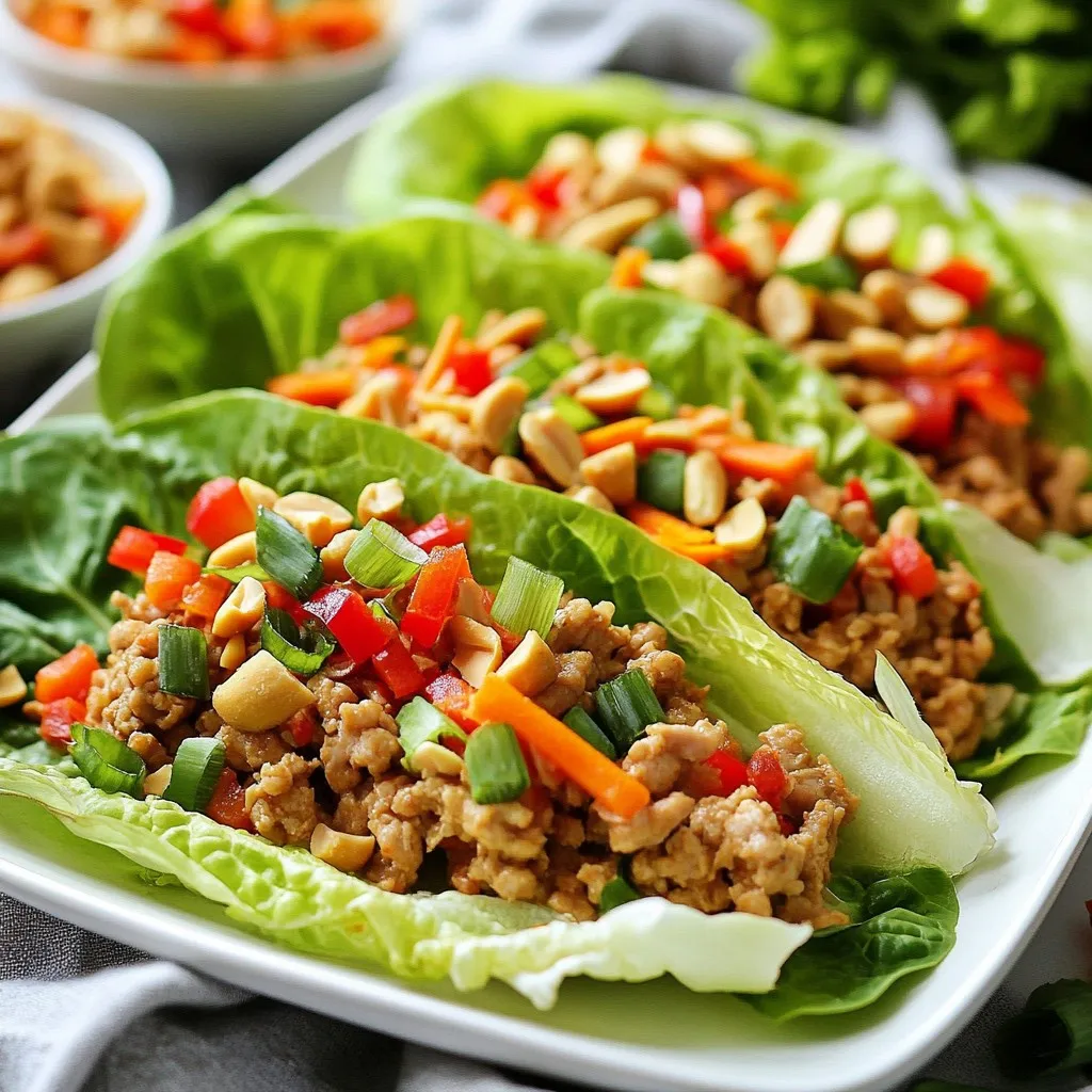 To make Thai Peanut Chicken Lettuce Wraps, gather these simple ingredients: - 1 lb ground chicken - 1 tablespoon sesame oil - 2 tablespoons fresh ginger, minced - 3 cloves garlic, minced - 1 red bell pepper, diced - 1 cup shredded carrots - ¼ cup green onions, chopped - ½ cup roasted peanuts, chopped - 3 tablespoons soy sauce (or tamari for gluten-free) - 2 tablespoons peanut butter - 1 tablespoon lime juice - 1 teaspoon sriracha (adjust for spice level) - 1 head of butter lettuce or iceberg lettuce, leaves separated You can easily swap some ingredients to fit your taste. If you don’t have ground chicken, try ground turkey or beef. For a vegetarian option, use cooked lentils or mushrooms. If you can’t find sesame oil, regular vegetable oil works well too. You can also replace soy sauce with coconut aminos for a soy-free option. If you want less spice, skip the sriracha or use a milder sauce. These wraps are not only tasty but also healthy. Each serving has about: - Calories: 350 - Protein: 24g - Carbs: 20g - Fat: 20g - Fiber: 3g These wraps offer a nice mix of protein, healthy fats, and fresh veggies. Enjoy them as a light meal or a fun appetizer! {{ingredient_image_1}} First, gather all your ingredients. You need ground chicken, sesame oil, ginger, garlic, red bell pepper, shredded carrots, green onions, roasted peanuts, soy sauce, peanut butter, lime juice, and sriracha. Measure out each item to save time later. Next, separate the leaves of the butter or iceberg lettuce. These will hold your filling. Keep the leaves whole for easy wrapping. Heat the sesame oil in a large skillet over medium heat. Once hot, add the ground chicken. Cook it for about 5 to 7 minutes. Stir the chicken well to break it apart. It should turn brown and cook through completely. Now, add minced ginger, garlic, diced red bell pepper, and shredded carrots to the pan. Stir everything together. Cook for another 3 to 4 minutes until the veggies soften. This adds great flavor and color to your dish. In a small bowl, whisk together soy sauce, peanut butter, lime juice, and sriracha. Mix until smooth. Pour this sauce over the chicken and veggies in the skillet. Stir well and heat through for about 2 minutes. Finally, remove the skillet from the heat. Stir in chopped green onions and roasted peanuts. This gives your filling a nice crunch and fresh taste. Now, it’s time to build your wraps! Take a lettuce leaf and spoon some of the chicken mixture into the center. Wrap the leaf around the filling, just like a taco. Arrange the filled lettuce wraps on a platter. For extra flair, sprinkle more chopped peanuts and green onions on top. Serve with lime wedges on the side for a zesty kick. Enjoy your tasty Thai Peanut Chicken Lettuce Wraps! To boost the flavor of your Thai peanut chicken, add fresh herbs. Try cilantro or mint for a bright taste. You can also squeeze extra lime juice for more zing. If you like spice, add more sriracha or some chopped chili peppers. Each of these options will make the dish pop with flavor. When cooking ground chicken, keep an eye on the heat. Too high, and it may dry out. Cook over medium heat for best results. Use a wooden spoon to break up the meat. This helps it cook evenly. Always check that the chicken is fully browned. This ensures it is safe to eat. Serve your lettuce wraps on a big platter. This makes it easy for everyone to grab their own. Add extra toppings like chopped peanuts and green onions on the side. Lime wedges can also add a fresh touch. For a fun twist, serve with a side of rice or noodles. This makes a nice meal for family or friends. Pro Tips Fresh Ingredients: Use fresh ginger and garlic for the best flavor. They add a vibrant kick that enhances the dish significantly. Adjusting Spice Levels: If you prefer milder flavors, reduce the amount of sriracha or omit it altogether. You can always add more later if needed. Peanut Butter Consistency: Choose a creamy peanut butter for a smoother sauce. If using natural peanut butter, stir well before measuring to ensure even consistency. Serving Suggestions: Serve with lime wedges and additional chopped peanuts for extra crunch and flavor. This adds a nice finishing touch to your wraps! {{image_2}} You can easily make Thai peanut chicken lettuce wraps vegetarian or vegan. Replace the ground chicken with textured vegetable protein (TVP) or finely chopped mushrooms. Both options give a nice texture. Use soy sauce or tamari for the sauce to keep it plant-based. If you want to try different proteins, ground turkey or beef work well too. For a seafood twist, use shrimp or crab meat. Just cook them until done, then mix with the veggies and sauce. These swaps keep the dish fun and fresh. The sauce is key to great flavor. You can adjust it to fit your taste. Want it sweeter? Add more peanut butter or a splash of honey. For spice, increase the sriracha or add red pepper flakes. You can also swap lime juice for lemon juice for a different zing. Experiment to find your perfect blend! After enjoying your Thai Peanut Chicken Lettuce Wraps, you might have some leftovers. Store the chicken mixture in an airtight container in the fridge. It stays fresh for about 3 days. Keep the lettuce leaves separate to maintain their crunch. You want to enjoy them crispy! When it's time to eat your leftovers, you can easily reheat the chicken mixture. Place it in a skillet over medium heat. Stir often until it's hot, which should take about 5 minutes. Avoid microwaving, as it can make the chicken rubbery. Serve it again in fresh lettuce leaves for a great meal. Freezing is a great option if you want to save your Thai Peanut Chicken mix for later. Allow it to cool completely. Then, place it in a freezer-safe bag or container. Make sure to remove as much air as possible. You can freeze it for up to 3 months. When ready to eat, thaw it in the fridge overnight before reheating. Thai Peanut Chicken Lettuce Wraps are a fun and tasty meal. They use ground chicken cooked with fresh veggies. The dish gets its rich taste from a peanut sauce. You wrap the chicken mix in lettuce leaves, like a taco. This meal is light and packed with flavor. Yes, you can make these wraps ahead of time. Cook the chicken and veggies, then store them in the fridge. Keep the lettuce leaves separate until you're ready to eat. This way, the lettuce stays crisp. You can enjoy fresh wraps in just a few minutes. To make Thai Peanut Chicken Lettuce Wraps gluten-free, use tamari instead of soy sauce. Tamari is a gluten-free soy sauce. Always check labels on your peanut butter too. Most brands are gluten-free, but it's best to be sure. Enjoy your wraps without worry! In this blog post, we covered everything about Thai Peanut Chicken Lettuce Wraps. We started with key ingredients and substitutions. You learned how to prepare and cook ground chicken perfectly. Then, I shared tips to boost flavor and serving ideas. We explored variations for vegan or vegetarian diets. Lastly, we discussed storage methods and answered common questions. These wraps are tasty, healthy, and fun to make. Enjoy creating them for your next meal!