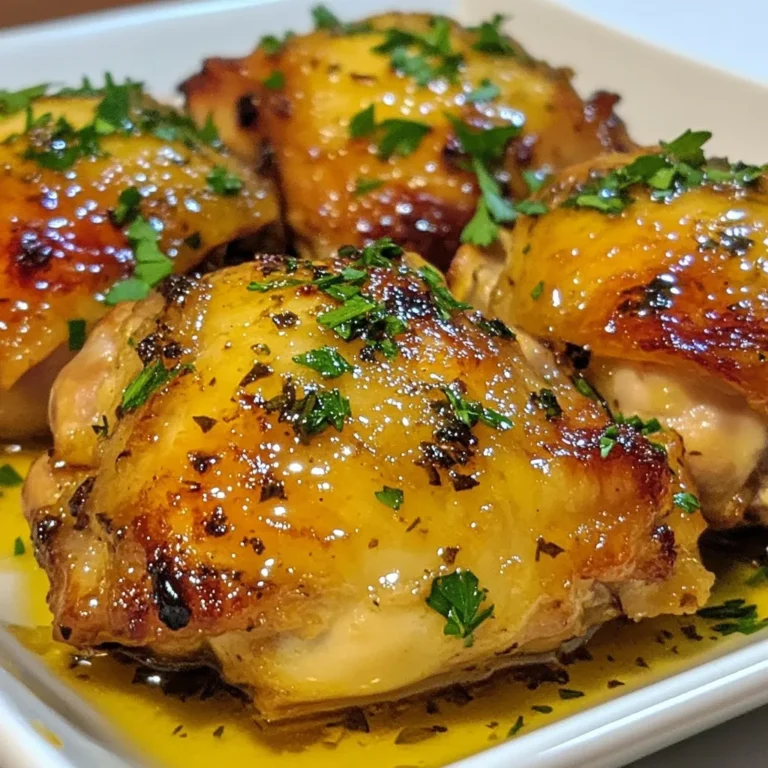 - 4 bone-in, skin-on chicken thighs: These thighs stay juicy and tender when cooked. The skin crisps up well, adding great flavor. - 1/4 cup honey: Honey adds sweetness and helps caramelize the chicken. It gives a nice glaze when cooked. - 1/4 cup Dijon mustard: Dijon brings a tangy kick. It balances the sweetness of honey and adds depth to the flavor. - 2 tablespoons olive oil: Olive oil keeps the chicken moist. It helps the marinade stick to the meat. - 3 cloves garlic, minced: Garlic adds a bold flavor that pairs well with honey and mustard. It makes the dish more aromatic. - 1 teaspoon dried thyme: Thyme adds a subtle earthiness. It enhances the overall taste with its fresh notes. - 1 teaspoon salt: Salt brings out the flavors in all the ingredients. It is key for seasoning the chicken. - 1/2 teaspoon black pepper: Black pepper adds a bit of heat. It rounds out the flavors without overpowering the dish. - Fresh parsley, chopped (for garnish): Parsley adds a pop of color and freshness. It makes the dish look appealing when served. {{ingredient_image_1}} - First, pat the chicken thighs dry with paper towels. This helps the skin get crispy. - Next, mix the honey, Dijon mustard, olive oil, minced garlic, thyme, salt, and black pepper in a bowl. Whisk it all together until smooth. - Pour this honey mustard marinade over the chicken thighs. Make sure they are coated well. If you have time, let them marinate for 30 minutes. This adds a lot of flavor. - Preheat your oven to 400°F (200°C). This high heat helps brown the chicken. - Place the baking dish in the oven and cook for 35-40 minutes. - Use a meat thermometer to check the chicken’s internal temperature. It should reach 165°F (75°C). This ensures the chicken is safe to eat. - To achieve crispy skin, don’t cover the chicken while baking. This keeps moisture out. - Honey mustard chicken thighs pair well with roasted vegetables or mashed potatoes. - For presentation, place chicken on a platter and sprinkle chopped parsley on top. This adds a nice color. - Serve with a side salad for a fresh touch. Enjoy your meal! To boost the taste of honey mustard chicken thighs, consider a few swaps. You can use maple syrup or agave instead of honey. If you want a different zing, try whole grain mustard instead of Dijon. You can also add a splash of apple cider vinegar for extra tang. For the best flavor, let your chicken marinate for 30 minutes. If you have more time, let it sit for up to two hours. The longer you let it marinate, the deeper the flavors will sink in. You don’t have to bake the chicken. You can grill or pan-fry it instead. Grilling gives a nice smoky flavor. Just be careful with the heat to avoid burning. Frying keeps the chicken juicy and crispy. To ensure juicy chicken thighs, do not overcook them. Use a meat thermometer to check for doneness. The internal temperature should reach 165°F (75°C). Let the chicken rest for five minutes after cooking. This step keeps the juices inside, making each bite tender. Pro Tips Marinate for Maximum Flavor: Allow the chicken to marinate for at least 30 minutes, or even up to overnight. This will enhance the flavor and tenderness of the meat. Use a Meat Thermometer: To ensure perfectly cooked chicken, use a meat thermometer to check that the internal temperature reaches 165°F (75°C). Get Crispy Skin: For extra crispy skin, broil the chicken for the last 2-3 minutes of cooking. Keep a close eye to prevent burning. Serve with Sides: Pair the honey mustard chicken thighs with roasted vegetables or a fresh salad to create a well-rounded meal. {{image_2}} You can switch up the sweetener in this recipe. If you want a different taste, try using maple syrup or agave instead of honey. Both add a nice touch. You can also use bone-in chicken thighs or boneless ones. Boneless thighs cook faster. If you prefer lean meat, chicken breasts work well too. Just adjust the cooking time to keep them juicy. Add spices or herbs to the honey mustard mix for extra taste. For example, try paprika for a smoky kick or rosemary for a fresh note. You can also mix in fruits or vegetables. Chopped apples or pear slices can add sweetness. Toss in some green beans or carrots for color and crunch. These additions make the dish even better. To keep your honey mustard chicken thighs fresh, let them cool first. Place them in a shallow dish. This helps the chicken cool down faster. Use airtight containers for better storage. Glass containers work well, but plastic ones are fine too. Make sure the chicken is sealed tight to avoid air. Store the chicken in the fridge for up to 3 days. If you want to keep it longer, consider freezing it. When reheating, I recommend using the oven. Preheat the oven to 350°F (175°C). Place the chicken on a baking tray. Cover it with foil to keep it moist. Heat for about 15-20 minutes. If you prefer, you can use a microwave. Put the chicken on a microwave-safe plate. Cover it with a damp paper towel. Heat it in short bursts to retain moisture. Always check that the chicken is hot throughout. This keeps the flavor and texture just right. How can I make honey mustard chicken thighs ahead of time? You can prepare the chicken thighs a day before. Mix the marinade and coat the chicken. Place it in the fridge. This allows the flavors to soak in. Cook the next day as instructed. Can I use skinless chicken thighs for this recipe? Yes, you can use skinless chicken thighs. The dish will still taste great. However, skin-on thighs give a crispier texture and richer flavor. What to do if I don’t have Dijon mustard? If you lack Dijon mustard, use yellow mustard instead. It may taste a bit different but will still work. You could also try honey and whole grain mustard for a fun twist. How can I tell if chicken thighs are fully cooked? Check the internal temperature with a meat thermometer. It should reach 165°F (75°C) for safe eating. The juices should run clear when you cut into the meat. In summary, we explored how to use chicken thighs and honey mustard for a delicious dish. We discussed the ingredients, preparation, and cooking steps. I shared tips for enhancing flavor and offered storage advice. Remember, you can customize this recipe with various ingredients for your taste. Try different cooking methods or side dishes for a fun twist. Enjoy your cooking and the tasty results that follow!