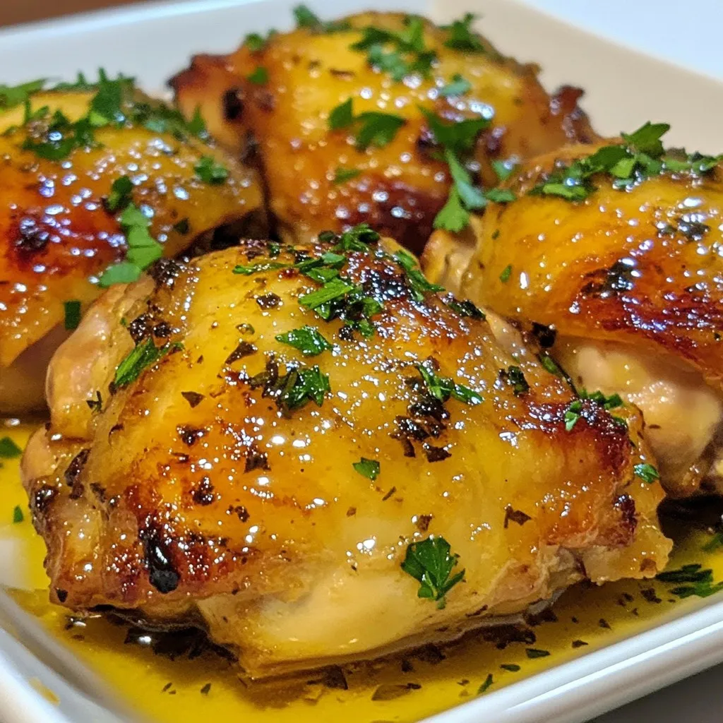 - 4 bone-in, skin-on chicken thighs: These thighs stay juicy and tender when cooked. The skin crisps up well, adding great flavor. - 1/4 cup honey: Honey adds sweetness and helps caramelize the chicken. It gives a nice glaze when cooked. - 1/4 cup Dijon mustard: Dijon brings a tangy kick. It balances the sweetness of honey and adds depth to the flavor. - 2 tablespoons olive oil: Olive oil keeps the chicken moist. It helps the marinade stick to the meat. - 3 cloves garlic, minced: Garlic adds a bold flavor that pairs well with honey and mustard. It makes the dish more aromatic. - 1 teaspoon dried thyme: Thyme adds a subtle earthiness. It enhances the overall taste with its fresh notes. - 1 teaspoon salt: Salt brings out the flavors in all the ingredients. It is key for seasoning the chicken. - 1/2 teaspoon black pepper: Black pepper adds a bit of heat. It rounds out the flavors without overpowering the dish. - Fresh parsley, chopped (for garnish): Parsley adds a pop of color and freshness. It makes the dish look appealing when served. {{ingredient_image_1}} - First, pat the chicken thighs dry with paper towels. This helps the skin get crispy. - Next, mix the honey, Dijon mustard, olive oil, minced garlic, thyme, salt, and black pepper in a bowl. Whisk it all together until smooth. - Pour this honey mustard marinade over the chicken thighs. Make sure they are coated well. If you have time, let them marinate for 30 minutes. This adds a lot of flavor. - Preheat your oven to 400°F (200°C). This high heat helps brown the chicken. - Place the baking dish in the oven and cook for 35-40 minutes. - Use a meat thermometer to check the chicken’s internal temperature. It should reach 165°F (75°C). This ensures the chicken is safe to eat. - To achieve crispy skin, don’t cover the chicken while baking. This keeps moisture out. - Honey mustard chicken thighs pair well with roasted vegetables or mashed potatoes. - For presentation, place chicken on a platter and sprinkle chopped parsley on top. This adds a nice color. - Serve with a side salad for a fresh touch. Enjoy your meal! To boost the taste of honey mustard chicken thighs, consider a few swaps. You can use maple syrup or agave instead of honey. If you want a different zing, try whole grain mustard instead of Dijon. You can also add a splash of apple cider vinegar for extra tang. For the best flavor, let your chicken marinate for 30 minutes. If you have more time, let it sit for up to two hours. The longer you let it marinate, the deeper the flavors will sink in. You don’t have to bake the chicken. You can grill or pan-fry it instead. Grilling gives a nice smoky flavor. Just be careful with the heat to avoid burning. Frying keeps the chicken juicy and crispy. To ensure juicy chicken thighs, do not overcook them. Use a meat thermometer to check for doneness. The internal temperature should reach 165°F (75°C). Let the chicken rest for five minutes after cooking. This step keeps the juices inside, making each bite tender. Pro Tips Marinate for Maximum Flavor: Allow the chicken to marinate for at least 30 minutes, or even up to overnight. This will enhance the flavor and tenderness of the meat. Use a Meat Thermometer: To ensure perfectly cooked chicken, use a meat thermometer to check that the internal temperature reaches 165°F (75°C). Get Crispy Skin: For extra crispy skin, broil the chicken for the last 2-3 minutes of cooking. Keep a close eye to prevent burning. Serve with Sides: Pair the honey mustard chicken thighs with roasted vegetables or a fresh salad to create a well-rounded meal. {{image_2}} You can switch up the sweetener in this recipe. If you want a different taste, try using maple syrup or agave instead of honey. Both add a nice touch. You can also use bone-in chicken thighs or boneless ones. Boneless thighs cook faster. If you prefer lean meat, chicken breasts work well too. Just adjust the cooking time to keep them juicy. Add spices or herbs to the honey mustard mix for extra taste. For example, try paprika for a smoky kick or rosemary for a fresh note. You can also mix in fruits or vegetables. Chopped apples or pear slices can add sweetness. Toss in some green beans or carrots for color and crunch. These additions make the dish even better. To keep your honey mustard chicken thighs fresh, let them cool first. Place them in a shallow dish. This helps the chicken cool down faster. Use airtight containers for better storage. Glass containers work well, but plastic ones are fine too. Make sure the chicken is sealed tight to avoid air. Store the chicken in the fridge for up to 3 days. If you want to keep it longer, consider freezing it. When reheating, I recommend using the oven. Preheat the oven to 350°F (175°C). Place the chicken on a baking tray. Cover it with foil to keep it moist. Heat for about 15-20 minutes. If you prefer, you can use a microwave. Put the chicken on a microwave-safe plate. Cover it with a damp paper towel. Heat it in short bursts to retain moisture. Always check that the chicken is hot throughout. This keeps the flavor and texture just right. How can I make honey mustard chicken thighs ahead of time? You can prepare the chicken thighs a day before. Mix the marinade and coat the chicken. Place it in the fridge. This allows the flavors to soak in. Cook the next day as instructed. Can I use skinless chicken thighs for this recipe? Yes, you can use skinless chicken thighs. The dish will still taste great. However, skin-on thighs give a crispier texture and richer flavor. What to do if I don’t have Dijon mustard? If you lack Dijon mustard, use yellow mustard instead. It may taste a bit different but will still work. You could also try honey and whole grain mustard for a fun twist. How can I tell if chicken thighs are fully cooked? Check the internal temperature with a meat thermometer. It should reach 165°F (75°C) for safe eating. The juices should run clear when you cut into the meat. In summary, we explored how to use chicken thighs and honey mustard for a delicious dish. We discussed the ingredients, preparation, and cooking steps. I shared tips for enhancing flavor and offered storage advice. Remember, you can customize this recipe with various ingredients for your taste. Try different cooking methods or side dishes for a fun twist. Enjoy your cooking and the tasty results that follow!