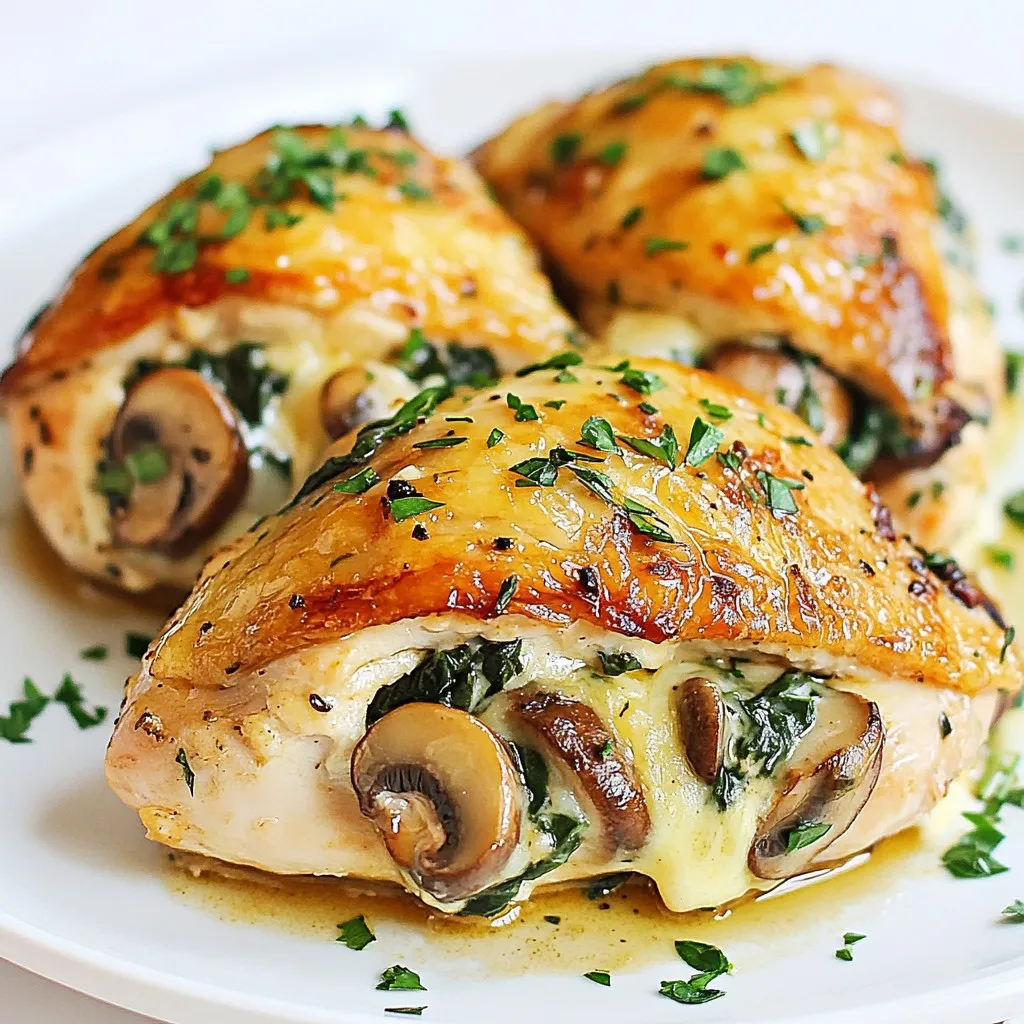 - 4 boneless, skinless chicken breasts - 2 cups finely chopped mushrooms (cremini or button) - 1 small finely chopped onion - 2 cloves minced garlic - 1 cup chopped spinach - 1/2 cup softened cream cheese - 1/2 cup grated Parmesan cheese - 1 teaspoon dried thyme - 1 teaspoon paprika - Salt and pepper to taste - 2 tablespoons olive oil - Fresh parsley for garnish To make mushroom stuffed chicken, you need fresh ingredients. Start with chicken breasts. Look for boneless and skinless ones for ease. Mushrooms add flavor. I prefer cremini or button mushrooms, but any will work. Onion and garlic bring a nice aroma to the dish. Spinach gives it a healthy touch and vibrant color. Cream cheese adds creaminess. Parmesan cheese gives a salty bite. Dried thyme and paprika add warmth and depth. Don't forget salt and pepper to enhance all the flavors. Olive oil is key for cooking. Fresh parsley is a great garnish to finish the dish. With these ingredients, you can create a juicy and flavorful meal that impresses any guest. {{ingredient_image_1}} - Preheat oven to 375°F (190°C). - In a skillet, heat 1 tablespoon of olive oil. - Add the chopped onion and sauté until it turns translucent. This takes about 3-4 minutes. - Stir in minced garlic next. Cook for one minute until fragrant. - Add the finely chopped mushrooms to the skillet. Cook them until soft, for around 5-7 minutes. - Toss in the chopped spinach and cook until it wilts, about 2 minutes. Remove the skillet from heat. - In a mixing bowl, combine the mushroom mixture with cream cheese, Parmesan, thyme, paprika, salt, and pepper. Stir until it blends well. - Take a small sharp knife and create pockets in each chicken breast. Make a horizontal cut without slicing all the way through. - Stuff each chicken breast with equal parts of the mushroom and cheese mix. Secure the opening with toothpicks if needed. - In the same skillet, heat the remaining tablespoon of olive oil over medium-high heat. - Season the chicken breasts with salt and pepper. Sear them for 3-4 minutes on each side until golden brown. - Transfer the seared chicken to a baking dish. Bake in the oven for 20-25 minutes. Check that the chicken reaches an internal temperature of 165°F (75°C). - Once done, remove the chicken from the oven and let it rest for 5 minutes. - Garnish with fresh parsley before serving warm. - How to select fresh mushrooms: Look for mushrooms that are firm and dry. Avoid any that are slimy or have dark spots. Fresh mushrooms should also have a nice, earthy smell. Cremini and button mushrooms work great in this dish. - The importance of letting chicken rest: After cooking, let the chicken rest for five minutes. This helps keep the juices inside. If you cut too soon, the juices run out, and the chicken can dry out. Resting gives you tender, juicy chicken. - Additional spices to try: Want to boost the flavor? Add herbs like oregano or basil. A pinch of cayenne will give it a nice kick. You can also try adding lemon zest for brightness. - Using different types of cheese: While Parmesan is great, you can mix in mozzarella or feta. Each cheese will change the taste. Experiment with flavors to find your favorite combination. - Garnishing options for serving: Fresh parsley adds color and freshness. You can also sprinkle extra cheese on top before serving. A drizzle of balsamic glaze can elevate the dish visually and flavor-wise. - Suggested side dishes: Pair your stuffed chicken with a side salad or roasted veggies. Mashed potatoes or quinoa also make great sides. They will soak up the delicious juices from the chicken. Pro Tips Use Fresh Ingredients: Fresh mushrooms and spinach will enhance the flavor of your stuffing significantly. Whenever possible, opt for fresh over frozen. Don't Overstuff: While it may be tempting to pile in the filling, overstuffing can cause the chicken to burst while cooking. Aim for a generous but manageable amount. Let It Rest: Allowing the chicken to rest for a few minutes after baking helps to keep the juices locked in, making for a juicier and more flavorful dish. Experiment with Cheeses: Feel free to substitute the Parmesan with other cheeses like feta or mozzarella for a different flavor profile in your stuffing. {{image_2}} You can switch the chicken for turkey if you prefer. Turkey has a similar taste and works well in this dish. If you want a vegan option, you can use tofu or tempeh. Just chop them finely and mix with the mushroom stuffing. This way, you still get a rich flavor without meat. Feel free to add herbs like basil or oregano to the stuffing. Herbs can bring freshness and depth to the dish. You can also toss in some diced bell peppers or zucchini for extra veggies. If you like heat, consider adding jalapeños or chili flakes. This will give your chicken a spicy kick. Instead of baking, you can grill the stuffed chicken. Grilling will add a smoky flavor that is delightful. Just make sure to keep an eye on the chicken so it doesn’t dry out. For a slow cooker version, place the stuffed chicken in the slow cooker with a bit of broth. Cook on low for several hours until it’s tender and juicy. To keep your stuffed chicken fresh, start by letting it cool. Place the chicken in a shallow dish. Cover it with plastic wrap or foil. You can also use airtight containers for better protection. This helps prevent moisture loss and keeps flavors intact. When reheating stuffed chicken, I suggest using an oven. Preheat it to 350°F (175°C). Place the chicken in a baking dish and cover with foil. Heat for about 15-20 minutes. This keeps the chicken moist. You can also use a microwave. Heat in short bursts, checking often to avoid drying it out. You can store cooked mushroom stuffed chicken in the fridge for 3-4 days. Make sure to keep it airtight. If you want to freeze it, wrap each piece well in plastic wrap followed by foil. It can last up to 3 months in the freezer. Just remember to label the date! Can I make mushroom stuffed chicken ahead of time? Yes, you can make the mushroom stuffed chicken ahead. Prepare the chicken and stuffing, then store them in the fridge. Bake it when you are ready to eat. What can I serve with mushroom stuffed chicken? Mushroom stuffed chicken pairs well with many sides. You can serve it with rice, mashed potatoes, or a fresh salad. Roasted vegetables also make a great choice. How can I tell when the chicken is done? The chicken is done when it reaches 165°F (75°C) inside. Use a meat thermometer for best results. The juices should run clear, not pink. Can I use frozen spinach? Yes, you can use frozen spinach. Just make sure to thaw and drain it well before adding it to the stuffing. This helps avoid extra moisture in the dish. What if I can’t find fresh parsley? If fresh parsley is not available, you can use dried parsley instead. Use about one teaspoon of dried parsley for each tablespoon of fresh. It will still add nice flavor. What if I don’t have a skillet? If you don’t have a skillet, you can use a pot or a frying pan. Any pan that can heat on the stove will work. Just make sure it is big enough for the ingredients. Is it necessary to sear the chicken before baking? Searing the chicken is not required, but it adds flavor. It gives the chicken a nice brown crust. If you skip this step, just bake it longer to ensure it cooks through. This article covered a tasty mushroom stuffed chicken recipe. We looked at the key ingredients, step-by-step instructions, and helpful tips. You learned how to select ingredients and explore variations. I shared storage info and answers to common questions. In conclusion, this dish is tasty and easy. You can adjust it to fit your taste. Happy cooking!
