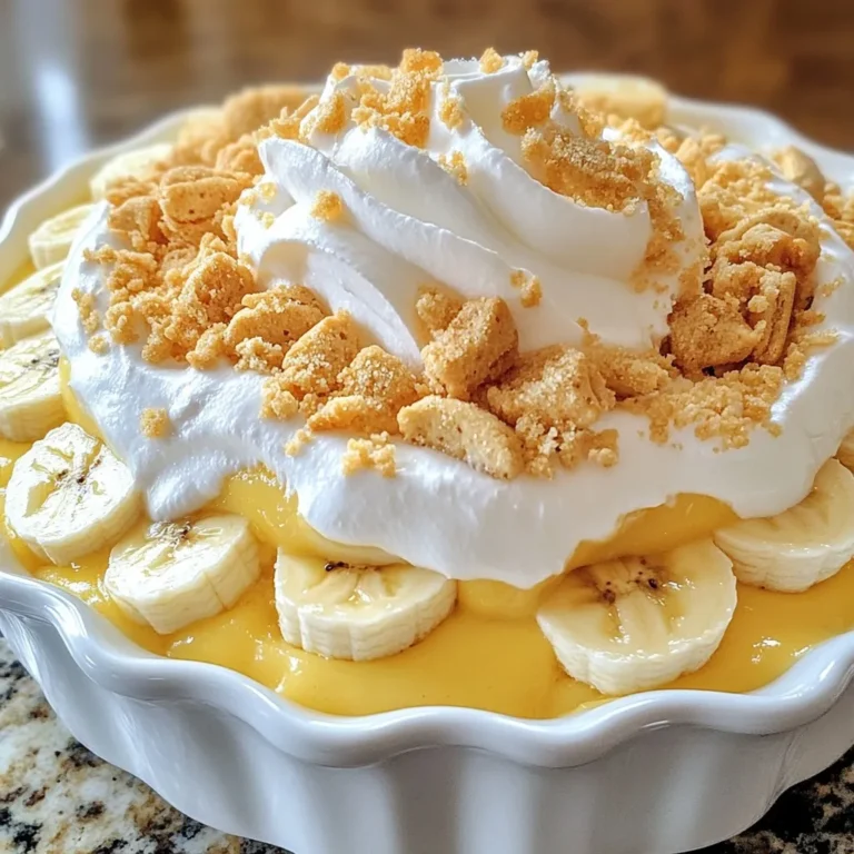 To make classic banana pudding, you need simple and fresh ingredients. Each one plays a key role in creating the perfect blend of flavors and textures. Here’s what you’ll need: - 4 ripe bananas, sliced - 1 cup granulated sugar - 1/3 cup all-purpose flour - 1/4 teaspoon salt - 2 3/4 cups whole milk - 3 large egg yolks - 2 teaspoons vanilla extract - 2 tablespoons unsalted butter - 1 box (about 10 oz) vanilla wafers - Whipped cream (for topping) These ingredients combine to create a creamy and sweet pudding. The ripe bananas bring natural sweetness, while the vanilla wafers add a delightful crunch. The whole milk and egg yolks provide a rich and smooth texture. Each layer builds flavor and makes every bite enjoyable. As you gather these ingredients, remember to choose ripe bananas. They make a big difference in taste and sweetness. {{ingredient_image_1}} 1. Start by mixing the dry ingredients. In a medium saucepan, combine 1 cup of sugar, 1/3 cup of flour, and 1/4 teaspoon of salt. This mix will give the pudding its sweet taste and smooth texture. 2. Next, whisk in 2 3/4 cups of whole milk. Do this slowly to avoid lumps. 3. Cook this mixture over medium heat. Stir constantly until it begins to boil. Once it bubbles, keep cooking for 2 more minutes. This step will thicken the pudding base. 1. In a small bowl, whisk 3 large egg yolks. This is where the creaminess comes from. 2. To temper the yolks, slowly add a few tablespoons of the hot milk mixture to them. This warms the yolks without cooking them. 3. Now, whisk the tempered yolks back into the saucepan. Cook for another 2 to 3 minutes until the pudding thickens. Remove it from heat once done. 1. Stir in 2 teaspoons of vanilla extract and 2 tablespoons of unsalted butter. Keep stirring until fully melted and mixed in. 2. Allow your pudding to cool slightly. This will make it easier to layer later. 1. Grab a large serving dish. Start layering by placing half of the vanilla wafers at the bottom. 2. Next, add half of the sliced bananas. Then, pour in half of the pudding. Repeat these layers. 3. Chill the assembled banana pudding in the refrigerator for at least 4 hours. For the best taste, let it chill overnight. 4. Before serving, top with whipped cream and sprinkle some crushed vanilla wafers on top. This adds a nice crunch. To make your banana pudding just right, focus on the texture. - Achieving the right thickness: When you cook the milk mixture, it should bubble and thicken. Keep stirring to avoid burning. After it bubbles, cook for two more minutes. This helps it thicken perfectly. - Avoiding lumps in the mixture: Mix the dry ingredients well before adding milk. Whisk constantly as you add the milk. This keeps the mixture smooth. If you see lumps, use a whisk or a strainer to fix it. Let’s make your banana pudding look great! - Garnishing options: Top with whipped cream for a fluffy finish. You can sprinkle crushed vanilla wafers on top for extra crunch. Add a few banana slices for a pop of color. - Best ways to serve: Use a glass dish to show off the layers. You can also serve in individual cups. This makes it fun and easy for guests. Avoid these pitfalls to get your pudding just right. - Overcooking the pudding: If you cook too long, it can get too thick or even curdle. Pay attention and stop cooking once it reaches the right thickness. - Using unripe bananas: Ripe bananas taste sweeter and add creaminess. Choose bananas with brown spots for the best flavor. They will blend nicely in your pudding. Pro Tips Use Ripe Bananas: The riper the bananas, the sweeter and more flavorful your pudding will be. Look for bananas with plenty of brown spots for the best taste. Tempering Egg Yolks: Always temper your egg yolks by adding a little hot mixture before whisking them into the saucepan. This prevents them from scrambling. Layering Technique: When layering, make sure to spread the pudding evenly to ensure every bite has a perfect balance of creaminess and banana. Chill Time: For the best flavor and texture, allow the pudding to chill overnight. This helps the flavors meld beautifully. {{image_2}} You can make your banana pudding even better. Try adding chocolate for a rich twist. Just melt some chocolate and mix it into the pudding when it’s warm. You can also add cocoa powder for a lighter touch. Another fun idea is to add different fruits. Fresh berries or peaches can bring a fresh flavor. Just slice them thin and layer them with the bananas and pudding. If you need gluten-free options, use gluten-free cookies. Many brands make vanilla wafers that fit this need. You can also thicken the pudding with cornstarch instead of flour. For vegan substitutions, swap the milk for almond or oat milk. You can use a plant-based butter and egg replacer to make it creamy. This way, everyone can enjoy the dessert. Serving banana pudding in individual jars can be charming. Fill small jars with layers of wafers, bananas, and pudding. This makes it easy for guests to enjoy. Another fun style is layered parfaits. Use a glass dish to show off the layers. Start with a layer of wafers, then add banana slices and pudding. It’s both beautiful and delicious! To keep your classic banana pudding fresh, store it in the fridge. The best way is to cover it tightly. Use plastic wrap or an airtight container. This keeps the pudding moist and prevents it from absorbing other smells. In the fridge, banana pudding stays good for about 3 to 4 days. However, the bananas may start to brown. This will not affect the taste much, but it may change the look. To avoid browning, you can add a bit of lemon juice to the banana slices before layering them in the pudding. Yes, you can freeze banana pudding, but it's not always the best choice. Freezing can change the texture. When thawed, the pudding may become watery. The bananas will also change in texture and flavor. If you decide to freeze it, here are some tips: - Use a freezer-safe container: Make sure it seals well to avoid freezer burn. - Layer carefully: Freeze it without the whipped cream on top. Add that later when serving. - Thaw slowly: Move it to the fridge for several hours or overnight. Avoid microwaving it, as this can make it too runny. By following these steps, you can enjoy your banana pudding for longer! You will notice a few signs when the pudding is ready. First, watch for bubbles. It should bubble gently. This means it is thickening. Second, the pudding should coat the back of a spoon. If you run your finger through it, the line should stay. This indicates it has reached the right texture. Yes, you can make this recipe ahead of time. It is best to prepare it the day before you plan to serve it. This gives the flavors time to mix well. Chill the pudding for at least 4 hours or overnight. This helps it set properly. Just remember to cover it with plastic wrap to keep it fresh. A 3-quart dish works well for this pudding. This size allows for even layers and helps it chill properly. If you want individual servings, try using small jars or cups. Each should hold about 1 cup of pudding. Yes, there are many cookie alternatives you can use. Try graham crackers for a different flavor. Shortbread cookies also work great. If you like chocolate, use chocolate wafers. Each option adds a unique twist to the classic banana pudding. In this article, we covered how to make a delicious banana pudding. We listed the key ingredients and detailed each step from making the pudding base to assembly. Tips helped ensure the best texture and taste. Plus, variations and storage tips expanded your options. Remember, the right bananas and perfect cooking time can elevate your dessert. Enjoy your creamy, sweet treat knowing you can tweak it to fit your style. Happy cooking!