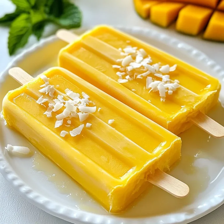 To make these tasty popsicles, you need a few key ingredients. Here’s what you will need: - 2 ripe mangoes, peeled and diced - 1 can (400ml) coconut milk - 1/4 cup honey or agave syrup - 1 tablespoon lime juice - 1 teaspoon vanilla extract - Pinch of salt These ingredients create a smooth, creamy, and fruity treat. The mangoes give a sweet flavor, while the coconut milk adds creaminess. Lime juice brightens up the taste, and vanilla adds warmth. If you want to switch up the sweetness, you have options. You can use maple syrup or stevia instead of honey or agave syrup. Both options work well and add their own flavors. Always taste your mix to find the right balance of sweetness for you. Garnishes can make your popsicles even more fun! Here are a few ideas: - Toasted coconut flakes: They add a crunchy texture and a nutty taste. - Fresh mint leaves: They offer a bright, fresh flavor. - Fruit slices: Add small pieces of mango or lime on top for a colorful look. These garnishes not only look great but also enhance the popsicle experience. Enjoy crafting your Coconut Mango Popsicles with these simple ingredients and fun extras! {{ingredient_image_1}} First, gather your ingredients. You need two ripe mangoes, coconut milk, honey, lime juice, vanilla extract, and a pinch of salt. Peel and dice the mangoes into small pieces. Place them in a blender. Add the coconut milk, honey, lime juice, vanilla, and salt. Blend until the mixture is smooth. You want a creamy texture, with no chunks left. Taste it and see if you need more sweetness. If so, add more honey or agave syrup and blend again. Once your mixture is ready, it’s time to pour it into molds. Take your popsicle molds and carefully fill them with the mango-coconut blend. Leave a little space at the top. This space allows the mixture to expand when it freezes. After filling the molds, insert popsicle sticks. Make sure they stand straight. This step is key for easy eating later. Place the molds in the freezer. Let them freeze for at least six hours. You want them to be completely solid. After freezing, it's time to enjoy. To remove the popsicles, run warm water over the outside of the molds. This helps loosen them. Gently pull the popsicles out. If you like, roll them in toasted coconut flakes for an extra crunch. Now, they are ready to serve! To make the perfect creamy popsicle, start with ripe mangoes. The sweeter the fruit, the better the flavor. Use full-fat coconut milk. It adds richness and smoothness. Blend the mangoes and coconut milk until there are no chunks left. A powerful blender helps achieve a silky texture. If the mixture seems thick, add a splash of water or more coconut milk. This will make it easier to blend. You can adjust the sweetness to fit your taste. Start with 1/4 cup of honey or agave syrup. After blending, taste the mixture. If you want it sweeter, add more honey or agave syrup. Blend again after adding more sweetener. This method ensures you find the perfect balance. Remember, the sweetness can change once frozen. Serving your popsicles can be fun! Try placing them on a wooden board for a rustic look. You can also use colorful cups for a vibrant touch. For an extra crunch, roll your popsicles in toasted coconut flakes. Add fresh mint leaves on top for a pop of color and freshness. These small touches will impress your guests and make your popsicles look stunning. Pro Tips Choose Ripe Mangoes: Select mangoes that are slightly soft to the touch and have a sweet aroma for the best flavor. Adjust Sweetness: Taste the mixture before freezing and adjust the honey or agave syrup to your preference for optimal sweetness. Use Full-Fat Coconut Milk: For creamier popsicles, opt for full-fat coconut milk rather than light varieties. Experiment with Flavors: Add other fruits like pineapple or berries for a unique twist on these popsicles. {{image_2}} You can make your popsicles even more fun by adding other fruits. Try using berries like strawberries or blueberries. They add a nice color and flavor. You can also mix in some pineapple for a tropical twist. Just chop the fruit and blend it with the mangoes and coconut milk. You can layer the fruit in the molds for a pretty look. Our coconut mango popsicles are already dairy-free thanks to the coconut milk. If you want to try a different base, use almond or oat milk instead. They will still taste great and keep the popsicles creamy. Just follow the same steps and enjoy a new flavor! You can spice things up by adding herbs or spices to your popsicles. Fresh mint or basil gives a refreshing twist. Just add a few leaves to the blender with the mangoes. If you like a bit of heat, try adding a pinch of cayenne pepper. It will add a nice kick to the sweet flavor. Experiment with these ideas to find what you love! To keep your coconut mango popsicles fresh, store them in an airtight container. This helps prevent freezer burn. If you use popsicle molds, make sure they are tightly sealed after you freeze them. Place your popsicles in the back of the freezer. The back is colder than the front. Wrap your molds in plastic wrap for extra protection. This helps them last longer without losing flavor or texture. To enjoy your popsicles, gently run warm water over the mold for a few seconds. This helps loosen them. Avoid using a microwave, as it can make them melt unevenly. If you have time, let them sit at room temperature for a few minutes. This helps maintain their creamy texture. Yes, you can use frozen mangoes. They work well in this recipe. Frozen mangoes save time and are often just as tasty. When using frozen mangoes, let them thaw for a bit. This helps the blender mix them easier. Coconut mango popsicles can last up to two months in the freezer. To keep them fresh, store them in an airtight container. Make sure to wrap them well to avoid freezer burn. This way, you can enjoy your popsicles whenever you want! Coconut milk is creamy and rich in nutrients. It contains healthy fats that can boost your energy. It also has vitamins like C, E, and B. These vitamins help your skin and support your immune system. Plus, coconut milk is dairy-free, making it great for those who are lactose intolerant. In this post, we explored coconut mango popsicles. We covered key ingredients, including alternative sweeteners and garnishes. I shared simple steps for making these treats, from mixing to freezing. You learned tips for the creamiest texture and fun ways to serve them. Plus, we discussed variations like adding fruits or herbs. Lastly, we reviewed storage tips for freshness. These popsicles are tasty and easy. I encourage you to make them and enjoy your creation!