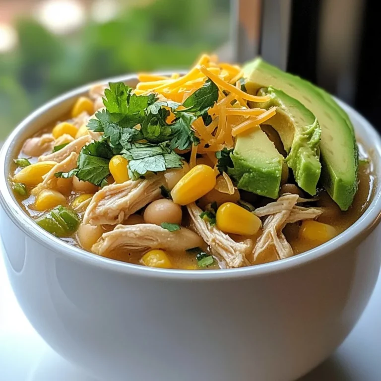 - 1 lb boneless, skinless chicken breasts - 1 can (15 oz) white beans, drained and rinsed - 1 can (15 oz) corn, drained - 1 medium onion, finely chopped - 2 cloves garlic, minced - 1 can (4 oz) diced green chilies - 2 cups chicken broth - 1 teaspoon cumin - 1 teaspoon chili powder - ½ teaspoon oregano - Salt and pepper to taste - ¼ cup fresh cilantro, chopped (for garnish) - Optional toppings: avocado slices, shredded cheese, sour cream Each ingredient plays a key role in the flavor of the chili. The chicken gives it a hearty base. The white beans and corn add texture and sweetness. Onions and garlic bring a strong, savory note. Green chilies add depth and a mild heat. For spices, cumin and chili powder provide warmth. Oregano adds a nice herbal touch. Adjust the salt and pepper to suit your taste. Lastly, cilantro adds freshness when you serve it. You can also use toppings like avocado, cheese, or sour cream for extra flavor and creaminess. Gather these ingredients before you start. They are easy to find and make the dish special. This white chicken chili is simple yet full of flavor. You will love how every bite feels satisfying and warm. {{ingredient_image_1}} - Arrange chicken at the bottom of the slow cooker. - Layer white beans, corn, onion, garlic, and chilies on top. - Add chicken broth and sprinkle spices evenly. I love starting with the chicken. I place the boneless, skinless chicken breasts right in the slow cooker’s bottom. This way, the chicken cooks tender and juicy. Next, I layer the white beans, corn, chopped onion, minced garlic, and diced green chilies over the chicken. These ingredients add so much flavor and texture. Now, I pour the chicken broth over everything. It binds all the flavors together. Then I sprinkle cumin, chili powder, oregano, salt, and pepper on top. These spices bring warmth and depth to the dish. - Set slow cooker on low for 6-8 hours or high for 3-4 hours. - Shred chicken and combine all ingredients after cooking. I set my slow cooker to low for 6 to 8 hours. If I’m in a hurry, I choose high for 3 to 4 hours. The slow cooking lets the flavors mix and the chicken become fork-tender. After cooking, I carefully remove the chicken. I use two forks to shred it into bite-sized pieces. Then, I return the shredded chicken to the slow cooker. I stir it in, making sure everything blends well. - Adjust seasoning if needed. - Garnish and serve hot. Before serving, I taste the chili. If it needs more flavor, I add a pinch of salt or pepper. Finally, I serve it hot, garnished with fresh cilantro. You can also add avocado, cheese, or sour cream for extra delight. This chili is warm, filling, and perfect for any meal. Using fresh ingredients is key. Fresh chicken makes the dish juicy and tasty. Fresh herbs like cilantro add bright flavor. Always check for quality when you shop. Adjust the spice levels to fit your taste. Start with less spice, then add more if you like heat. You can even add jalapeños for extra kick. A slow cooker does magic with flavors over time. Cooking on low for 6-8 hours gives the best taste. If you're short on time, cook on high for 3-4 hours. To keep chicken moist, avoid opening the lid often. Moisture escapes, which can dry out your chicken. Serve your chili with crispy tortilla chips or warm bread. Cornbread pairs well too! Garnish with fresh cilantro for color. You can add avocado slices, shredded cheese, or sour cream for creaminess. These toppings will enhance the flavor and texture. Enjoy your delicious chili with friends or family! Pro Tips Use Frozen Chicken: If you're short on time, frozen chicken breasts can be added directly to the slow cooker without thawing. Just increase the cooking time by about an hour. Spice It Up: Adjust the amount of chili powder and cumin to suit your heat preference. Adding a pinch of cayenne pepper can also give it an extra kick! Fresh Herbs: For a burst of freshness, add chopped cilantro or parsley just before serving. This enhances the flavor and adds a nice color to the dish. Storage Tips: This chili can be stored in the refrigerator for up to 4 days or frozen for up to 3 months. Make sure to cool it completely before transferring to airtight containers. {{image_2}} You can easily swap out the chicken for turkey. It works just as well. If you want a meatless option, use beans instead. Chickpeas and black beans both add protein and flavor. You can also try different types of beans. Pinto or kidney beans give a nice twist. For grains, quinoa or rice can add some texture and heartiness. To boost the flavor, add more vegetables like bell peppers or zucchini. These add color and nutrients. If you like heat, toss in some jalapeños or use hotter spices. You can also add a dash of hot sauce at the end for an extra kick. This will make your chili even more enjoyable. For a vegetarian or vegan version, replace chicken broth with vegetable broth. Use plant-based proteins like tofu or lentils instead of chicken. This keeps it filling and tasty. If you need it gluten-free, simply check your broth and spices. Most are safe, but it’s always good to verify. Enjoy your meal with everyone at the table! To keep your Crockpot White Chicken Chili fresh, follow these steps: - Refrigeration: Store leftover chili in an airtight container. It can last up to 3-4 days in the fridge. - Freezing: For longer storage, freeze the chili. Use freezer-safe containers or bags. It can stay good for up to 3 months. Just make sure to leave space in the container for expansion. When you're ready to enjoy your chili again, reheating is key: - Best methods: The microwave works well. Heat in 1-minute intervals, stirring in between. You can also reheat on the stove over medium heat. Stir often to avoid burning. - Repurposing leftovers: Try using leftover chili as a filling for burritos or tacos. You can also serve it over rice or pasta for a new meal. Adding fresh toppings can change the flavor too! Can I use frozen chicken for this recipe? Yes, you can use frozen chicken. Just add about an hour to the cooking time. The chicken will cook through and become tender. How can I make this chili thicker? To thicken the chili, mash some of the white beans. You can also add a cornstarch slurry. Mix one tablespoon of cornstarch with two tablespoons of water. Stir it in and let it cook for a bit. What should I serve with white chicken chili? White chicken chili pairs well with cornbread or tortilla chips. You might also enjoy it with a fresh salad or rice for a complete meal. How long does this recipe stay good in the fridge? The chili stays good for about three to four days in the fridge. Store it in an airtight container for the best results. Can I make this recipe on the stove instead of a crockpot? Yes, you can. Just sauté the onion and garlic in a pot, then add the other ingredients. Simmer for about 30 minutes until the chicken is cooked. What are some good toppings for white chicken chili? Some tasty toppings include avocado slices, shredded cheese, and sour cream. Fresh cilantro adds great flavor too! This blog post covered a tasty white chicken chili recipe made in a slow cooker. You learned about key ingredients, simple steps, and helpful tips. Remember to use fresh ingredients for the best taste. Feel free to swap proteins or adjust spices to fit your taste. Whether you make it spicy or keep it mild, this chili is a hit. Proper storage and reheating keep flavors intact. Enjoy making your chili and sharing it with friends and family!