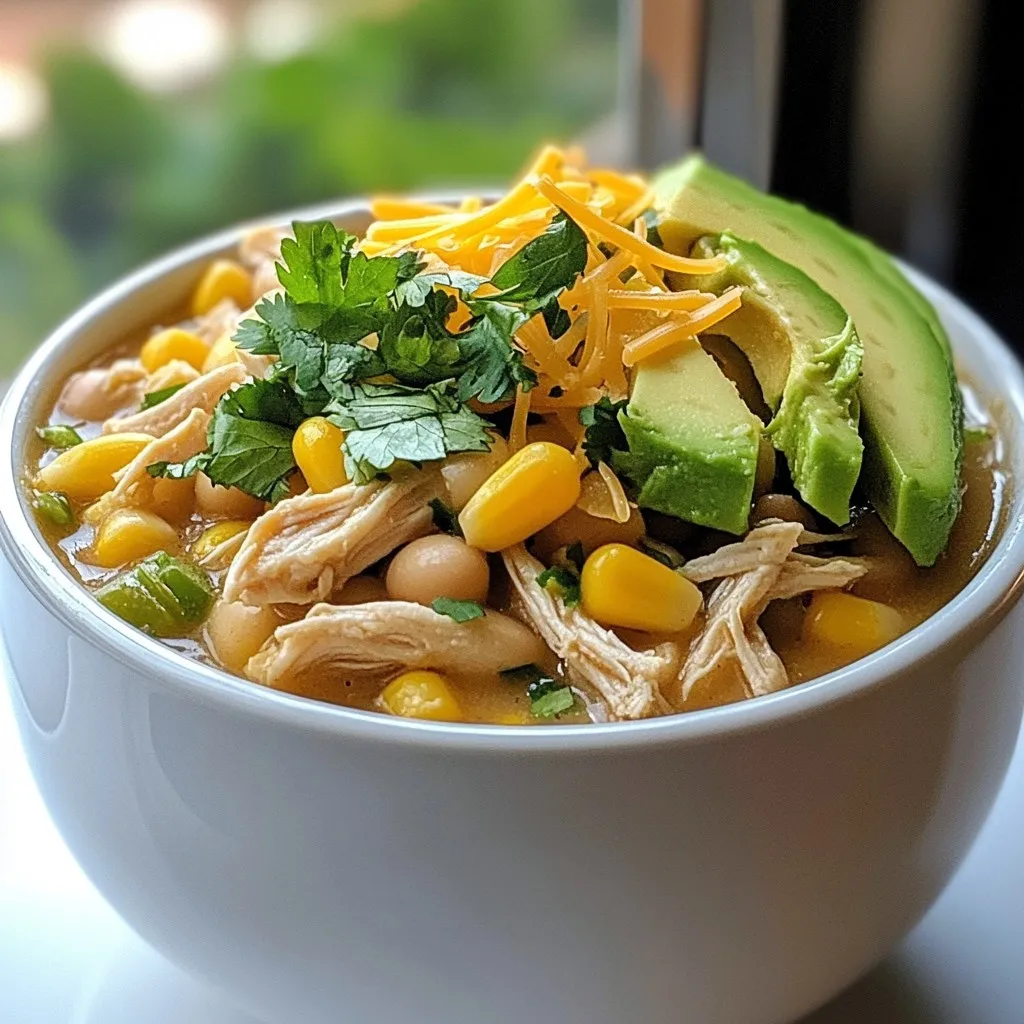 - 1 lb boneless, skinless chicken breasts - 1 can (15 oz) white beans, drained and rinsed - 1 can (15 oz) corn, drained - 1 medium onion, finely chopped - 2 cloves garlic, minced - 1 can (4 oz) diced green chilies - 2 cups chicken broth - 1 teaspoon cumin - 1 teaspoon chili powder - ½ teaspoon oregano - Salt and pepper to taste - ¼ cup fresh cilantro, chopped (for garnish) - Optional toppings: avocado slices, shredded cheese, sour cream Each ingredient plays a key role in the flavor of the chili. The chicken gives it a hearty base. The white beans and corn add texture and sweetness. Onions and garlic bring a strong, savory note. Green chilies add depth and a mild heat. For spices, cumin and chili powder provide warmth. Oregano adds a nice herbal touch. Adjust the salt and pepper to suit your taste. Lastly, cilantro adds freshness when you serve it. You can also use toppings like avocado, cheese, or sour cream for extra flavor and creaminess. Gather these ingredients before you start. They are easy to find and make the dish special. This white chicken chili is simple yet full of flavor. You will love how every bite feels satisfying and warm. {{ingredient_image_1}} - Arrange chicken at the bottom of the slow cooker. - Layer white beans, corn, onion, garlic, and chilies on top. - Add chicken broth and sprinkle spices evenly. I love starting with the chicken. I place the boneless, skinless chicken breasts right in the slow cooker’s bottom. This way, the chicken cooks tender and juicy. Next, I layer the white beans, corn, chopped onion, minced garlic, and diced green chilies over the chicken. These ingredients add so much flavor and texture. Now, I pour the chicken broth over everything. It binds all the flavors together. Then I sprinkle cumin, chili powder, oregano, salt, and pepper on top. These spices bring warmth and depth to the dish. - Set slow cooker on low for 6-8 hours or high for 3-4 hours. - Shred chicken and combine all ingredients after cooking. I set my slow cooker to low for 6 to 8 hours. If I’m in a hurry, I choose high for 3 to 4 hours. The slow cooking lets the flavors mix and the chicken become fork-tender. After cooking, I carefully remove the chicken. I use two forks to shred it into bite-sized pieces. Then, I return the shredded chicken to the slow cooker. I stir it in, making sure everything blends well. - Adjust seasoning if needed. - Garnish and serve hot. Before serving, I taste the chili. If it needs more flavor, I add a pinch of salt or pepper. Finally, I serve it hot, garnished with fresh cilantro. You can also add avocado, cheese, or sour cream for extra delight. This chili is warm, filling, and perfect for any meal. Using fresh ingredients is key. Fresh chicken makes the dish juicy and tasty. Fresh herbs like cilantro add bright flavor. Always check for quality when you shop. Adjust the spice levels to fit your taste. Start with less spice, then add more if you like heat. You can even add jalapeños for extra kick. A slow cooker does magic with flavors over time. Cooking on low for 6-8 hours gives the best taste. If you're short on time, cook on high for 3-4 hours. To keep chicken moist, avoid opening the lid often. Moisture escapes, which can dry out your chicken. Serve your chili with crispy tortilla chips or warm bread. Cornbread pairs well too! Garnish with fresh cilantro for color. You can add avocado slices, shredded cheese, or sour cream for creaminess. These toppings will enhance the flavor and texture. Enjoy your delicious chili with friends or family! Pro Tips Use Frozen Chicken: If you're short on time, frozen chicken breasts can be added directly to the slow cooker without thawing. Just increase the cooking time by about an hour. Spice It Up: Adjust the amount of chili powder and cumin to suit your heat preference. Adding a pinch of cayenne pepper can also give it an extra kick! Fresh Herbs: For a burst of freshness, add chopped cilantro or parsley just before serving. This enhances the flavor and adds a nice color to the dish. Storage Tips: This chili can be stored in the refrigerator for up to 4 days or frozen for up to 3 months. Make sure to cool it completely before transferring to airtight containers. {{image_2}} You can easily swap out the chicken for turkey. It works just as well. If you want a meatless option, use beans instead. Chickpeas and black beans both add protein and flavor. You can also try different types of beans. Pinto or kidney beans give a nice twist. For grains, quinoa or rice can add some texture and heartiness. To boost the flavor, add more vegetables like bell peppers or zucchini. These add color and nutrients. If you like heat, toss in some jalapeños or use hotter spices. You can also add a dash of hot sauce at the end for an extra kick. This will make your chili even more enjoyable. For a vegetarian or vegan version, replace chicken broth with vegetable broth. Use plant-based proteins like tofu or lentils instead of chicken. This keeps it filling and tasty. If you need it gluten-free, simply check your broth and spices. Most are safe, but it’s always good to verify. Enjoy your meal with everyone at the table! To keep your Crockpot White Chicken Chili fresh, follow these steps: - Refrigeration: Store leftover chili in an airtight container. It can last up to 3-4 days in the fridge. - Freezing: For longer storage, freeze the chili. Use freezer-safe containers or bags. It can stay good for up to 3 months. Just make sure to leave space in the container for expansion. When you're ready to enjoy your chili again, reheating is key: - Best methods: The microwave works well. Heat in 1-minute intervals, stirring in between. You can also reheat on the stove over medium heat. Stir often to avoid burning. - Repurposing leftovers: Try using leftover chili as a filling for burritos or tacos. You can also serve it over rice or pasta for a new meal. Adding fresh toppings can change the flavor too! Can I use frozen chicken for this recipe? Yes, you can use frozen chicken. Just add about an hour to the cooking time. The chicken will cook through and become tender. How can I make this chili thicker? To thicken the chili, mash some of the white beans. You can also add a cornstarch slurry. Mix one tablespoon of cornstarch with two tablespoons of water. Stir it in and let it cook for a bit. What should I serve with white chicken chili? White chicken chili pairs well with cornbread or tortilla chips. You might also enjoy it with a fresh salad or rice for a complete meal. How long does this recipe stay good in the fridge? The chili stays good for about three to four days in the fridge. Store it in an airtight container for the best results. Can I make this recipe on the stove instead of a crockpot? Yes, you can. Just sauté the onion and garlic in a pot, then add the other ingredients. Simmer for about 30 minutes until the chicken is cooked. What are some good toppings for white chicken chili? Some tasty toppings include avocado slices, shredded cheese, and sour cream. Fresh cilantro adds great flavor too! This blog post covered a tasty white chicken chili recipe made in a slow cooker. You learned about key ingredients, simple steps, and helpful tips. Remember to use fresh ingredients for the best taste. Feel free to swap proteins or adjust spices to fit your taste. Whether you make it spicy or keep it mild, this chili is a hit. Proper storage and reheating keep flavors intact. Enjoy making your chili and sharing it with friends and family!