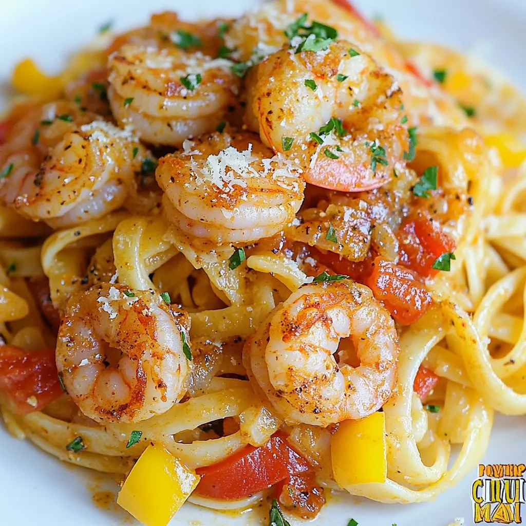- 12 oz linguine or fettuccine - 1 lb raw shrimp, peeled and deveined - 2 tablespoons Cajun seasoning - 2 tablespoons olive oil - 1 bell pepper (red or yellow), diced - 1 small onion, diced - 3 cloves garlic, minced - 1 cup diced tomatoes (canned or fresh) - 1 cup heavy cream - 1 cup grated Parmesan cheese - Salt and pepper to taste - Fresh parsley, chopped (for garnish) - Large pot for boiling pasta - Large skillet for cooking - Mixing bowl for seasoning shrimp - Wooden spoon or spatula for stirring - Knife and cutting board for chopping - Spinach or kale for extra greens - Sliced mushrooms for added texture - Lemon juice for a fresh zing - Extra Cajun seasoning for more heat Gather all these ingredients and tools before you start cooking. This will make your time in the kitchen smooth and fun! Each item plays a key role in building the rich flavors of this Cajun shrimp pasta. Feel free to get creative with the optional add-ins to make the dish your own! {{ingredient_image_1}} Start by boiling water in a large pot. Add salt to the water. Once it's boiling, add 12 oz of linguine or fettuccine. Cook according to the package instructions until the pasta is al dente, which means it should be firm but not hard. This usually takes around 8-10 minutes. After cooking, drain the pasta and set it aside. Next, take 1 lb of raw shrimp, peeled and deveined. Place the shrimp in a large bowl. Sprinkle 2 tablespoons of Cajun seasoning over the shrimp. Toss the shrimp well to coat them evenly. Heat 2 tablespoons of olive oil in a large skillet over medium heat. Once the oil is hot, add the shrimp. Cook them for about 2-3 minutes on each side until they turn pink. Make sure not to overcook the shrimp. Once done, remove the shrimp from the skillet and set them aside. In the same skillet where you cooked the shrimp, add diced onion and bell pepper. You can use either a red or yellow bell pepper. Sauté them for about 4-5 minutes until they soften. Next, add 3 cloves of minced garlic and cook for another minute. You will smell a nice aroma! Now, add 1 cup of diced tomatoes, either canned or fresh, and let it simmer for about 3-4 minutes. Lower the heat and pour in 1 cup of heavy cream. Allow it to come to a gentle simmer, cooking for about 2 minutes until it thickens slightly. Stir in 1 cup of grated Parmesan cheese until it melts into the sauce. Taste and add salt and pepper if needed. Now, it’s time to bring it all together. Add the cooked pasta and shrimp back into the skillet. Toss everything until the pasta and shrimp are well-coated with the creamy Cajun sauce. The flavors should blend nicely. Remove from heat and garnish with fresh chopped parsley before serving. Enjoy your delicious Cajun Shrimp Pasta! To cook shrimp well, focus on timing. Cook them for just 2-3 minutes per side. They should turn pink and opaque. Overcooked shrimp become tough. If you follow the time closely, you get tender shrimp with great flavor. Use fresh or thawed shrimp for best results. Always peel and devein them for a clean taste. To thicken the sauce, start by simmering it longer. After adding the heavy cream, let it cook gently. This helps the sauce reduce and thicken. Another tip is to stir in more grated Parmesan cheese. The cheese adds richness and helps bind the sauce. If you need a quick fix, use a cornstarch slurry. Mix one tablespoon of cornstarch with two tablespoons of water, then stir it in. Serve the Cajun shrimp pasta hot, garnished with fresh parsley. A sprinkle of extra cheese adds a nice touch. Pair it with a side salad for balance. Garlic bread complements the dish well too. For a twist, add a squeeze of lemon juice before serving. This brightens the flavors and enhances the meal. Enjoy your great tasting dinner! Pro Tips Use Fresh Shrimp: Fresh shrimp will elevate the flavor of your dish. If possible, choose shrimp that is sustainably sourced and wild-caught for the best taste. Adjust Cajun Spice: Cajun seasoning can vary in heat. Start with a small amount and adjust to your taste preference, especially if you're serving guests with different spice tolerances. Perfect Pasta: To ensure your pasta is perfectly cooked, aim for al dente. It will continue cooking slightly when mixed with the sauce, preventing it from becoming mushy. Garnish for Freshness: Fresh parsley not only adds color but also a burst of freshness. Consider adding a squeeze of lemon juice before serving for an extra zing! {{image_2}} You can make this dish vegetarian by swapping shrimp for veggies. Use mushrooms, zucchini, or bell peppers. Toss them in Cajun seasoning for flavor. You can also add chickpeas for protein. This keeps the dish hearty and satisfying. Cook the veggies until tender, then follow the rest of the steps. It’s a great way to enjoy Cajun flavors without meat. Want more heat? Add more Cajun seasoning. You can also mix in red pepper flakes. A dash of hot sauce can elevate the spice. Cook the shrimp with extra seasoning to ensure every bite has a kick. If you like it really spicy, try adding jalapeños. You can adjust the heat to your taste. To make this dish lighter, use whole wheat pasta. You can replace heavy cream with Greek yogurt or a low-fat cream. This change keeps the creaminess, but cuts down on calories. You can also use less cheese or a lighter cheese option. Fresh herbs can add flavor without extra calories. These swaps help you enjoy the dish while being mindful of health. To store leftover Cajun shrimp pasta, let it cool first. Place it in an airtight container. You can keep it in the fridge for up to three days. Make sure to label the container with the date. This keeps track of freshness. When you’re ready to eat, you can reheat the pasta easily. Use a microwave-safe dish and cover it. Heat in the microwave for about 1-2 minutes. Stir halfway through to heat evenly. If you prefer, you can reheat it on the stove. Just add a splash of water or cream to keep it moist. If you want to freeze the pasta, do it right after cooking. Place it in a freezer-safe container or bag. Make sure to remove as much air as possible. It can last up to two months in the freezer. To thaw, place it in the fridge overnight before reheating. This keeps the pasta tasty and fresh. You can use half-and-half or whole milk. Both make a lighter sauce. If you want a vegan option, try coconut cream or cashew cream. These add a nice flavor without dairy. Yes, you can use frozen shrimp. Just make sure to thaw them first. Place them in cold water for about 10-15 minutes. This way, they cook evenly and stay juicy. To adjust the spice, use less Cajun seasoning. You can also add more cream to cool it down. If you want extra heat, add cayenne pepper or hot sauce. Taste as you go to find your perfect level. In this blog post, we broke down the key steps for making delicious Cajun shrimp pasta. We covered essential ingredients, tools, and optional add-ins. You learned how to cook shrimp perfectly and make a rich cream sauce. We shared tips for serving and modifying the recipe to fit your taste. Cajun shrimp pasta is a fun dish to make and enjoy. Try it your way and impress yourself!