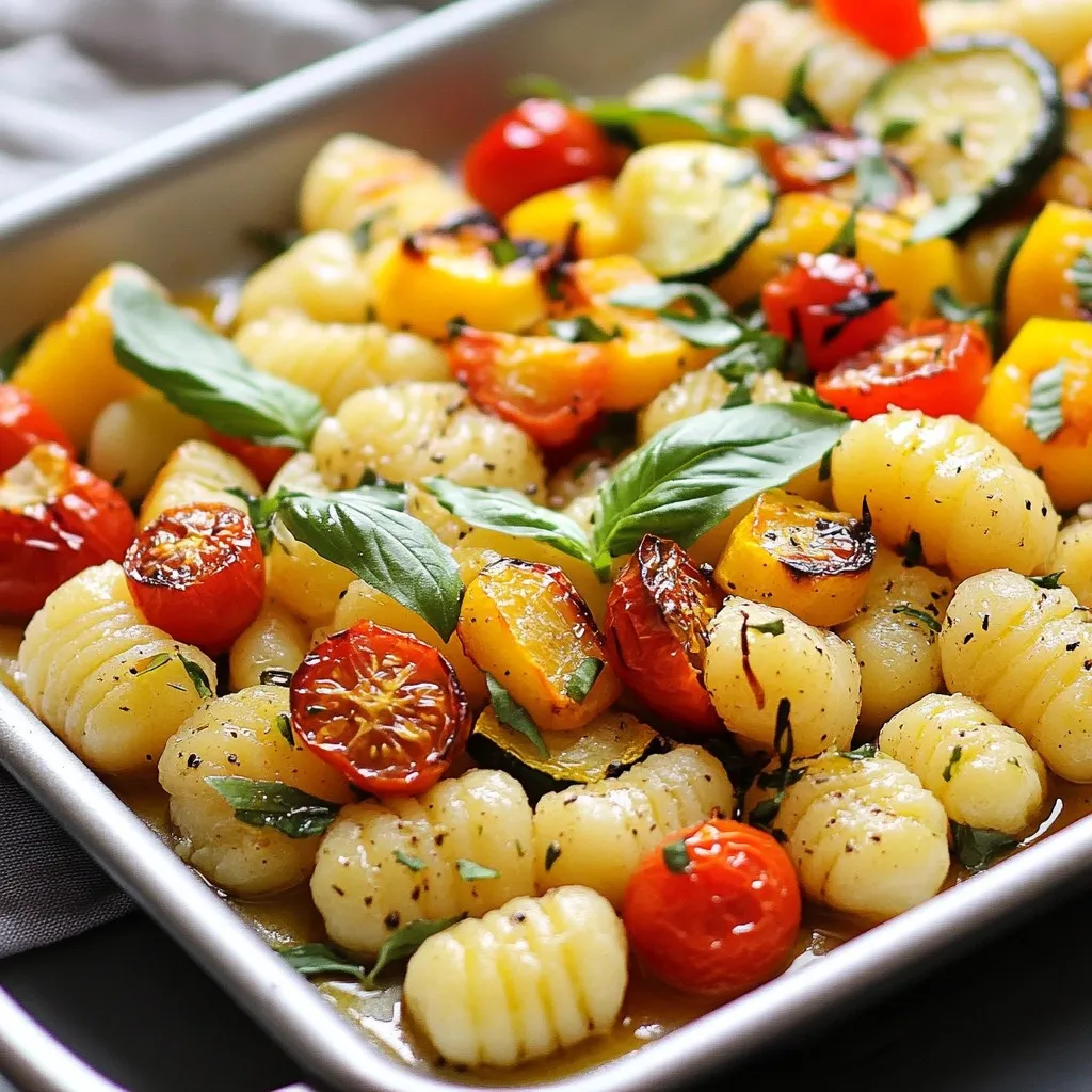 - 1 package (16 oz) potato gnocchi - 1 zucchini, sliced - 1 bell pepper (any color), chopped - 1 cup cherry tomatoes, halved - 1 yellow onion, sliced - 3 cloves garlic, minced - 2 tablespoons olive oil - 1 teaspoon Italian seasoning - Salt and pepper, to taste - Fresh basil leaves, for garnishing - Grated parmesan cheese, for serving (optional) When I create my sheet pan gnocchi, I start with my key ingredients. The potato gnocchi is soft and pillowy. The zucchini adds a nice crunch. The bell pepper brings a burst of color and taste. Cherry tomatoes give a juicy sweetness that balances the dish. - You can use other vegetables like broccoli, asparagus, or carrots. - If you want gluten-free, look for gluten-free gnocchi. - For cheese lovers, try goat cheese or feta instead of parmesan. Feel free to mix and match with these options. It makes the dish fun and personal. You can create a new twist every time you make it! {{ingredient_image_1}} Preheating the oven First, set your oven to 425°F (220°C). This high heat helps the gnocchi and veggies cook well. Preheating is key for getting that nice crispy texture. Preparing the vegetables Next, grab a large baking sheet. Spread out the sliced zucchini, chopped bell pepper, halved cherry tomatoes, and sliced onion. This mix adds color and flavor. Drizzle two tablespoons of olive oil over the veggies. Sprinkle one teaspoon of Italian seasoning, plus salt and pepper. Toss everything so it coats well. Arranging gnocchi and vegetables on the sheet pan Now, add one package of potato gnocchi to the baking sheet. Mix the gnocchi in with the veggies. Make sure everything is in a single layer. This helps them roast evenly. Roasting time and tips Place the baking sheet in the preheated oven. Roast for 20-25 minutes. The veggies should be tender, and the gnocchi lightly golden. Stir halfway through. This ensures even cooking and prevents sticking. Adding garlic after roasting Once the dish is done, take it out of the oven. Toss in three cloves of minced garlic. Let it sit for about five minutes. This allows the garlic to flavor the dish without burning. Serving suggestions Serve the gnocchi hot. Garnish with fresh basil leaves for a pop of color. You can also drizzle grated parmesan cheese on top if you like. Enjoy this simple yet tasty meal! Roasting at 425°F (220°C) works best for this dish. This temperature helps the vegetables cook evenly and the gnocchi turn crispy. Roast for 20-25 minutes. Stir halfway through to ensure even cooking. For crispy gnocchi, make sure they are spread out in a single layer on the pan. This prevents them from steaming and keeps them golden. Italian seasoning is a great start. It adds warmth and depth to the dish. You can also mix in some garlic powder or paprika for extra flavor. Fresh herbs like basil add a nice touch at the end. Toss them in right before you serve to keep their bright flavor. To serve more, double the ingredients. Use two baking sheets to keep everything spread out. You can also make this dish ahead. Roast the vegetables and gnocchi, then store them in the fridge. Reheat in the oven at 350°F (175°C) until warm. This keeps everything tasty and fresh. Pro Tips Use Fresh Vegetables: Fresh seasonal vegetables not only enhance the flavor but also provide the best texture for roasting. Don't Overcrowd the Pan: Ensure the gnocchi and vegetables are spread out in a single layer for even roasting and optimal crispiness. Customize Your Seasoning: Feel free to experiment with different herbs and spices to match your flavor preferences or the season. Add a Zesty Kick: Incorporate a splash of lemon juice or zest before serving for an added brightness that complements the dish. {{image_2}} You can switch up the vegetables in this dish. Try using seasonal veggies for a fresh taste. Here are some great options: - Asparagus - Carrots - Broccoli - Sweet potatoes - Kale Mix bright colors to make your meal pop! A mix of red, green, and yellow veggies looks great. It also makes your dish more inviting. Adding protein enhances the meal's heartiness. You might try: - Grilled chicken - Italian sausage - White beans For a vegetarian or vegan option, add chickpeas or lentils. These proteins not only add flavor but also make the dish more filling. You can play with spices to change the taste. Here are some ideas: - Smoked paprika - Red pepper flakes - Fresh rosemary For a lighter version, swap out olive oil for vegetable broth. This keeps the dish moist without added fat. Experiment with flavors to find your favorite! To keep your sheet pan gnocchi fresh, use airtight containers. Glass or plastic containers work well. Make sure the dish cools before sealing. This helps prevent moisture build-up. You can store leftovers in the fridge for up to three days. For longer storage, freeze the dish. Use freezer-safe bags or containers. Remove as much air as possible to avoid freezer burn. Your gnocchi will stay good for about three months in the freezer. When it’s time to enjoy leftovers, the oven works best. Preheat your oven to 350°F (175°C). Spread the gnocchi and veggies on a baking sheet. Heat for about 15 minutes or until warm. You can also use the microwave, but it may make the gnocchi soggy. To avoid this, heat in short bursts and stir in between. Adding a splash of olive oil can help keep them crispy. In the fridge, your sheet pan gnocchi lasts about three days. If frozen, it will stay good for three months. Always check for signs of spoilage. If you see mold or smell something off, do not eat it. Fresh gnocchi should taste good and smell nice. Trust your senses to keep your meals safe. Yes, you can use frozen gnocchi. Just add them directly to the baking sheet without thawing. They will cook well with the vegetables. The cooking time might be a bit longer, so check for doneness. I love using zucchini, bell peppers, and cherry tomatoes. You can also try broccoli, cauliflower, or asparagus. Choose any seasonal vegetables you like. The more colors, the better it looks! You can prep the veggies and gnocchi ahead. Just store them in the fridge in a sealed container. When you’re ready to cook, toss them on the sheet pan and roast as directed. To make this dish vegan, skip the parmesan cheese. You can add nutritional yeast for a cheesy flavor. Use vegetable oil instead of olive oil if you prefer. This dish pairs well with a green salad or garlic bread. A light vinaigrette adds freshness. You can also serve it with a glass of white wine for a lovely meal. This dish combines simple ingredients like gnocchi, veggies, and garlic for a tasty meal. You can customize it with different veggies, cheeses, and proteins. I shared tips to ensure your gnocchi turns out crispy and flavorful. Finally, consider how to store leftovers for later. You can enjoy this sheet pan gnocchi in many ways. It’s easy, fun, and perfect for any gathering or weeknight dinner. Enjoy your cooking adventure!